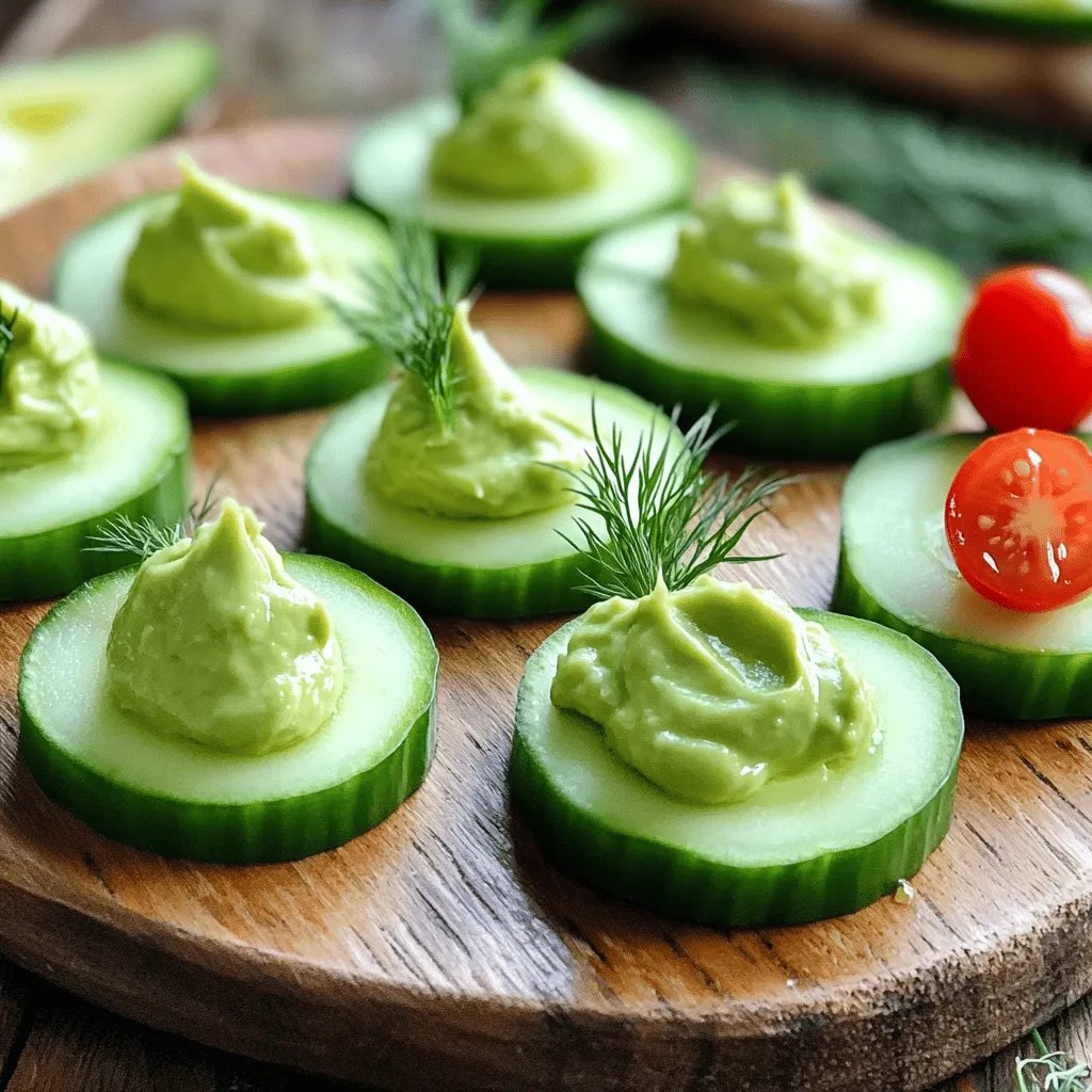- 1 large cucumber - 1 ripe avocado - 1 tablespoon Greek yogurt or sour cream - 1 teaspoon fresh lemon juice - 1 clove garlic, finely minced - Salt and black pepper to taste - Fresh dill or parsley, for garnish - Optional: Cherry tomatoes, halved for topping In this recipe, the cucumber serves as a crunchy base for our snack. Choose a large cucumber that feels firm. It should have a smooth skin and be free of blemishes. The avocado adds creaminess and a rich flavor. A ripe avocado will give the best taste, so check for slight softness when you press it. The Greek yogurt or sour cream enhances the dip, adding tang and richness. For a burst of brightness, we use fresh lemon juice. It brightens the flavors. The minced garlic gives a nice kick and depth. You can adjust the salt and black pepper to your taste. Garnishing with fresh dill or parsley not only looks great but also adds fresh notes. If you like, you can top each cucumber slice with a cherry tomato half for extra color and flavor. This simple mix is not just tasty; it’s also healthy! You can make these cucumber bites quickly. For the full recipe, check out the steps that follow. Enjoy! 1. Start by washing the cucumber. Rinse it under cool running water. 2. Using a sharp knife, slice the cucumber into even round discs. Aim for about 1/4 inch thick. 3. Now, arrange the cucumber slices neatly on a serving platter. Make it look nice, as this will impress your guests. 1. In a medium bowl, scoop out one ripe avocado. 2. Mash the avocado with a fork or potato masher until it is smooth and creamy. 3. Add one tablespoon of Greek yogurt or sour cream to the bowl. 4. Pour in one teaspoon of fresh lemon juice, and add one finely minced clove of garlic. 5. Sprinkle salt and black pepper to taste. 6. Mix everything together until you have a creamy dip. 1. Take about half a tablespoon of the avocado dip. 2. Carefully spread it on top of each cucumber slice. Make sure each slice gets a nice layer. 3. For a great touch, sprinkle fresh dill or chopped parsley on top. 4. You can also place a half cherry tomato on each bite for extra color and taste. These steps will help you create a fresh and tasty snack in just 5 minutes. Don’t forget to check the [Full Recipe] for more details! - Selecting a ripe avocado for best flavor: Look for an avocado that feels slightly soft when pressed gently. A ripe avocado has smooth skin and a deep green color. Avoid hard avocados as they won’t blend well. - Picking the right cucumber variety: I prefer Persian or English cucumbers for this snack. They are sweeter and have fewer seeds. Regular cucumbers work too but may be more watery. - Arranging bites for visual appeal: Place cucumber slices in a circle on a bright platter. This draws the eye. Make sure the avocado dip is heaped on each slice for a beautiful look. - Using colorful garnishes: Fresh herbs like dill or parsley add a pop of green. You can also use cherry tomato halves for a splash of red. This adds fun color and makes the dish more inviting. - Best pairings for the snack: These cucumber bites pair well with a glass of iced tea or lemonade. For a heartier option, serve them with whole-grain crackers. - Ideal occasions for serving: These snacks work great at parties, picnics, or just a fun family lunch. They are quick and simple, making them perfect for any gathering. {{image_4}} You can try different dips with your cucumber bites. A yogurt-based dip works great. You can use Greek yogurt or sour cream. If you want a twist, make a creamy hummus dip. Just blend chickpeas, tahini, and lemon juice. For the avocado dip, add spices like cumin or chili powder for more flavor. To make your cucumber bites pop, change up the toppings. Crumbled feta cheese adds a nice salty kick. You could also sprinkle some chopped olives for a briny taste. For fun, try serving the bites on a veggie platter or skewers. This way, they look colorful and inviting. Need some dietary options? You can easily make the dip vegan. Replace Greek yogurt with a plant-based yogurt. You can also skip the yogurt and use more avocado. For gluten-free choices, serve the cucumber bites as they are. They are naturally gluten-free and perfect for everyone. Explore these variations to make your snack even more delightful! To keep your cucumber bites fresh, store them in an airtight container. Place a paper towel inside the container to absorb extra moisture. This helps the cucumbers stay crisp. You can enjoy cucumber bites for up to two days if stored this way. For the dip, keep it in a separate airtight container. It stays fresh for about three days in the fridge. If you have leftover dip, use it as a spread on sandwiches. It also works well as a dressing for salads. You can even mix it into pasta for a creamy flavor boost. If you have extra cucumbers, try adding them to your salads or smoothies for a fresh taste. To keep cucumbers crisp, avoid cutting them until you are ready to eat. Store them whole in the fridge. For avocados, use lemon or lime juice to stop them from browning. Place plastic wrap tightly over the cut surface before putting them in the fridge. This helps maintain their bright color. Cucumber bites stay fresh for about 24 hours. Store them in an airtight container. This helps keep the cucumber crunchy. Avoid letting them sit out too long. If they get warm, they may become soggy. For the best taste, eat them soon after making. Yes, you can make the avocado dip ahead of time. Store it in the fridge for up to two days. To keep it fresh, use plastic wrap. Press it directly onto the surface of the dip. This keeps air out and stops browning. When ready to serve, stir it again for a smooth texture. Cucumbers are versatile and great for many snacks. You can slice them for salads or add them to wraps. Try making cucumber sandwiches for a fresh twist. You can also pickle them for a tangy treat. Explore different dips like tzatziki or hummus for new flavors. This blog post covered how to create tasty cucumber bites with avocado dip. We explored the main ingredients, step-by-step instructions, and tips for best results. You can vary the dip, adjust presentation, and even modify recipes for dietary needs. Store leftovers wisely to keep things fresh. Enjoy making these snacks for any occasion! They are easy, healthy, and fun. You’ll impress your friends and family with this simple treat.