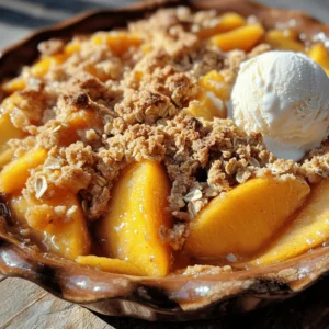 - 4 ripe peaches, peeled and sliced - 1 tablespoon fresh lemon juice - 1 cup old-fashioned rolled oats - 1/2 cup all-purpose flour - 1/2 cup packed brown sugar - 1/2 teaspoon ground cinnamon - 1/4 teaspoon fine sea salt - 1/2 cup unsalted butter, melted - Creamy vanilla ice cream for serving - Fresh mint leaves for presentation When you make peach crumble, the ingredients matter. Fresh peaches create a sweet base. I use ripe peaches for the best flavor. The lemon juice brightens the fruit and adds a nice zing. The topping is where the magic happens. Old-fashioned rolled oats give it a chewy texture. The flour and brown sugar blend to form a sweet crumb. Cinnamon adds warmth, while sea salt balances the sweetness. Melted butter ties everything together. This mixture creates a crunchy topping over the soft peaches. If you want to elevate your dish, top it with creamy vanilla ice cream. The cold ice cream melts and creates a delightful finish. Fresh mint leaves add a pop of color and flavor. For the full recipe, check out the instructions above. Enjoy your peach crumble, and let the flavors shine! - Preheat your oven to 350°F (175°C). This helps the crumble bake evenly and brown nicely. - Prepare the peach filling by mixing 4 ripe peaches, 1 tablespoon of fresh lemon juice, 1/3 cup of granulated sugar, and 1 teaspoon of pure vanilla extract in a bowl. Toss gently until the peaches are well coated. - In another bowl, mix 1 cup of old-fashioned rolled oats, 1/2 cup of all-purpose flour, 1/2 cup of packed brown sugar, 1/2 teaspoon of ground cinnamon, and 1/4 teaspoon of fine sea salt. This mixture will be the delicious topping. - Pour 1/2 cup of melted unsalted butter over the dry mix. Stir gently until you see a crumbly texture. Aim for small, even crumbs that will bake well. - Transfer the peach mixture into a greased 9-inch pie dish. Spread it out evenly for even cooking. - Evenly distribute the crumbly topping over the peaches. Make sure every bit of fruit is covered. - Place the dish in the preheated oven. Bake for 30-35 minutes until the top is golden brown and the peaches bubble. - Once baked, take the crumble out and let it cool for a few minutes. This helps the filling set. For a treat, serve it warm with creamy vanilla ice cream on top. For the full recipe, check the details provided above. Choosing the right peaches Use ripe, fresh peaches for the best taste. Look for ones that are slightly soft to the touch. They should smell sweet and fragrant. Yellow peaches work well, but you can also try white peaches. Don’t use overripe peaches, as they can make the crumble soggy. Adjusting sweetness to taste Sweetness is key for a great peach crumble. Taste the peaches before adding sugar. If they are very sweet, use less sugar. If they are tart, add more sugar to balance the flavors. Lemon juice helps brighten the taste and keeps the peaches fresh. Factors affecting baking time Baking time can change based on your oven and dish. A glass dish may cook faster than a metal one. The size of your peach slices also matters. Smaller pieces cook quicker than larger ones. Keep an eye on the crumble as it bakes. Checking for doneness Look for a golden-brown top and bubbling fruit. Insert a fork or knife into the topping. It should be crisp and crumbly. If you see juices bubbling around the edges, the crumble is ready. Let it cool slightly before serving. Best additions to your peach crumble Serve your peach crumble warm for the best flavor. Add a scoop of creamy vanilla ice cream on top. It melts and makes the dish extra special. You can also drizzle caramel sauce for a sweet touch. Creative serving ideas for impressing guests For a fun twist, serve the crumble in individual ramekins. Top each with a mint leaf for color. You can also add a dollop of whipped cream. This makes it look fancy while keeping it simple. Try these ideas to wow your guests with your peach crumble. {{image_4}} You can make this peach crumble gluten-free. Start by substituting regular flour with gluten-free flour. Look for blends that work well in baking. They will help keep the crumble light and tasty. Next, make sure to use certified gluten-free oats. This ensures no gluten has touched your oats during processing. You will still get that lovely, chewy texture from the oats. To make a vegan peach crumble, you can easily replace the butter. Use plant-based butter or coconut oil instead. Both options provide a rich flavor without any dairy. Also, consider adjusting the sweeteners. Instead of regular sugar, try coconut sugar or maple syrup. These options add a unique taste and keep it vegan-friendly. While peaches are delicious, you can mix in other fruits. Consider adding berries, like blueberries or raspberries. They will add a burst of color and flavor to your crumble. You might also create seasonal variations. In fall, try adding apples or pears. This keeps your dessert fresh and exciting all year round. To keep your peach crumble fresh, store it in the fridge. Use an airtight container to prevent it from drying out. It stays good for about 3 to 5 days. If you cover it well, the flavors will stay nice. When you want to enjoy your crumble again, you can reheat it in the oven or microwave. For the oven, set it to 350°F (175°C) and warm it for about 15 minutes. This method keeps the topping crispy. If you use the microwave, heat it in short bursts. This way, you avoid making the topping soggy. You can freeze peach crumble before or after baking. If you freeze it before, wrap it tightly in plastic wrap. This way, it stays fresh. To freeze after baking, let it cool completely first. Then, store it in an airtight container. Thaw it in the fridge overnight before reheating. For best results, reheat in the oven to keep that nice crunch. Enjoy every bite! Choose ripe, sweet peaches for the best flavor. Look for peaches that yield slightly to gentle pressure. They should have a warm, golden hue. Avoid hard peaches, as they won’t soften enough in baking. Freestone peaches work well since the pit releases easily. You can also use clingstone peaches, but be careful when slicing. Yes, you can prepare the filling a day in advance. Mix the sliced peaches, lemon juice, sugar, and vanilla, then store it in the fridge. When you are ready to bake, make the topping fresh. This keeps it crunchy. You can also assemble it the night before and bake it in the morning. To achieve a crunchy topping, ensure your butter is melted but not hot. Mix the dry ingredients and butter until it resembles coarse crumbs. Adding nuts like almonds or pecans can also enhance crunchiness. Bake until the topping is golden. If it seems soft, a few extra minutes in the oven can help. Yes, peach crumble can be made vegan! Use plant-based butter instead of regular butter. You can also swap granulated sugar for coconut sugar or other vegan-friendly options. Ensure your vanilla extract is pure and not flavored. This way, everyone can enjoy the dessert! Peach crumble lasts about 3 to 5 days in the fridge. Store it in an airtight container to keep it fresh. To avoid sogginess, don't cover it too tightly. If you want to keep it longer, consider freezing portions. Just reheat in the oven for the best texture. For the full recipe, check out the Peach Paradise Crumble above! In this post, we covered how to make a delicious peach crumble. We discussed the fresh ingredients needed, from ripe peaches to tasty toppings. I shared step-by-step instructions, tips for perfect baking, and variations like gluten-free and vegan options. Remember, choose the right peaches and adjust sweetness for your taste. Whether you enjoy it warm with ice cream or explore different fruits, your peach crumble will impress. Enjoy creating this tasty treat and sharing it with others!