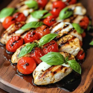 - 2 boneless, skinless chicken breasts - 1 cup cherry tomatoes, halved - 8 oz fresh mozzarella, sliced - 1 cup fresh basil leaves - 3 tablespoons balsamic glaze - 2 tablespoons olive oil - 2 cloves garlic, minced - Salt and pepper to taste - Side dish suggestions: Grilled veggies, garlic bread, or a light salad - Wine pairings: A crisp white wine or a light red complements the dish To make Grilled Chicken Caprese a true summer delight, you need fresh and high-quality ingredients. The chicken breasts should be tender and juicy. Cherry tomatoes add a sweet burst of flavor. Fresh mozzarella brings creaminess, while basil provides a fragrant touch. The balsamic glaze ties all the flavors together with its tangy sweetness. For the marinade, olive oil and minced garlic create a rich base. Salt and pepper enhance the chicken’s natural taste. You can adjust these seasonings to your preference. If you want to elevate your meal, consider adding grilled veggies as a side. They add color and nutrition. A light salad can be refreshing too. Pair your dish with a crisp white wine, like Sauvignon Blanc. Or choose a light red, such as Pinot Noir, for a nice balance. These ingredients combine to create a beautiful and tasty dish. You can find the full recipe to guide you through the steps for this delightful meal. 1. Preheat your grill to medium-high heat. This step helps you get a nice sear on the chicken. 2. In a small bowl, mix 2 tablespoons of olive oil, 2 cloves of minced garlic, salt, and pepper. This makes a tasty marinade. 3. Coat each chicken breast with the marinade. Let it sit for about 15 minutes. This time helps the chicken soak up flavors. 1. Place the marinated chicken on the grill. Grill each side for 6-7 minutes. 2. Check the internal temperature. It should reach 165°F (75°C) for safe eating. This ensures juicy and well-cooked chicken. 1. In a bowl, toss 1 cup of halved cherry tomatoes with a pinch of salt and a drizzle of olive oil. This enhances their sweetness. 2. After grilling, let the chicken rest for a few minutes. This keeps the juices inside. 3. Slice the chicken into thick strips. Arrange them nicely on a serving platter. 4. Layer fresh mozzarella slices and the seasoned cherry tomatoes over the chicken. 5. Top with fresh basil leaves and drizzle balsamic glaze over the dish. This adds a burst of flavor. You can find the full recipe to explore all the details. Enjoy your Grilled Chicken Caprese! To get those perfect grill marks, heat your grill well. Start with medium-high heat for about 10 minutes. This helps create a nice sear. Place the chicken on the grill without moving it for about 6-7 minutes. This gives it time to form those beautiful marks. To avoid overcooking your chicken, use a meat thermometer. The chicken should reach 165°F (75°C). If you don't have a thermometer, cut into the thickest part. The juices should run clear, not pink. Letting the chicken rest for a few minutes after grilling keeps it juicy. For attractive plating, use a large white plate. White plates make colors pop. Arrange the chicken slices in a fan shape. Layer the mozzarella and tomatoes on top. This creates a colorful, eye-catching dish. For garnishing, use fresh basil leaves. They add color and a fresh scent. Drizzle balsamic glaze on top for a classy finish. You can also put a small bowl of extra glaze on the side. This gives your guests a chance to add more if they like. To enhance flavor, try adding herbs like oregano or thyme. These add depth to your dish. A sprinkle of crushed red pepper can bring some heat. You can also experiment with glazes and sauces. Try a honey mustard glaze for sweetness. A garlic-lemon sauce can add a zesty kick. These small changes can elevate the dish even more. For the full recipe, be sure to check the detailed instructions above. {{image_4}} You can switch the chicken for other proteins. Turkey breasts work well. They have a similar taste and texture. Pork tenderloin is another great choice. It adds a nice flavor. For a vegetarian twist, try grilled eggplant. Cut it into thick slices and grill until soft. It gives a great texture and absorbs flavors well. Feel free to swap cheeses for variety. Burrata offers a creamy touch to your dish. Goat cheese can also add a tangy flavor. For veggies, use seasonal picks. Zucchini or bell peppers can add color and taste. They grill well and blend nicely with the dish. Caprese can go beyond the plate. Try it as a pasta dish. Toss cooked pasta with grilled chicken, tomatoes, and cheese. Drizzle with olive oil and herbs for a fresh meal. You can also make a Caprese salad. Layer sliced chicken, tomatoes, and cheese on a bed of greens. Drizzle with balsamic glaze for extra flavor. Another fun idea is to add different dressings. A lemon vinaigrette can brighten the dish. To store leftover Grilled Chicken Caprese, use airtight containers. Glass or BPA-free plastic containers work well. Let the dish cool down before sealing it. This helps to keep moisture in and prevents sogginess. Store the leftovers in your fridge for up to three days. When reheating grilled chicken, the safest way is in the oven. Preheat your oven to 350°F (175°C). Place the chicken on a baking tray and cover it with foil. Heat for about 15-20 minutes. This keeps the chicken moist. To keep the Caprese fresh, add the mozzarella and basil after reheating. This way, they stay nice and flavorful. If you want to store Grilled Chicken Caprese for longer, freezing is a great option. Wrap each chicken piece tightly in plastic wrap. Then, place them in a freezer-safe bag. Label with the date, and they can last for up to three months. When ready to eat, thaw the chicken overnight in the fridge. For reheating, use the oven again to keep the taste and texture just right. Grill chicken breasts for 6 to 7 minutes per side. The goal is to reach an internal temperature of 165°F (75°C). This time ensures your chicken stays juicy and tender. Use a meat thermometer for accuracy. If you don't have one, check that the juices run clear. Overcooking can dry out the chicken, so keep an eye on it. Yes, you can prep the Caprese ahead of time. Marinate the chicken and store it in the fridge for up to 2 hours. This will enhance the flavor. You can also cut the tomatoes and mozzarella earlier in the day. Just keep them in the fridge until you're ready to assemble. Fresh basil should be added just before serving to keep it vibrant. Great sides include a light salad or garlic bread. A simple arugula salad with lemon dressing pairs well. Grilled vegetables, like zucchini and bell peppers, add a nice touch too. If you want something heartier, serve with pasta tossed in olive oil and herbs. These sides will complement your Grilled Chicken Caprese perfectly. Check the Full Recipe for more inspiration. You learned how to make a delicious Grilled Chicken Caprese. We covered the key ingredients, like fresh basil and mozzarella, and the important steps to grill chicken perfectly. I also shared tips for presentation and ways to swap ingredients for variety. As you cook this dish, remember to have fun with it. Feel free to experiment with flavors and sides. Enjoy each bite of this fresh meal with family and friends!