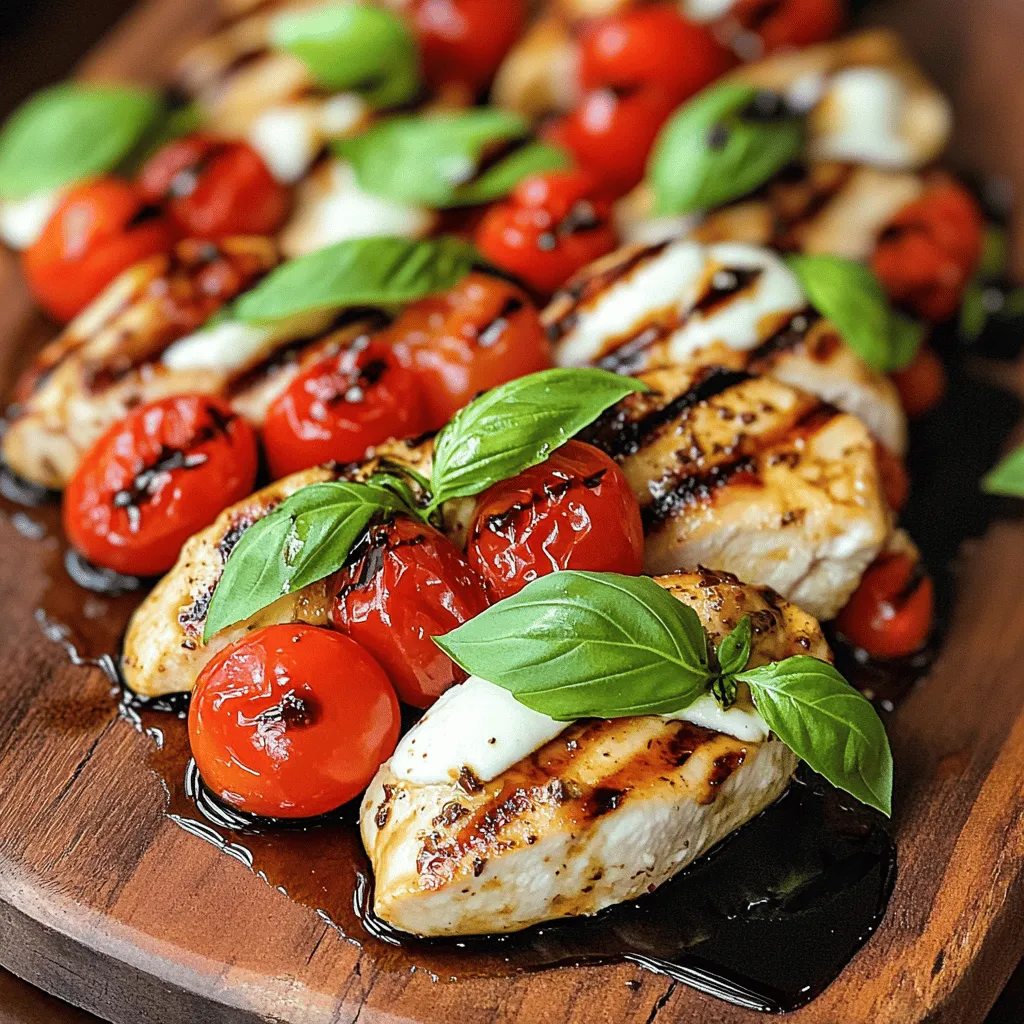 - 2 boneless, skinless chicken breasts - 1 cup cherry tomatoes, halved - 8 oz fresh mozzarella, sliced - 1 cup fresh basil leaves - 3 tablespoons balsamic glaze - 2 tablespoons olive oil - 2 cloves garlic, minced - Salt and pepper to taste - Side dish suggestions: Grilled veggies, garlic bread, or a light salad - Wine pairings: A crisp white wine or a light red complements the dish To make Grilled Chicken Caprese a true summer delight, you need fresh and high-quality ingredients. The chicken breasts should be tender and juicy. Cherry tomatoes add a sweet burst of flavor. Fresh mozzarella brings creaminess, while basil provides a fragrant touch. The balsamic glaze ties all the flavors together with its tangy sweetness. For the marinade, olive oil and minced garlic create a rich base. Salt and pepper enhance the chicken’s natural taste. You can adjust these seasonings to your preference. If you want to elevate your meal, consider adding grilled veggies as a side. They add color and nutrition. A light salad can be refreshing too. Pair your dish with a crisp white wine, like Sauvignon Blanc. Or choose a light red, such as Pinot Noir, for a nice balance. These ingredients combine to create a beautiful and tasty dish. You can find the full recipe to guide you through the steps for this delightful meal. 1. Preheat your grill to medium-high heat. This step helps you get a nice sear on the chicken. 2. In a small bowl, mix 2 tablespoons of olive oil, 2 cloves of minced garlic, salt, and pepper. This makes a tasty marinade. 3. Coat each chicken breast with the marinade. Let it sit for about 15 minutes. This time helps the chicken soak up flavors. 1. Place the marinated chicken on the grill. Grill each side for 6-7 minutes. 2. Check the internal temperature. It should reach 165°F (75°C) for safe eating. This ensures juicy and well-cooked chicken. 1. In a bowl, toss 1 cup of halved cherry tomatoes with a pinch of salt and a drizzle of olive oil. This enhances their sweetness. 2. After grilling, let the chicken rest for a few minutes. This keeps the juices inside. 3. Slice the chicken into thick strips. Arrange them nicely on a serving platter. 4. Layer fresh mozzarella slices and the seasoned cherry tomatoes over the chicken. 5. Top with fresh basil leaves and drizzle balsamic glaze over the dish. This adds a burst of flavor. You can find the full recipe to explore all the details. Enjoy your Grilled Chicken Caprese! To get those perfect grill marks, heat your grill well. Start with medium-high heat for about 10 minutes. This helps create a nice sear. Place the chicken on the grill without moving it for about 6-7 minutes. This gives it time to form those beautiful marks. To avoid overcooking your chicken, use a meat thermometer. The chicken should reach 165°F (75°C). If you don't have a thermometer, cut into the thickest part. The juices should run clear, not pink. Letting the chicken rest for a few minutes after grilling keeps it juicy. For attractive plating, use a large white plate. White plates make colors pop. Arrange the chicken slices in a fan shape. Layer the mozzarella and tomatoes on top. This creates a colorful, eye-catching dish. For garnishing, use fresh basil leaves. They add color and a fresh scent. Drizzle balsamic glaze on top for a classy finish. You can also put a small bowl of extra glaze on the side. This gives your guests a chance to add more if they like. To enhance flavor, try adding herbs like oregano or thyme. These add depth to your dish. A sprinkle of crushed red pepper can bring some heat. You can also experiment with glazes and sauces. Try a honey mustard glaze for sweetness. A garlic-lemon sauce can add a zesty kick. These small changes can elevate the dish even more. For the full recipe, be sure to check the detailed instructions above. {{image_4}} You can switch the chicken for other proteins. Turkey breasts work well. They have a similar taste and texture. Pork tenderloin is another great choice. It adds a nice flavor. For a vegetarian twist, try grilled eggplant. Cut it into thick slices and grill until soft. It gives a great texture and absorbs flavors well. Feel free to swap cheeses for variety. Burrata offers a creamy touch to your dish. Goat cheese can also add a tangy flavor. For veggies, use seasonal picks. Zucchini or bell peppers can add color and taste. They grill well and blend nicely with the dish. Caprese can go beyond the plate. Try it as a pasta dish. Toss cooked pasta with grilled chicken, tomatoes, and cheese. Drizzle with olive oil and herbs for a fresh meal. You can also make a Caprese salad. Layer sliced chicken, tomatoes, and cheese on a bed of greens. Drizzle with balsamic glaze for extra flavor. Another fun idea is to add different dressings. A lemon vinaigrette can brighten the dish. To store leftover Grilled Chicken Caprese, use airtight containers. Glass or BPA-free plastic containers work well. Let the dish cool down before sealing it. This helps to keep moisture in and prevents sogginess. Store the leftovers in your fridge for up to three days. When reheating grilled chicken, the safest way is in the oven. Preheat your oven to 350°F (175°C). Place the chicken on a baking tray and cover it with foil. Heat for about 15-20 minutes. This keeps the chicken moist. To keep the Caprese fresh, add the mozzarella and basil after reheating. This way, they stay nice and flavorful. If you want to store Grilled Chicken Caprese for longer, freezing is a great option. Wrap each chicken piece tightly in plastic wrap. Then, place them in a freezer-safe bag. Label with the date, and they can last for up to three months. When ready to eat, thaw the chicken overnight in the fridge. For reheating, use the oven again to keep the taste and texture just right. Grill chicken breasts for 6 to 7 minutes per side. The goal is to reach an internal temperature of 165°F (75°C). This time ensures your chicken stays juicy and tender. Use a meat thermometer for accuracy. If you don't have one, check that the juices run clear. Overcooking can dry out the chicken, so keep an eye on it. Yes, you can prep the Caprese ahead of time. Marinate the chicken and store it in the fridge for up to 2 hours. This will enhance the flavor. You can also cut the tomatoes and mozzarella earlier in the day. Just keep them in the fridge until you're ready to assemble. Fresh basil should be added just before serving to keep it vibrant. Great sides include a light salad or garlic bread. A simple arugula salad with lemon dressing pairs well. Grilled vegetables, like zucchini and bell peppers, add a nice touch too. If you want something heartier, serve with pasta tossed in olive oil and herbs. These sides will complement your Grilled Chicken Caprese perfectly. Check the Full Recipe for more inspiration. You learned how to make a delicious Grilled Chicken Caprese. We covered the key ingredients, like fresh basil and mozzarella, and the important steps to grill chicken perfectly. I also shared tips for presentation and ways to swap ingredients for variety. As you cook this dish, remember to have fun with it. Feel free to experiment with flavors and sides. Enjoy each bite of this fresh meal with family and friends!