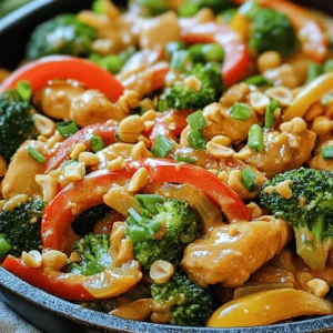 - 1 pound boneless, skinless chicken breasts, thinly sliced into strips - 2 tablespoons vegetable oil - 1 bell pepper (any color), cut into thin slices - 1 medium onion, sliced into thin wedges - 2 cups fresh broccoli florets - 2 cloves garlic, minced - 1 tablespoon fresh ginger, finely grated - 1/4 cup creamy peanut butter - 1/4 cup low-sodium soy sauce - 1 tablespoon freshly squeezed lime juice - 1 tablespoon honey - 1 teaspoon red chili flakes (adjust based on your heat preference) The main ingredients create a balance of protein, crunch, and flavor. The chicken gives your dish a hearty base. It cooks quickly and soaks up the sauce well. Fresh veggies like bell peppers and broccoli add color and nutrients. Garlic and ginger boost the flavor profile, making every bite exciting. - 1/4 cup sliced green onions (for garnish) - Chopped roasted peanuts (for garnish) Garnishes make your dish pop. Green onions add a fresh taste and a nice crunch. Roasted peanuts provide a delightful texture and enhance the peanut flavor. - Jasmine rice - Rice noodles Serving Thai Peanut Chicken Stir-Fry over jasmine rice or rice noodles makes it a complete meal. The rice absorbs the sauce, while noodles offer a fun twist. Pairing these sides elevates the experience and makes your dinner feel special. You can find the full recipe for this tasty dish to start cooking today! To make your Thai Peanut Chicken Stir-Fry perfect, start with the chicken. Use boneless, skinless chicken breasts. Slice them into thin strips for quick cooking. Heat vegetable oil in a large skillet over medium-high heat. When the oil is hot, add the chicken. Stir-fry it for about 5-7 minutes. Look for golden brown color and ensure it is fully cooked. Once done, take the chicken out and set it aside. This keeps it juicy and prevents overcooking. Next, let’s sauté the veggies. In the same skillet, toss in sliced onion, bell pepper, and broccoli florets. Stir-fry them for around 4-5 minutes. You want them tender but still crisp. This keeps the flavors bright and fresh. After that, add minced garlic and grated ginger. Cook these for about 1 minute. When you smell their aroma, you’ll know they are ready. While the veggies cook, it’s time to make the peanut sauce. In a small bowl, mix creamy peanut butter, low-sodium soy sauce, lime juice, honey, and red chili flakes. Use a whisk to combine the ingredients until smooth. This sauce brings all the flavors together. Once mixed well, you can pour it over the chicken and veggies later. For full details and timing, check the Full Recipe. To get the right spice level in your Thai Peanut Chicken Stir-Fry, use red chili flakes. Start with one teaspoon. If you like it spicier, add more. Taste your dish as you cook. This way, you can adjust it to fit your taste. Remember, a little heat can enhance the flavors. For stir-frying, I recommend using a large skillet or wok. A non-stick pan works well, too. A wide base helps food cook quickly and evenly. Look for a pan with a flat bottom to ensure good heat contact. This helps get that nice sear on your chicken and veggies. Prep your ingredients before you start cooking. Slice the chicken, chop the veggies, and measure the sauce ingredients ahead of time. This makes cooking smooth and fast. You can even do this the night before. Keep everything in the fridge. This way, when you are ready to cook, you save time and stress. For veggies, try to cut them into similar sizes. This helps them cook at the same rate. {{image_4}} If you want to switch up the protein, you have great options. Tofu is a fantastic choice for a vegetarian twist. It soaks up the sauce well and adds a nice texture. Shrimp is another tasty alternative. It cooks quickly and adds a seafood flair. You can also use beef if you prefer a heartier dish. Just slice it thin and cook it until it’s tender. You can play with the vegetables to change the flavor. Instead of broccoli, try snap peas for a sweet crunch. Carrots add a pop of color and sweetness. Bell peppers are great too; use different colors for visual appeal. Zucchini can make the dish lighter and is easy to cook. Feel free to mix and match your favorites! For a low-fat version, you can use light peanut butter. It has less fat but still tastes great. If you want a vegan option, substitute honey with maple syrup. You can also use tamari instead of soy sauce for a gluten-free option. These changes keep the flavor while catering to different diets. Check out the Full Recipe for the perfect balance of flavors! To keep your Thai Peanut Chicken Stir-Fry fresh, store leftovers in airtight containers. Glass containers are great as they don’t hold odors and keep the food fresh. If you use plastic, ensure it’s BPA-free. Divide the stir-fry into single servings for easy reheating later. When reheating, the best method is using the stove. Heat a skillet over medium heat. Add a splash of water or oil to prevent sticking. Stir gently to keep the chicken and veggies tender. You can also use a microwave, but stir halfway through to heat evenly. If you want to freeze, let the stir-fry cool first. Place it in freezer-safe containers. Make sure to leave some space for expansion. To enjoy later, thaw in the fridge overnight. Reheat in a skillet for the best texture. This method keeps your meal tasty and fresh. For the Full Recipe, visit the main article. You can make your stir-fry spicier by adding more red chili flakes. Start with 1 teaspoon and adjust to your taste. You can also add fresh sliced chili peppers. Thai bird’s eye chilies work well. Another option is to drizzle some sriracha sauce before serving. Just remember, a little heat goes a long way! Yes, you can use crunchy peanut butter! This swap adds a nice texture to your dish. The chunks of peanuts give a delightful crunch. If you choose crunchy, make sure to mix it well into the sauce. This helps it blend better with the other ingredients. Just remember, the creamy version creates a smoother sauce. Definitely! Thai Peanut Chicken Stir-Fry is great for meal prep. To prepare in advance, cook the chicken and veggies, then store them in airtight containers. Keep the sauce separate until you are ready to eat. This helps keep everything fresh and tasty. When you're ready, just heat it up and mix in the sauce. Enjoy your meal without the fuss! For more detailed steps, check the Full Recipe. This blog post explored making a delicious Thai Peanut Chicken Stir-Fry. We covered key ingredients, from chicken and veggies to peanut sauce. You learned step-by-step cooking techniques for stir-frying chicken and sautéing vegetables. I shared tips to enhance flavor, suggested variations, and explained storage methods. By trying this recipe, you can enjoy a quick meal packed with flavor. Don’t hesitate to experiment with ingredients or spices to make it your own. Happy cooking!