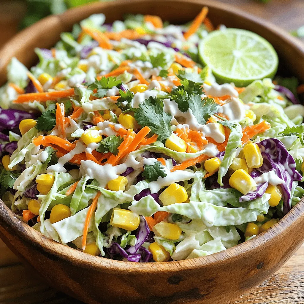 - 1 small head of green cabbage, finely shredded - 1 cup of purple cabbage, finely shredded - 1 large carrot, grated - 1 cup of corn (fresh or canned, thoroughly drained) - 1 medium red bell pepper, diced - 1 jalapeño, deseeded and minced (optional for an extra kick) - 1/4 cup of fresh cilantro, finely chopped - 1/4 cup of mayonnaise - 2 tablespoons of freshly squeezed lime juice - 1 tablespoon of honey (or agave syrup for a vegan alternative) - 1 teaspoon of ground cumin - Salt and black pepper to taste In this coleslaw, I love to combine both green and purple cabbage. The colors make it pop! The sweet crunch of corn and the crisp red bell pepper give it great texture. If you like a little heat, add jalapeño. Just be sure to remove the seeds first. For the dressing, I blend mayonnaise with lime juice and honey. This adds creaminess and a tangy flavor. Ground cumin brings warmth, while salt and pepper balance everything out. You can adjust these to suit your taste. This fresh mix creates a vibrant side dish. I often serve it with tacos or grilled meats. You can find the full recipe above to make this easy Mexican coleslaw. Enjoy! - Combine shredded cabbages, carrot, corn, red bell pepper, jalapeño, and cilantro in a mixing bowl. - In a separate bowl, whisk together mayonnaise, lime juice, honey, cumin, salt, and pepper. To start, grab a large mixing bowl. I love using a big bowl so I have room to mix well. Add the finely shredded green cabbage and purple cabbage first. Then, toss in the grated carrot, corn, diced red bell pepper, minced jalapeño, and chopped cilantro. This mix not only adds flavor but also brings a rainbow of colors to your dish. Next, take a smaller bowl for the dressing. Whisk the mayonnaise, lime juice, honey, cumin, salt, and pepper together. Make sure it is smooth and well mixed. The lime juice adds tang, while honey gives it a nice touch of sweetness. - Drizzle dressing over the cabbage mixture and toss to combine. - Cover and refrigerate for 15 minutes to let flavors meld. Now, it's time to bring it all together! Drizzle the dressing over the colorful vegetable mix. Use a spatula to gently toss everything together. You want all the veggies to be coated evenly. This step makes sure every bite is bursting with flavor. After mixing, cover the bowl with plastic wrap or put the coleslaw in an airtight container. Place it in the fridge for at least 15 minutes. This short wait allows the flavors to blend beautifully. Trust me; it’s worth the wait! For the full recipe, check it out [here](#). To make your Easy Mexican Coleslaw even more tasty, think about spice. You can adjust the heat by changing the amount of jalapeño you use. If you want less heat, skip the jalapeño or use just a bit. For more flavor, add extra jalapeño. You can also try different herbs. Parsley adds a fresh taste, while mint gives a bright twist. This coleslaw shines when served cold. It works well as a side dish or as a topping for tacos and burritos. Want to save time? Make it a day ahead. Chilling overnight lets the flavors deepen and blend. I often do this to make sure it tastes its best! {{image_4}} To make a vegan version, swap mayonnaise for a vegan mayonnaise or yogurt alternative. This makes the coleslaw creamy without using eggs. You can also use agave syrup instead of honey for sweetness. It keeps the flavors fresh and light. You can make this coleslaw even better with add-ins. Adding black beans boosts nutrition and adds protein. Diced avocado gives it a creamy texture that pairs well with the crunch. If you want a different flavor, try swapping red bell pepper for another color pepper. Each color brings its own taste and vibe to the dish. Experiment and see what you like best! For the full recipe, check the earlier section. Store your coleslaw in an airtight container in the fridge for up to 3 days. This keeps it crisp and fresh. I recommend eating it within 24 hours for the best flavor. The crunch of the veggies shines when fresh. Freezing is not a good idea for this coleslaw. The texture of the vegetables changes when frozen. They become mushy and lose their nice bite. Enjoy this coleslaw fresh instead. Follow the Full Recipe for the best results. To make Easy Mexican Coleslaw, follow these steps for the best results: 1. Start by finely shredding a small head of green cabbage and a cup of purple cabbage. 2. Grate one large carrot and add it to the cabbages. 3. Mix in one cup of corn, fresh or canned and drained. 4. Dice one medium red bell pepper and add it to the bowl. 5. If you like spice, deseed and mince one jalapeño. Add it to the mix. 6. Chop a quarter cup of fresh cilantro and add it too. 7. In a separate bowl, whisk together a quarter cup of mayonnaise, two tablespoons of lime juice, one tablespoon of honey, and one teaspoon of ground cumin. 8. Add salt and black pepper to taste. 9. Drizzle the dressing over the cabbage mix. Toss gently to coat all ingredients. 10. Cover the bowl and chill in the fridge for at least 15 minutes. This helps flavors blend. Yes, you can make this coleslaw one day in advance. Making it ahead of time allows the flavors to enhance. Just store it in an airtight container in your fridge. The coleslaw will taste even better the next day. This coleslaw pairs well with many dishes. Serve it with grilled meats for a fresh side. It also works great with fish tacos. You can add it to burritos for extra crunch. Or, use it as part of a salad platter. This coleslaw adds color and taste to any meal. For the full recipe, check out the Zesty Fiesta Coleslaw! This Easy Mexican Coleslaw recipe includes fresh ingredients and simple steps. You mix shredded vegetables and a creamy dressing, enhancing flavor with optional spices. Feel free to adjust for vegan diets or add extra veggies. Store your coleslaw in the fridge for safety and freshness. By following the tips in this article, you'll create a tasty dish that everyone will enjoy. Enjoy making this bright and vibrant coleslaw at your next meal!