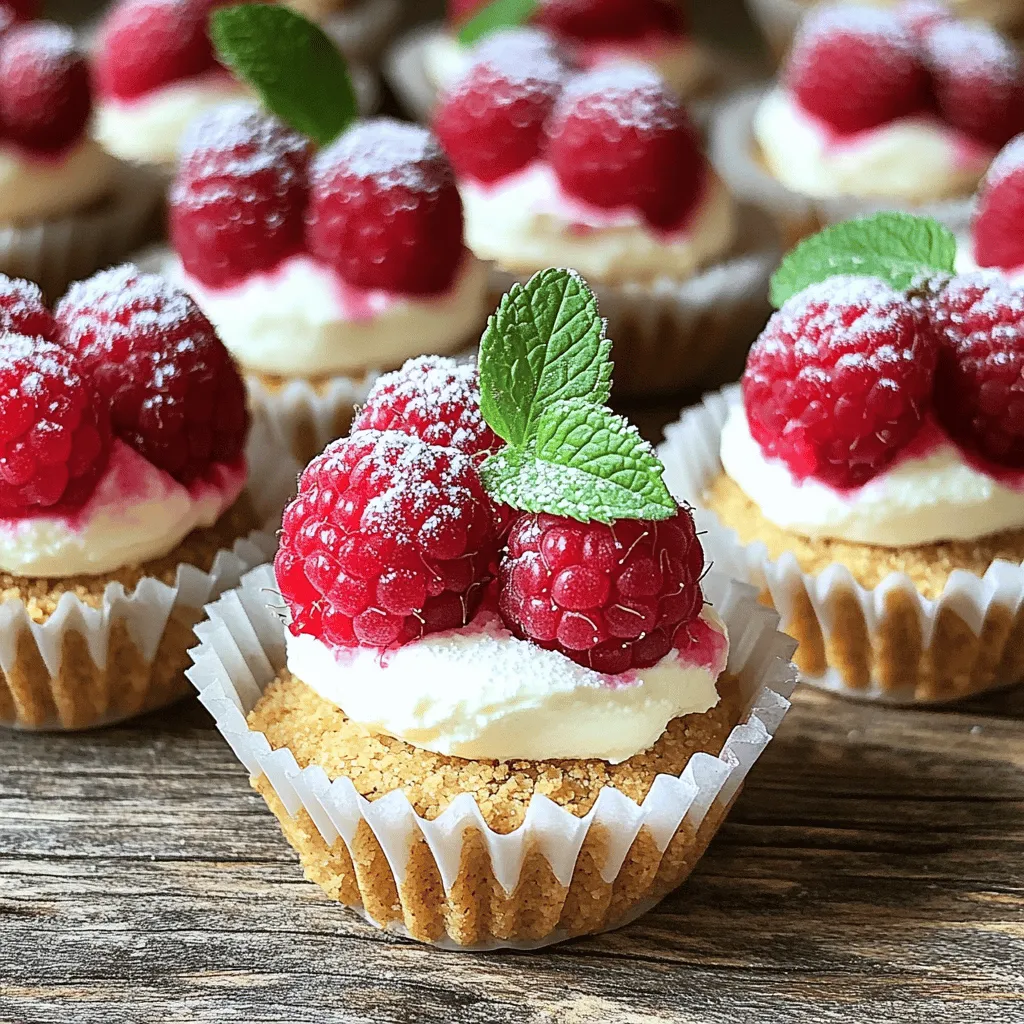 To make Raspberry Cream Cheese Bites, you will need: - 1 cup fresh raspberries - 8 oz cream cheese, softened at room temperature - 1/4 cup powdered sugar - 1 teaspoon pure vanilla extract - 1/2 cup graham cracker crumbs - 2 tablespoons unsalted butter, melted - Fresh mint leaves for garnish (optional) When choosing cream cheese, look for brands that use simple ingredients. Philadelphia is a solid choice, but local brands can be great too. For raspberries, fresh is best. Check for bright color and firmness. Avoid any that are mushy or have dark spots. Use organic powdered sugar for a cleaner taste. Always buy unsalted butter for better control of flavor. If you want a dairy-free option, use vegan cream cheese. There are many great brands available now. For a gluten-free version, swap graham crackers for gluten-free crumbs. You can also use almond flour or coconut flour. If you need a lower sugar option, try using stevia or a sugar substitute that measures like sugar. Making raspberry cream cheese bites is easy and fun. You will need about an hour to finish. Gather your ingredients first. This includes fresh raspberries, cream cheese, powdered sugar, and graham cracker crumbs. Preheat your oven to 350°F (175°C) to get started. 1. Preheat the Oven: Set the oven to 350°F (175°C). This is key to baking the bites perfectly. 2. Make the Cream Cheese Filling: In a mixing bowl, blend 8 oz of softened cream cheese with 1/4 cup powdered sugar and 1 teaspoon pure vanilla extract. Use a hand mixer or whisk until the mixture is smooth and creamy. 3. Prepare the Crust: In another bowl, mix 1/2 cup graham cracker crumbs with 2 tablespoons melted butter. Stir well until the crumbs look sandy. This will be the base for your bites. 4. Line the Pan: Grab a mini muffin pan. Line each cavity with mini cupcake liners. This helps with easy removal later. 5. Form the Crust: Press the graham cracker mixture into the bottom of each liner. Make sure it’s even and firm. 6. Add the Filling: Spoon the cream cheese mixture into each liner. Fill them about two-thirds full to leave room for the raspberries. 7. Top with Raspberries: Place a fresh raspberry on each filled bite. Gently press it down for better flavor in each bite. 8. Bake: Place the muffin pan in the preheated oven. Bake for 15-18 minutes. Look for slight golden edges and a set filling. 9. Cool: After baking, let the bites cool in the pan at room temperature. This helps them set well. 10. Chill: Transfer the cooled bites to the fridge for at least 30 minutes. This will firm them up nicely. 11. Garnish & Serve: If you like, add a fresh mint leaf on top of each bite. This adds color and freshness. Consider taking photos at each step. Show the mixing process, crust formation, and final presentation. A short video of the baking process can help too. This way, your readers can see how easy and fun it is to make these tasty treats! For the full recipe, check the earlier section. When making raspberry cream cheese bites, some mistakes can ruin the fun. One common error is overmixing the cream cheese. This can make it too soft. Mix just until smooth. Another mistake is filling the liners too full. Leave space at the top to help them bake evenly. Avoid using stale graham crackers. Fresh crumbs give the best taste and texture. To get a creamy filling, use room temperature cream cheese. Cold cream cheese won't mix well. For the crust, make sure to press down firmly. This helps it hold together. Bake them just until golden. Overbaking can dry them out. After baking, let them cool completely. Chilling them in the fridge makes them firm and tasty. Serve these bites on a nice plate to impress your guests. They look great with fresh raspberries on top. Add mint leaves for a splash of color. Pair them with a light tea or sparkling water. These bites also go well with a scoop of vanilla ice cream. For a fun twist, try them with chocolate sauce on the side. Check the Full Recipe for more tips! {{image_4}} You can change up the fruit on top of your bites. Try strawberries, blueberries, or peaches. Each fruit brings a new taste. You can also use a mix of fruits for a colorful twist. This keeps things fresh and fun every time you make them. For a gluten-free option, use gluten-free graham crackers. They work well and keep the same texture. If you need a dairy-free version, swap the cream cheese for a dairy-free cream cheese. You can find these in most grocery stores. These changes let anyone enjoy the bites without worry. You can make these bites in two sizes: mini and regular. Mini bites are perfect for parties or snacks. They are easy to grab and eat. Regular-sized bites are great for a more filling dessert. Just remember to adjust the baking time. Mini bites need about 10-12 minutes, while regular ones need 15-18 minutes. Enjoy your delicious treats in any size! To keep your Raspberry Cream Cheese Bites fresh, store them in an airtight container. Place a piece of parchment paper between layers to prevent sticking. This method helps to keep each bite intact and tasty. Always store them in the fridge, as the cream cheese filling needs to stay cool. These bites can last up to five days in the fridge. After that, they may lose their texture and flavor. If you notice any changes in smell or appearance, it’s best to toss them out. Always check before serving, especially if they have been stored for a while. You can freeze Raspberry Cream Cheese Bites for up to three months. First, let them cool completely. Then, place them in a single layer on a baking sheet and freeze until solid. Once frozen, transfer them to an airtight container or freezer bag. When ready to eat, thaw them in the fridge overnight. This way, you can enjoy these treats anytime! For the full recipe, refer to the earlier section. Yes, you can make Raspberry Cream Cheese Bites ahead of time. Prepare them and bake as directed. Once they cool, store them in the fridge. They taste great chilled. You can keep them for up to three days. This makes them perfect for parties or gatherings. If you need a cream cheese substitute, try mascarpone or ricotta cheese. These options provide a similar creamy texture. For a lighter choice, use Greek yogurt. It adds a tangy flavor while keeping the bites light. Adjust the sweetness by adding a bit more powdered sugar if needed. To know if the bites are done, look for golden edges. The filling should appear set, not jiggly. You can also gently touch the top; it should feel firm. If you’re not sure, use a toothpick. Insert it in the center; it should come out clean. Happy baking! This blog post covered all you need to know about making Raspberry Cream Cheese Bites. We looked at the ingredients, preparation steps, and tips to avoid common mistakes. You learned about variations and how to store them properly. Try different toppings and substitutions to suit your needs. With these bites, you get a fun treat full of flavor. Enjoy making your own delicious snacks with confidence and creativity!