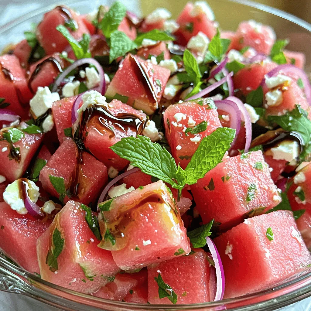 To make this salad, you need a few key ingredients. Here’s what you will use: - 4 cups watermelon, cut into 1-inch cubes - 1 cup feta cheese, crumbled - 1/2 cup fresh mint leaves, finely chopped - 1/4 cup red onion, thinly sliced - 2 tablespoons balsamic glaze - 1 tablespoon extra virgin olive oil - Salt and freshly ground pepper to taste Each ingredient plays a big role. The watermelon adds sweetness and juiciness. The feta brings a salty, creamy taste. Mint gives freshness, while red onion adds a nice crunch. You can customize the salad with extra ingredients. Here are some fun options: - Cucumber, diced for added crunch - Avocado, cubed for creaminess - Cherry tomatoes, halved for color - Arugula or spinach for greens These add-ins can change the flavor and texture. Feel free to mix and match based on what you like! Using fresh produce makes a big difference. Look for ripe watermelon with a uniform shape. It should feel heavy for its size. Choose feta cheese that is creamy and crumbly. Fresh mint should smell strong and look vibrant. For onions, pick ones that are firm with no soft spots. Always buy the best quality you can find for a tastier dish. For the full recipe, check out the Refreshing Watermelon Feta Fiesta! To start, grab your watermelon. Cut it into 1-inch cubes. Place the cubes in a large mixing bowl. Make sure they look nice and neat. This step is key for a great salad. The watermelon should be sweet and ripe for the best taste. Next, sprinkle crumbled feta cheese over the watermelon. This cheese adds a creamy taste. After that, add chopped fresh mint leaves and sliced red onion. These ingredients will bring bold flavors and colors to your dish. Then, drizzle balsamic glaze and olive oil on top. This adds sweetness and richness. Use a spatula to gently mix the salad. Be careful not to crush the watermelon. Cover the salad and place it in the fridge. Let it chill for about 10-15 minutes. This helps the flavors blend well. Right before serving, give it a light toss again. For a nice look, garnish with whole mint leaves. Serve in a large, shallow bowl. This way, everyone can see the bright colors. A drizzle of balsamic glaze around the bowl can make it even prettier. You can find the full recipe above. To pick the best watermelon, look for a uniform shape. A round or oval shape is ideal. Check for a yellow spot on the rind; this shows it sat on the ground and ripened properly. Gently tap the watermelon; if it sounds hollow, it’s ripe. A heavy watermelon means it has more juice inside. When mixing, be gentle. You want to keep the watermelon cubes intact. Start with the watermelon in a large bowl, then add feta and other ingredients on top. Use a spatula to lift and turn the mix. This helps keep everything intact. Toss lightly to avoid crushing the watermelon. For extra flavor, sprinkle salt right before serving. Salt brings out the sweetness of the watermelon. You can also add fresh herbs like basil or cilantro for a twist. A squeeze of lime juice can brighten the dish. Remember, balance is key; too much can overpower the salad. For a full guide to this delicious dish, check out the [Full Recipe]. {{image_4}} You can easily switch up your Easy Watermelon Feta Salad to give it a Mediterranean twist. Try adding sliced olives for a briny taste. You can also include chopped cucumbers for a nice crunch. Another great addition is cherry tomatoes. Their juicy sweetness complements the salty feta well. These ingredients bring a fresh and vibrant feel to the salad. Seasonal ingredients can elevate your salad. In summer, use ripe peaches or strawberries instead of watermelon. They provide sweetness and a juicy texture. In fall, consider adding roasted butternut squash for warmth. This swap offers a unique flavor and color. Each season brings new tastes, so don’t hesitate to experiment. While balsamic glaze is fantastic, feel free to get creative with dressings. A simple lemon vinaigrette adds brightness and zing. Just mix lemon juice, olive oil, salt, and pepper. If you prefer a creamier option, try a yogurt-based dressing. This adds a tangy flavor while keeping it light. Each dressing offers a new way to enjoy this salad. For more detailed instructions, check the Full Recipe. If you have leftover watermelon feta salad, store it in a sealed container. This keeps it fresh and tasty. Place it in the fridge for up to three days. If the salad has extra moisture, drain it before storing. This will help avoid sogginess. To keep your ingredients fresh, store watermelon and feta separately. Watermelon can release water, which can make feta soggy. Keep the mint leaves in a damp paper towel inside a bag. This will help them stay green and crisp longer. You can easily transform leftover salad into a new dish. Serve it on a bed of greens for a light lunch. Add grilled chicken or shrimp for protein. You can also blend it into a smoothie for a unique treat. Check out the Full Recipe for more ideas! To make Easy Watermelon Feta Salad, gather your ingredients first. You will need watermelon, feta cheese, fresh mint, red onion, balsamic glaze, extra virgin olive oil, salt, and pepper. 1. Cut the watermelon into 1-inch cubes and put them in a bowl. 2. Crumble the feta cheese over the watermelon. 3. Add chopped mint leaves and sliced red onion. 4. Drizzle balsamic glaze and olive oil on top. 5. Gently toss everything together. 6. Season with salt and pepper. 7. Chill for about 10-15 minutes before serving. For the full recipe, check out the details above. If you want to swap feta cheese, try using goat cheese or ricotta. These options give a similar creamy texture. You can also use a vegan cheese made from nuts or tofu. Each choice will add a unique flavor to your salad. You can prepare the salad ahead, but it’s best to wait to add the dressing. Mix the ingredients and store them in the fridge for a few hours. Just before serving, add the dressing to keep everything fresh. This blog post showed you how to make a refreshing Watermelon Feta Salad. We covered key ingredients, step-by-step instructions, and tips for the best flavor. You learned ways to switch up the recipe and how to store leftovers. This salad is easy and fun, perfect for any meal. With fresh fruits and cheese, you can make a tasty dish that everyone will enjoy. I hope you feel inspired to try it out soon!