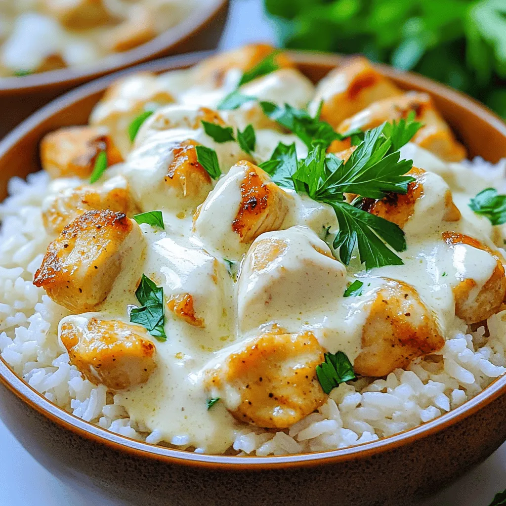 - 2 cups of cooked white or brown rice - 1 pound of boneless, skinless chicken breast, diced into bite-sized pieces - 2 tablespoons of olive oil - 1 teaspoon of garlic powder - 1 teaspoon of smoked paprika - 1 cup of heavy cream - 3 cloves of garlic, finely minced - 1 tablespoon of Dijon mustard - 1 tablespoon of fresh lemon juice - Fresh parsley, chopped, for garnish - Salt and black pepper, to taste - Optional extras for garnishing You need simple ingredients for this recipe. Start with your cooked rice. You can choose white or brown rice based on your taste. Next, you need chicken breast. I prefer using boneless and skinless chicken for this dish. It cooks faster and tastes great. Olive oil adds flavor and helps to brown the chicken nicely. For seasoning, garlic powder and smoked paprika bring depth to the dish. They add warmth and a bit of smokiness, making it more exciting. Now, let's talk about the creamy garlic sauce. Heavy cream makes it rich and smooth. Fresh garlic gives it a bright, bold flavor. Dijon mustard adds a tangy kick, while fresh lemon juice balances the richness. Don't forget the parsley! It is perfect for garnishing and adds a pop of color. For seasoning, always keep salt and black pepper on hand. They enhance all the flavors in this dish. You can also add optional extras like chili flakes or grated cheese for a fun twist. For the full recipe and step-by-step instructions, check out the Full Recipe. To start, heat olive oil in a large skillet over medium-high heat. When the oil shimmers, add the diced chicken. Sprinkle garlic powder, smoked paprika, salt, and black pepper on top. Cook the chicken for about 6-8 minutes. Stir it occasionally to cook evenly. To check if the chicken is done, look for a golden brown color. Cut a piece in half; it should be white inside with no pink. This means it's fully cooked and safe to eat. While the chicken cooks, it's time to make the creamy garlic sauce. In a separate saucepan, combine minced garlic and heavy cream. Heat this mix over medium heat and stir it gently. When it starts to simmer, mix in Dijon mustard and fresh lemon juice. Let it cook for another 2-3 minutes. Stir often until the sauce thickens slightly. If you want it thicker, you can let it simmer a bit longer. Just keep an eye on it to avoid burning. Now it's time to put everything together. Start by scooping cooked rice into a bowl. Top the rice with a good amount of the creamy garlic chicken. Make sure some sauce drizzles over the rice to give it extra flavor. To finish, sprinkle freshly chopped parsley on top. This adds a nice color and fresh taste to your dish. Enjoy your Easy Chicken & Rice Bowls with Creamy Garlic Sauce! For more details, check the Full Recipe. - Try using a mix of spices like cumin or chili powder. - Fresh herbs like basil and cilantro add great taste. - You can grill the chicken for a smoky flavor. - Baking is also an option; it keeps the chicken juicy. - For a healthier bowl, swap rice for quinoa or cauliflower rice. - To get the right sauce thickness, let it simmer longer. - Taste and adjust the garlic or lemon for your liking. {{image_4}} You can swap chicken for shrimp or tofu. Shrimp cooks quickly and adds a nice flavor. Just sauté them for 3-4 minutes until they turn pink. Tofu is great for a vegetarian option. Use firm tofu, press it to remove water, and sauté until golden. You can season it just like the chicken. Adding vegetables boosts nutrition and flavor. Try bell peppers, broccoli, or spinach. Just toss them in when you cook the chicken. You can also play with the sauce. For a lemon garlic twist, add lemon zest and juice. For an herb-infused sauce, try fresh thyme or rosemary. Both variations will elevate your dish. To store leftovers, place them in an airtight container. Keep them in the fridge for up to three days. When you reheat, use the microwave or a skillet. If using the microwave, cover the bowl to keep moisture in. Stir halfway for even heating. For freezing, use freezer-safe containers. Portion the chicken and rice separately. This way, they stay fresh longer. When you want to eat, thaw them in the fridge overnight. Reheat on the stove or microwave until hot. Enjoy your meal later! Yes, you can use brown rice. Brown rice has more fiber and nutrients. It takes longer to cook than white rice, about 40-45 minutes. If you choose brown rice, adjust the cooking time. You might want to soak it for a few hours to speed up cooking. The nutty flavor of brown rice adds a nice twist to your bowl. To make a dairy-free version, you can use coconut milk or almond milk. Both add a creamy texture. You can also use a dairy-free cream substitute. Look for options labeled as "heavy cream" for dairy-free cooking. Adjust seasonings to taste, as some substitutes may change the flavor slightly. You can serve a fresh salad as a side. A simple green salad with vinaigrette pairs well. Steamed broccoli or roasted vegetables also work nicely. For beverages, consider iced tea or sparkling water. Both refresh the palate and enhance your meal. Enjoy your bowl! In this blog post, we covered a delicious Easy Chicken & Rice Bowl recipe. We explored main ingredients like chicken and rice, along with a creamy garlic sauce. I shared step-by-step instructions for cooking and assembly. You also learned how to enhance flavor and make variations. Remember to get creative with your protein choices and sides. This dish is simple and satisfying. Try it your way, and enjoy every bite! Keep experimenting to find your perfect bowl.