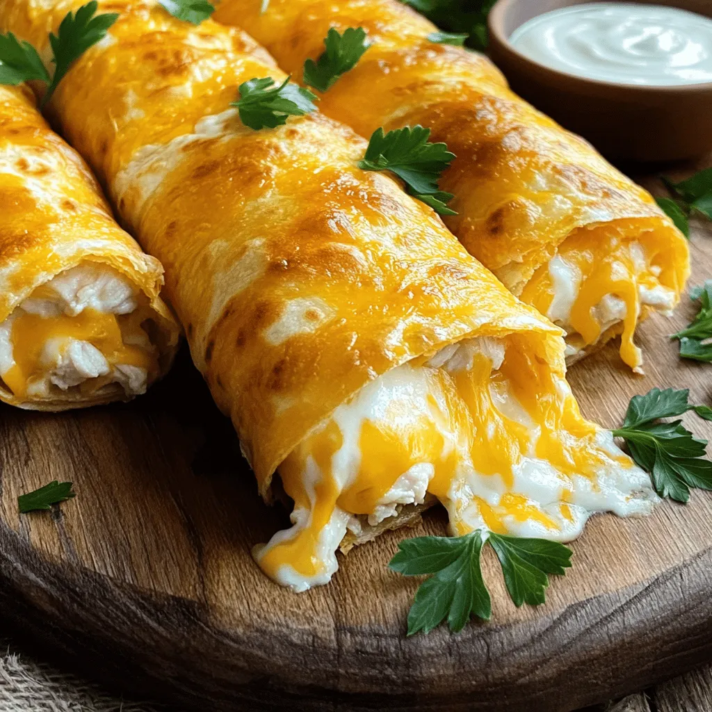 To make these tasty wraps, you need a few key ingredients. These include: - 2 cups cooked chicken, thoroughly shredded - 1 cup sharp cheddar cheese, finely shredded - 1/2 cup cream cheese, softened to room temperature - 2 cloves fresh garlic, finely minced - 1/4 cup fresh parsley, finely chopped - 1 teaspoon smoked paprika - 4 large flour tortillas (8-10 inches in diameter) - Salt and freshly ground black pepper to taste - Olive oil, for grilling These ingredients blend well, creating a rich, cheesy flavor. You can change the taste with some optional ingredients. Here are a few ideas: - Diced bell peppers for crunch - Jalapeños for heat - Spinach for added nutrients - Different herbs, like basil or cilantro Feel free to mix and match based on what you like. Choosing the right tortilla makes a big difference. I recommend: - Large flour tortillas for a soft wrap - Whole wheat tortillas for a healthy twist - Spinach or sun-dried tomato tortillas for extra flavor Using different tortillas can make your wraps more fun. Try what you enjoy best. If you want the complete recipe, check out the Full Recipe section. To make Easy Cheesy Chicken Garlic Wraps, start by gathering your ingredients. You need cooked chicken, cheddar cheese, cream cheese, garlic, parsley, smoked paprika, and tortillas. 1. Mix the Filling: In a large bowl, combine the shredded chicken, cheddar cheese, cream cheese, minced garlic, chopped parsley, and smoked paprika. 2. Season It: Add salt and pepper to taste. Mix well until all ingredients blend together nicely. Now, it’s time to wrap and cook. This part is easy and fun! 1. Prepare the Tortilla: Lay one flour tortilla flat. Spoon about 1/4 of the chicken mixture into the center. 2. Wrap It Up: Fold the sides inward and roll from the bottom to the top. Make sure the filling stays inside. 3. Repeat: Do this for the rest of the tortillas and filling. Place them seam-side down on a plate. 4. Heat the Skillet: In a non-stick skillet, drizzle a bit of olive oil and heat it over medium. 5. Cook the Wraps: Place each wrap seam-side down. Cook for 3-4 minutes until golden brown. Flip and cook the other side. Serving is just as important as cooking. Here’s how to make your wraps look great: - Slice the Wraps: After resting for a minute, slice each wrap in half diagonally. - Garnish: Arrange the slices on a colorful platter. - Add Dips: Serve with ranch dressing or garlic dip for extra flavor. This will make your meal not just tasty, but also beautiful. For the full recipe, check out the other sections of this article! To keep your wraps crispy, use a few simple tricks. First, make sure your chicken is fully cooked and cooled before mixing it with the cheese and other ingredients. Warm or hot chicken can create steam, making the wraps soggy. Also, avoid adding too much cream cheese or liquid ingredients. A thick chicken mixture will hold together better. Finally, when grilling, use medium heat. High heat can burn the wraps before they become crispy. Meal prep can save time and make cooking easy. Prepare the chicken mixture in advance and store it in the fridge for up to three days. You can also assemble wraps and freeze them. Wrap each one tightly in plastic wrap or foil to prevent freezer burn. When ready to eat, just thaw and grill them as needed. This method makes it easy to enjoy a quick meal any day. Want to kick up the flavor? Here are a few ideas. Add spices like cayenne pepper or chili powder for heat. Mix in chopped sun-dried tomatoes or olives for a tasty twist. For a fresh touch, try adding fresh spinach or arugula. You can also switch cheeses; pepper jack adds a nice kick, while mozzarella gives a milder taste. Each of these options can bring new life to your Easy Cheesy Chicken Garlic Wraps. {{image_4}} If you want a veggie option, use cooked mushrooms or roasted veggies instead of chicken. You can also try black beans or chickpeas for protein. These choices keep the dish hearty and satisfying. Adding spinach or kale can boost the nutrients too. These swaps help everyone enjoy the wraps. Cheese makes these wraps cheesy and delicious. If you want something different, try mozzarella for a milder taste. You can also use pepper jack for a spicy kick. Creamy goat cheese adds a unique flavor, while feta brings a tangy twist. Mixing different cheeses can create fun flavors. To change the heat, add more spices. Use cayenne pepper or chili powder for a spicy version. If you prefer mild, stick with the smoked paprika in the recipe. Fresh herbs, like basil or cilantro, can brighten the wraps. Experiment with garlic powder or onion powder for depth. These adjustments let you make the wraps your own. For the full recipe, check out the [Full Recipe] section. To keep your leftover wraps fresh, wrap them tightly in plastic wrap or foil. You can also use an airtight container. Store them in the fridge for up to three days. This helps maintain their taste and texture. Reheat your wraps in a skillet for the best results. Heat a non-stick skillet over medium-low heat. Place the wrap in the skillet for about 3-4 minutes on each side. This method keeps them crispy. You can also use a microwave, but they may turn soggy. If you use the microwave, heat for 30 seconds at a time until warm. You can freeze the wraps for quick meals later. First, let them cool completely. Wrap each one in plastic wrap, then place them in a freezer-safe bag. They can last up to three months in the freezer. When you're ready to eat, thaw them in the fridge overnight and reheat as described above. This way, you always have a tasty meal on hand! For the full recipe, check the details above. You can serve these wraps with many sides. Try fresh salad for crunch. Chips or fries add a nice touch. A bowl of salsa or guacamole adds flavor. You can also pair them with a creamy ranch dressing or a homemade garlic dip. These sides make the meal even more fun! Yes, you can prepare these wraps ahead of time. Just assemble them but don’t cook yet. Wrap them in plastic wrap and store in the fridge. They stay fresh for up to 24 hours. When you’re ready, just grill them until golden brown. This saves time on busy days. You can swap the chicken for cooked turkey or shredded beef. If you want a vegetarian option, try beans or roasted veggies instead. Use any cheese you like, such as mozzarella or pepper jack. Adjust the spices based on your taste. These changes keep the recipe fun and fresh. Absolutely! Kids usually love cheesy wraps. They are easy to hold and eat. You can adjust the garlic to be less strong if needed. Add extra cheese or their favorite veggies for more flavor. This makes it a great meal for the whole family. You can get creative with the filling! Add chopped bell peppers, spinach, or corn for extra veggies. Try different herbs like basil or cilantro for a fresh taste. You can also add different spices, like cumin or chili powder, for a kick. Make it your own! You can find the full recipe in the article above. It has all the details you need to make these Easy Cheesy Chicken Garlic Wraps. Enjoy the cooking process and the tasty results! In this article, we explored simple recipes for Easy Cheesy Chicken Garlic Wraps. We covered essential ingredients, cooking steps, and tips to avoid soggy wraps. You learned how to customize flavors and store leftovers. These wraps are quick, tasty, and perfect for anyone. Remember, you can change them to fit your taste and needs. Enjoy making and sharing these delicious wraps!