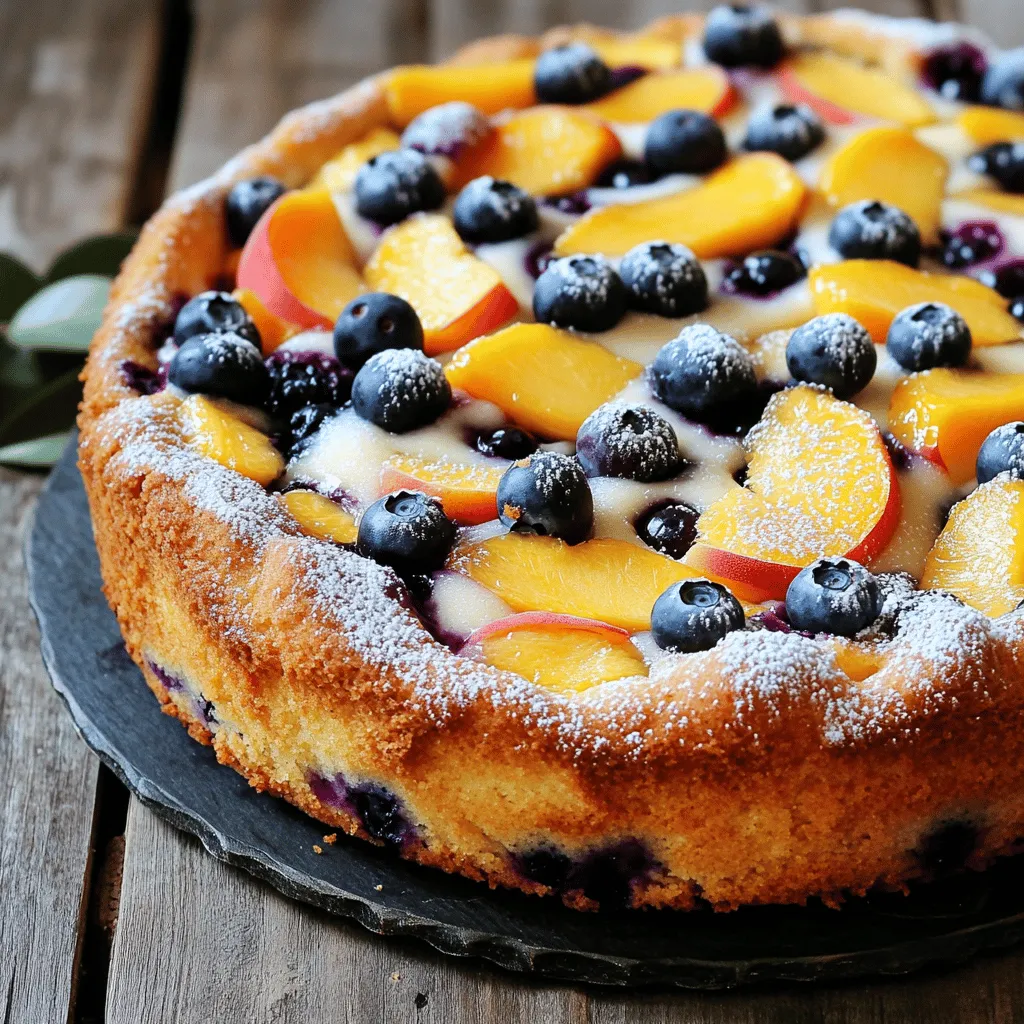 To create this delightful cake, you will need a few key ingredients. Here’s what you’ll need: - All-purpose flour: This gives the cake structure. It’s the main base of the cake. - Baking powder: This helps the cake rise. It makes the cake light and fluffy. - Baking soda: This works with the yogurt to add extra lift. - Salt: A pinch of salt enhances all the flavors in the cake. - Greek yogurt: You may use plain yogurt for a tangy taste or vanilla yogurt for sweetness. I prefer plain to balance the flavors of the fruit. - Granulated sugar: This adds sweetness. You could also use less if you want a less sweet cake. - Honey: This adds a nice, natural sweetness. It also keeps the cake moist. - Large eggs: Eggs bind the ingredients. Use room-temperature eggs for the best results. - Vanilla extract: This adds a lovely aroma and flavor. - Fresh peaches: Use ripe peaches that are pitted and diced. They add a juicy sweetness to the cake. - Fresh blueberries: Rinse and drain these. They burst with flavor and color in each bite. - Lemon zest: The zest adds bright flavor to the cake. It pairs well with the fruit. - Freshly squeezed lemon juice: This adds a refreshing touch and balances the sweetness. These ingredients work together to create a moist, flavorful cake. You can find the Full Recipe for more details on making this delightful treat. Start by preheating your oven to 350°F (175°C). Greasing the cake pan is key for easy removal. I like to use butter or non-stick spray. After greasing, dust the pan with flour. To do this, add a spoonful of flour and shake it around. Tap out any extra flour to avoid clumps. Mixing dry ingredients is very important. In a medium bowl, combine the flour, baking powder, baking soda, and salt. Use a whisk to blend everything well. This step helps the cake rise and stay light. For the wet mixture, grab a large bowl. Add Greek yogurt, sugar, honey, eggs, and vanilla extract. Whisk everything together until smooth. You want a nice, even texture. Using a whisk or electric mixer works best. Now, it’s time to mix the wet and dry ingredients. Slowly add the dry mix into the wet bowl. Stir gently with a spatula or wooden spoon. Be careful not to overmix. Overmixing can make the cake tough instead of fluffy. Let’s add the fun part: fruit! Gently fold in the diced peaches, blueberries, lemon zest, and lemon juice. Use a light hand to avoid breaking the fruit. You want to keep them whole for a lovely texture and burst of flavor. Pour the batter into your prepared cake pan. Smooth out the top with a spatula. Place the cake in the oven and bake for 30-35 minutes. To check if it’s done, insert a toothpick in the middle. It should come out clean or with a few moist crumbs. Once baked, let the cake cool for about 10 minutes in the pan. Run a knife around the edges to loosen it, then transfer to a wire rack to cool completely. For the full recipe, check the details above. To achieve the best cake consistency, use room temperature ingredients. This includes eggs and Greek yogurt. They blend better when warm. Mix until just combined. Overmixing can lead to a dense cake. I suggest folding in the fruits gently. This keeps them intact and adds lovely bursts of flavor. Enhancing flavor with citrus and fruits is key. Lemon zest brings brightness to the cake. Fresh peaches add sweetness, while blueberries give a nice tartness. For an extra touch, consider adding a splash of orange juice. It pairs well with the peaches and blueberries. For a stunning finish, dust the top with powdered sugar. This adds a sweet touch. You can also garnish with blueberries and peach slices. Arrange them in a fun way to impress your guests. Pairing this cake with beverages can elevate the experience. A glass of iced tea or lemonade balances the sweetness. If you want something warm, serve it with herbal tea. Avoid common baking mistakes for the best cake. First, don't skip the flour dusting on the pan. This helps the cake come out easily. Next, be careful with the oven temperature. An oven that is too hot can burn the cake. Use an oven thermometer to check the heat. Lastly, using fruit that is too ripe can make the cake soggy. Choose firm, fresh peaches and blueberries for the best results. Follow these tips, and your Peach and Blueberry Greek Yogurt Cake will shine! For the full recipe, click here. {{image_4}} You can swap out peaches and blueberries for many other fruits. Consider using strawberries, raspberries, or blackberries. Each fruit adds a new taste. Apples or pears can work too, especially in fall. The key is to use fruits that are ripe and sweet. This keeps your cake tasty and fresh. Adding spices can take your cake to the next level. Cinnamon adds warmth and depth. Nutmeg brings a cozy flavor that pairs well with fruit. You can sprinkle a little of either into your batter. Just remember, a little goes a long way, so start with a small amount. If you need a gluten-free cake, there are easy swaps. Use almond flour or coconut flour instead of all-purpose flour. These flours add unique flavors and textures. You might also try gluten-free all-purpose blends available in stores. Just make sure they include xanthan gum for the right consistency. For the best results, follow the [Full Recipe] closely. After baking, let your Peach and Blueberry Greek Yogurt Cake cool completely. Store it at room temperature for a day. Keep it in an airtight container to prevent drying. If you prefer, you can refrigerate it for up to three days. Chilling helps keep the cake moist and fresh. Just cover it well to avoid absorbing fridge odors. To store the cake for longer, freeze it. First, let the cake cool completely. Wrap it tightly in plastic wrap. Then, place it in a freezer bag or container. This helps keep the cake fresh. It can last for up to three months in the freezer. When you’re ready to enjoy it, thaw the cake in the fridge overnight. This keeps it moist and tasty. Your cake stays fresh for about three days at room temperature. If you store it in the fridge, it lasts about a week. When frozen, the cake lasts for three months without losing flavor. Always check for any signs of spoilage before eating. Enjoy your Peach and Blueberry Greek Yogurt Cake at its best! For the complete recipe, refer to the Full Recipe section. Yes, you can use frozen fruits in this cake. The texture may change slightly. Frozen blueberries and peaches can release more juice when baked. This can make your cake a bit wetter. If you use frozen fruit, do not thaw it first. Just fold them in straight from the freezer. This helps keep the cake from getting too soggy. Absolutely! If you want a dairy-free option, try using almond milk yogurt or coconut yogurt. These can give a nice flavor, but the cake might be less thick. For a lower-fat choice, use low-fat yogurt. This keeps the cake moist without adding too many calories. To check if your cake is done, insert a toothpick into the center. If it comes out clean or with a few crumbs, the cake is ready. You can also lightly press the top of the cake. If it springs back, that means it’s done. Keep an eye on the time, but use these tips for the best check. This recipe can be adjusted for special diets. For a vegan version, swap the eggs for flax eggs. Use 1 tablespoon of flaxseed meal mixed with 2.5 tablespoons of water per egg. You can also use dairy-free yogurt and a different sweetener, like maple syrup. This keeps it safe for many diets while still being tasty. This blog post covered how to make a delightful cake using simple ingredients like flour, Greek yogurt, and fresh fruits. You learned the steps to prepare, mix, and bake, ensuring perfect texture and flavor. Remember, practice makes perfect. Avoid common mistakes for a better cake. Don’t hesitate to experiment with flavors and fruits. Store it right to keep it fresh. With these tips, you will impress everyone with your baking skills. Enjoy making and sharing this cake!