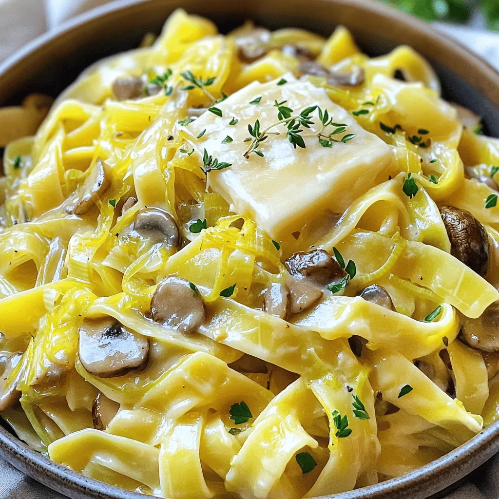 - 300g pasta of your choice (fettuccine, tagliatelle, etc.) - 3 medium leeks, thinly sliced - 250g mushrooms, sliced - 2 cloves garlic, minced - 1 teaspoon fresh thyme leaves - 1 cup vegetable broth - 200g Gruyere cheese, grated - 1/2 cup heavy cream - Fresh parsley for garnish Gathering the right ingredients is key to making this dish shine. First, choose 300g of pasta. You can use fettuccine, tagliatelle, or any pasta you love. The right pasta adds texture and holds the sauce well. Next, leeks are essential. You need three medium leeks, sliced thinly. They bring a sweet, mild flavor. Clean them well to avoid grit. Now, let’s talk mushrooms. You need 250g of sliced mushrooms. Cremini or button mushrooms work best. They add depth and earthiness to the dish. For seasoning, grab two cloves of minced garlic. It adds a lovely aroma and flavor. A teaspoon of fresh thyme gives a nice herbal note. Don't forget the vegetable broth! A cup of it adds moisture and richness. Lastly, for the creamy sauce, you need 200g of grated Gruyere cheese. It melts beautifully. Add half a cup of heavy cream for extra creaminess. Finish with fresh parsley to garnish. Check out the Full Recipe for more details on how to combine these tasty ingredients! To start, fill a large pot with water and add a good amount of salt. This helps the pasta taste better. Bring the water to a boil. Once boiling, add 300g of your favorite pasta. Cook according to the package instructions until it is al dente, which means it should still be firm when you bite it. After cooking, reserve about 1/2 cup of the pasta water. This water is starchy and will help our sauce later. Drain the pasta and set it aside. Next, we’ll caramelize the leeks. In a large skillet, heat 2 tablespoons of olive oil over medium heat. Add the thinly sliced leeks along with a pinch of salt. Stir them well. Cook for about 10 to 15 minutes. Stir frequently to avoid burning. You want the leeks to become soft and golden brown. This caramelization brings out their sweet flavor, making your pasta extra tasty. Now it’s time to add the mushrooms. Once the leeks are caramelized, add 250g of sliced mushrooms to the skillet. Cook for an additional 5 to 7 minutes. Stir occasionally until the mushrooms are tender and their moisture has evaporated. Then, add 2 minced garlic cloves and 1 teaspoon of fresh thyme. Cook for one more minute, just until the garlic smells good but not burnt. This adds a lovely depth of flavor to our dish. For the full recipe, check out the complete instructions that guide you through every step! To boost flavor, add a pinch of crushed red pepper. This gives a nice kick. You can also try fresh basil or oregano. These herbs work well with leeks and mushrooms. For creaminess, stir in the heavy cream slowly. This keeps the sauce smooth. If it thickens too much, just add a splash of reserved pasta water. This helps keep it silky. For plating, use shallow bowls. This makes the dish look fancy. Top each bowl with extra Gruyere cheese and fresh thyme. A drizzle of olive oil adds a nice shine. Pair this pasta with a crisp white wine. A Sauvignon Blanc or a light Chardonnay works well. It balances the rich flavors of cheese and leeks. To avoid overcooked pasta, check it often. Cook it just until it’s al dente. If you do overcook it, the sauce will not cling well. If the cheese clumps, lower the heat. Stir continuously as you add it. This ensures a creamy sauce without lumps. Follow these tips to make your dish a delight. For the full recipe, check out the details above. {{image_4}} If you want to switch things up, you can choose different pasta. Try using whole wheat pasta for added fiber. If you need gluten-free options, brown rice pasta works well. For the cheese, Gruyere gives a rich flavor, but you can use a blend of mozzarella and parmesan instead. For a dairy-free option, try vegan cheese or nutritional yeast. Instead of heavy cream, use coconut milk or cashew cream for a lighter sauce. Using seasonal veggies adds flavor and freshness. In spring, add asparagus or peas for a bright touch. In summer, cherry tomatoes or zucchini can enhance the dish. You can also add leafy greens like spinach or kale. These greens cook quickly and add a nice color. Sun-dried tomatoes can give a burst of flavor too. For a crispy top, consider baking your pasta. After mixing the pasta with the sauce, transfer it to a baking dish. Top it with extra cheese and bake at 375°F (190°C) for about 15 minutes. This gives a tasty, gratin-like finish. You can also choose between skillet and stovetop cooking. Skillet cooking allows for more caramelization and flavor. Stovetop cooking is easier and requires less monitoring. Both methods can create a delicious meal, so choose what works best for your kitchen! For the full recipe, check out the link provided. To keep your Caramelized Leek and Mushroom Gruyere Pasta fresh, store it in an airtight container. Place it in the fridge as soon as it cools down. The dish stays fresh for about three days. If you want to keep it longer, consider freezing. When it’s time to enjoy leftovers, reheating without drying out is key. Use the stovetop for the best results. Simply add a splash of water or broth to the pan and heat over low until warm. If you’re using a microwave, heat in short bursts. Stir in between to help it heat evenly. To freeze the pasta, let it cool completely before packing. Use a freezer-safe container or bag, and remove as much air as possible. It can stay frozen for up to two months. When you're ready to eat, thaw it overnight in the fridge. Reheat in a skillet with a little liquid to bring back that creamy texture. For the full recipe, check the link provided. Gruyere cheese comes from Switzerland. It has a firm texture that melts well. The flavor is rich, nutty, and slightly sweet. When you cook with Gruyere, it adds a creamy depth to dishes. It pairs great with leeks and mushrooms in this pasta. Yes, you can prepare this pasta dish in advance. Cook the pasta and make the sauce separately. Let them cool, then store them in the fridge. When you are ready to serve, combine them in a skillet. Heat gently and add a splash of pasta water to keep it fresh. This pasta pairs well with a light salad. A simple arugula salad with lemon works great. You can also serve it with garlic bread. Roasted vegetables can add color and flavor to the meal. To make it vegetarian, just skip any meat. For a vegan option, use plant-based cheese. You can replace heavy cream with coconut cream or silken tofu blended until smooth. You can find the full recipe [here](#). It includes all the steps and tips for a perfect dish. In this article, I shared how to make a delicious pasta dish with caramelized leeks and mushrooms. You learned the key ingredients, step-by-step cooking tips, and variations to keep it fresh. Always remember to store leftovers properly for the best taste. Whether you choose to swap ingredients or try new cooking methods, the goal is to enjoy this meal. I hope you feel ready to impress with your new skills! Enjoy cooking and explore new flavors in your kitchen.