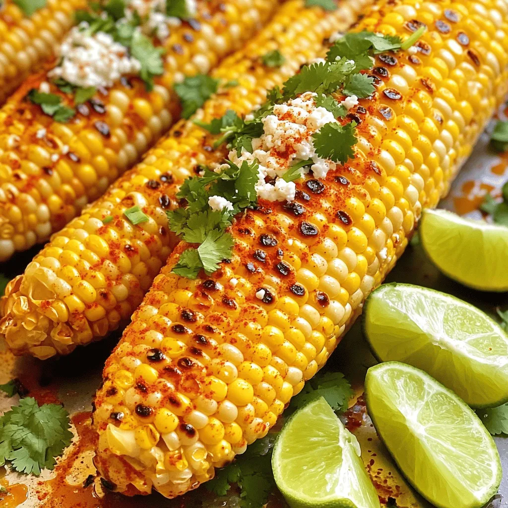To grill corn on the cob perfectly, you need: - 4 fresh corn ears, husked - 1/2 cup unsalted butter, melted - 2 tablespoons freshly squeezed lime juice - 1 teaspoon chili powder - 1/2 teaspoon garlic powder - Sea salt, to taste These ingredients work together to create a sweet and savory flavor that enhances the natural taste of the corn. For extra flavor, consider adding: - Fresh cilantro, finely chopped, for garnish - Crumbled Cotija cheese, for topping (optional) These toppings add freshness and a creamy texture that make your grilled corn even better. You will need a few key tools: - A grill (gas or charcoal) - A basting brush for the butter mixture - Tongs to turn the corn - A mixing bowl for the butter and spices Having the right equipment makes grilling easier and more fun. Start by husking the corn. Pull off the green leaves and remove all the silky threads. This step is key for good grilling. Clean corn allows heat to reach every kernel. After husking, rinse the ears under cold water. Next, make the butter mix. In a bowl, whisk together: - 1/2 cup unsalted butter, melted - 2 tablespoons fresh lime juice - 1 teaspoon chili powder - 1/2 teaspoon garlic powder - Sea salt, to taste This blend will add great flavor to your corn. Preheat your grill to a medium-high heat, around 400°F (200°C). Once hot, place the buttered corn on the grill. Grill the corn for 10 to 15 minutes. Turn the ears every few minutes. This helps them cook evenly. Look for a nice char on the outside. Use a pair of tongs to handle the corn. This keeps your hands safe from the heat. After grilling, take the corn off the grill. Let it cool for a few minutes. This makes it easier to handle. Now, sprinkle fresh cilantro on top. This adds a burst of color and flavor. If you like, add crumbled Cotija cheese for a creamy touch. Serve your corn warm, with lime wedges on the side for extra zing. For the full recipe, check out Grilled Corn Delight. Enjoy your perfect grilled corn! Grilling corn is easy, but a few tips make it better. Start with fresh corn. Look for bright green husks and plump kernels. Next, husk the corn carefully. Remove all the silky threads. This step keeps your corn clean and helps it cook well. Preheat your grill to medium-high. Aim for about 400°F (200°C). This heat level gives you that nice char. When you place the corn on the grill, turn it every few minutes. This helps it cook evenly. You want to see some lovely grill marks. To make your corn special, use a flavor mix. I love a blend of butter, lime juice, chili powder, and garlic powder. This combination brings out the sweetness of the corn. Brush the mix on the corn before grilling. You can also try adding herbs or spices. Fresh cilantro adds a nice touch. If you want some creaminess, crumbled Cotija cheese is a great choice. It contrasts well with the sweet corn. Avoid grilling corn with the husk on. It can trap moisture and steam the corn instead of grilling it. Also, don’t skip the basting step. If you don’t coat the corn, it may taste bland. Watch the cooking time. Leaving corn on too long can dry it out. Aim for 10 to 15 minutes on the grill. Lastly, don’t forget to let the corn cool a bit before serving. This helps the flavors meld. For the full recipe, check out Grilled Corn Delight . {{image_4}} You can change up the flavor of your grilled corn easily. Try adding different spices. For a kick, mix smoked paprika and cayenne pepper into your butter. If you like a tangy taste, add lemon zest to your lime juice mix. You can also go sweet with a dash of cinnamon and sugar. These easy swaps can take your corn from good to great! Cheese can make grilled corn even better. After grilling, sprinkle some feta or Parmesan cheese on top. Cotija cheese adds a salty bite. For a creamy twist, try spreading cream cheese on the warm corn. Each cheese brings its own flavor, making every bite unique. Want a sweet treat? Brush your corn with honey or maple syrup before grilling. This gives it a sweet caramel flavor. You can also mix in some brown sugar with your butter. Top it off with a sprinkle of cinnamon for a dessert-style corn. This sweet version is fun for summer barbecues! For more ideas, check out the full recipe for grilled corn delight. To store leftover grilled corn, let it cool first. Wrap each ear in plastic wrap or foil. You can also place it in an airtight container. Store it in the fridge for up to three days. This helps keep the corn fresh and tasty. To reheat grilled corn, you have a few options. You can use the microwave, oven, or grill. For the microwave, place the corn on a plate and cover it with a damp paper towel. Heat it for about 1 to 2 minutes. For the oven, wrap the corn in foil and heat at 350°F (175°C) for 10 minutes. If you prefer the grill, heat it for a few minutes until warm. Each method keeps the corn juicy and delicious. Freezing grilled corn is easy and great for later meals. First, let the corn cool completely. Then, cut the kernels off the cob if you want. Place the corn in a freezer-safe bag. Remove as much air as possible before sealing. You can freeze it for up to six months. When you're ready to use it, thaw it in the fridge overnight, or heat it directly from frozen. This keeps the sweet flavor intact. Enjoy your grilled corn from the freezer anytime! Grilling corn on the cob takes about 10 to 15 minutes. Start by preheating your grill to medium-high heat, around 400°F (200°C). Place the corn on the grill and turn it every few minutes. You want the corn to get a nice char. Look for the kernels to soften and the outside to turn golden brown. Yes, you can grill corn with the husk on! This method keeps the corn juicy and adds a subtle smoky flavor. Just soak the corn in water for about 15 minutes before grilling. This helps steam the corn and prevents the husk from burning. Place the ears directly on the grill. Grill for about 15 to 20 minutes, turning occasionally. The husk protects the kernels and keeps them tender. Grilled corn pairs well with many dishes. Here are some great options: - Barbecue chicken or ribs - Grilled veggies like zucchini and bell peppers - Tacos with fresh salsa - A refreshing salad with cucumber and tomatoes - Spicy shrimp or fish Feel free to get creative! You can also add toppings like cheese, butter, or herbs to enhance the flavor. For a complete dish, check out the full recipe for Grilled Corn Delight. We covered how to grill corn perfectly from start to finish. We discussed essential ingredients, grilling steps, and tips to enhance flavor. Always remember to avoid common mistakes for the best results. Enjoy trying different seasoning combos and toppings for a fun twist. Don’t forget to store leftovers right for future meals. With these tips, you can enjoy grilled corn that impresses everyone. Now, enjoy your tasty corn and share your creations!