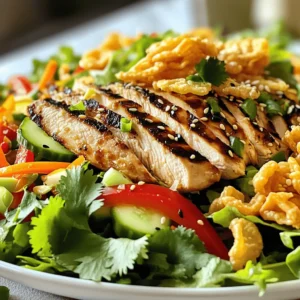 - 2 boneless, skinless chicken breasts - 4 cups of mixed salad greens - 1 cup shredded carrots - 1 red bell pepper - 1 cucumber - Fresh cilantro and green onions - 1/2 cup crispy fried wonton strips - 1/4 cup toasted sesame seeds - 1/4 cup low-sodium soy sauce - 2 tablespoons rice vinegar - 1 tablespoon honey - 1 tablespoon sesame oil - 1 teaspoon fresh ginger - 1 clove garlic This Asian Chicken Crunch Salad shines with fresh flavors and textures. You will love how easy it is to make. Salad Components bring a lot of color. The chicken breasts give protein and heartiness. Mixed salad greens create a crunchy bed. Shredded carrots add sweetness and color. The red bell pepper brings a sweet crunch. The cucumber cools the salad and adds more crunch. Fresh cilantro and green onions give great flavor. Crunchy Elements take this salad to the next level. The crispy fried wonton strips add a fun crunch. The toasted sesame seeds give a nutty taste and a bit of crunch. Dressing Ingredients tie everything together. Low-sodium soy sauce gives a salty kick. Rice vinegar adds a tangy bite. Honey brings a hint of sweetness. Sesame oil adds depth. Fresh ginger and garlic give a hit of flavor. You can find the full recipe above to make this vibrant salad. Enjoy the blending of tastes and textures! To start, season the chicken breasts well. Use salt and freshly ground black pepper. This gives the chicken a tasty base. You can grill or pan-sear the chicken. If grilling, preheat your grill to medium heat. Cook the chicken for about 6-7 minutes on each side. Look for the meat to be fully cooked and no longer pink in the center. If you choose to pan-sear, heat some oil in a skillet first. Follow the same cooking time. After cooking, let the chicken rest for 5 minutes. This keeps it juicy. Finally, slice the chicken into thin strips. Next, grab a large mixing bowl. Combine the salad greens, shredded carrots, sliced red bell pepper, and julienned cucumber. This mix gives you great color and crunch. Toss the ingredients gently. Make sure everything is mixed well. The veggies should be evenly spread throughout the bowl. This part is fun and gets you ready for the dressing! Now, let’s make the dressing. In a small bowl, whisk together the low-sodium soy sauce, rice vinegar, honey, sesame oil, grated ginger, and minced garlic. Add a pinch of salt and pepper for taste. Whisk until everything is smooth and combined. The dressing should not be too thick or too thin. If it needs adjusting, add a bit more vinegar for tang or honey for sweetness. Once your dressing is ready, drizzle it over the salad mixture. Use tongs or a large spoon to toss the salad gently. Make sure all the ingredients are coated. This brings out all the flavors in your Asian Chicken Crunch Salad. Enjoy the vibrant colors and fresh scents! You can find the full recipe for this dish to guide you through the process step by step. For a tastier chicken, marinate it before cooking. You can use soy sauce and ginger for a boost. Just let it sit for 30 minutes. This step adds depth to the chicken's taste. You can adjust the dressing to fit your taste. Add more honey for sweetness or more soy sauce for saltiness. A splash of lime juice can brighten the flavor too. For a beautiful salad, layer the ingredients in a bowl. Start with greens, then add veggies, and finish with chicken on top. This way, it looks fresh and colorful. Use large serving spoons or tongs for easy serving. This helps everyone take just the right amount. If you want variety, try baking or poaching the chicken. Baking at 375°F for 20-25 minutes keeps it juicy. Poaching in broth adds flavor without added fat. To keep the chicken tender, avoid overcooking it. Use a meat thermometer to check when it reaches 165°F. Let it rest for five minutes after cooking. This helps keep the juices inside. For the full recipe, check out the Crunchy Asian Chicken Delight. {{image_4}} You can switch out chicken for other proteins. Tofu, shrimp, or beef work well. For tofu, use firm or extra-firm. Cut it into cubes and pan-fry until golden. Shrimp can be sautéed quickly in a hot pan. Cook them just until pink. Beef should be thinly sliced and cooked to your liking. This adds variety to your salad. Feel free to change the greens and veggies. Instead of mixed salad greens, try arugula or kale. They both add unique flavors. You can also swap carrots for radishes for a spicy kick. More crunch? Add sliced almonds or sunflower seeds on top. These swaps keep your salad fresh and interesting. You can make a vegan or low-calorie dressing easily. For vegan, replace honey with maple syrup or agave. Use less sesame oil for a lighter option. Want some heat? Add chili paste to the dressing. For a citrus twist, mix in some lime juice or orange zest. These changes make the salad fit your taste. For the full recipe, refer to the Crunchy Asian Chicken Delight. To keep your Asian Chicken Crunch Salad fresh, store the salad and dressing separately. Place the salad in an airtight container. This helps the greens stay crisp. For the dressing, use a small jar with a tight lid. When ready to eat, simply toss the dressing with the salad. This method keeps everything fresh and tasty. You can make the salad ahead of time. Just chop the veggies and store them in the fridge. It’s best to wait to add the dressing until you’re ready to eat. You can also freeze cooked chicken for future use. To do this, let the chicken cool, then wrap it in plastic wrap. Put the wrapped chicken in a freezer bag. This will help you save time on busy days. Typically, the salad and dressing can last up to three days in the fridge. If you notice any wilting or browning on the greens, it's time to toss them out. The chicken should stay good for about four days. Always check for any strange smells or colors before eating. If something seems off, it's best to throw it away. To add more crunch, consider these toppings: - Chopped nuts, like almonds or cashews - Sliced radishes for a peppery bite - Crispy bean sprouts for lightness - Thinly sliced jicama for a sweet crunch - Extra crispy wonton strips or tortilla chips These toppings not only add crunch but also boost flavor. Yes, you can prep this salad ahead. Here are some tips: - Store dressing in a separate container. This keeps greens fresh. - Chop veggies a day before and keep them in the fridge. - Cook chicken and slice it a day ahead. Just chill it. - Mix everything just before serving for the best taste. This way, you save time and enjoy fresh flavors. If you want to swap chicken, try these options: - Tofu for a vegetarian choice, firm works best. - Shrimp is a quick alternative; just cook until pink. - Beef strips can add a hearty flavor; grill or stir-fry. - Chickpeas offer protein and a different texture. These swaps keep the salad tasty and fun. For the full recipe, check it out! This blog post covered how to create a delicious salad. We started with the right ingredients, including chicken and crunchy elements. Then, I shared step-by-step instructions to prepare and dress your salad. You also learned tips for flavor and serving, along with variations to fit your taste. Finally, I discussed storage tips to keep your salad fresh and tasty. Remember, salads are flexible and fun. Customize them for any occasion, and enjoy your healthy meal!