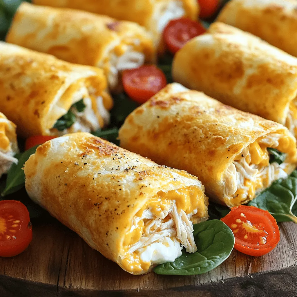 To make cheesy garlic chicken wraps, you need these main ingredients: - 2 cups cooked chicken, shredded - 1 cup shredded cheddar cheese - 1/2 cup cream cheese, softened to room temperature - 3 cloves garlic, finely minced - 1 teaspoon Italian seasoning blend - 1/2 teaspoon salt - 1/4 teaspoon freshly cracked black pepper - 4 large flour tortillas - 1 cup fresh baby spinach leaves - 1/2 cup ripe tomatoes, diced (preferably seeds removed) - Olive oil for brushing These ingredients work together to create a creamy, cheesy filling with a burst of flavor. You can change things up with some fun add-ins: - Add hot sauce for a spicy kick. - Use grilled veggies like bell peppers or zucchini. - Swap cheddar for mozzarella or pepper jack cheese. - Replace flour tortillas with whole wheat or corn tortillas for a different taste. These options let you tailor the wraps to your liking. To make your meal even better, serve these sides: - A crisp garden salad with a light dressing. - Sweet potato fries for a tasty crunch. - Fresh fruit like watermelon or berries for a sweet touch. These sides complement the wraps and add color to your plate. For the full recipe, check out the details above. Start with a large mixing bowl. Add 2 cups of shredded chicken. Next, put in 1 cup of cheddar cheese. Then, add 1/2 cup of cream cheese. Make sure it is soft. Add in 3 minced garlic cloves. Sprinkle in 1 teaspoon of Italian seasoning, 1/2 teaspoon of salt, and 1/4 teaspoon of black pepper. Use a spatula to mix all the ingredients well. Each piece of chicken should be coated with the creamy mix. This step brings out the rich flavors. Now, lay out 4 large flour tortillas on a clean surface. Take a generous scoop of your chicken mixture. Spread it on the lower half of each tortilla. Leave about an inch border around the edges. Next, layer fresh baby spinach leaves on top. Add diced tomatoes for a bright touch. The spinach gives crunch while the tomatoes add freshness. Carefully fold in the sides of each tortilla. Then, start rolling from the bottom edge. Tuck the filling in as you roll. Make sure it is secure and tight. This will help keep all those tasty fillings inside. Preheat a non-stick skillet over medium heat. Brush the outside of each wrap with olive oil. This helps them crisp up nicely. When the skillet is hot, place the wraps seam-side down. Cook them for 3-4 minutes on one side. Then, flip them and cook for another 3-4 minutes. Keep an eye out for a golden brown color. The cheese should be melted and gooey inside. Once cooked, take the wraps out and let them cool for a few minutes. This makes slicing easier. Cut each wrap in half diagonally for a nice look. Enjoy your cheesy garlic chicken wraps! For a spicy kick, drizzle some hot sauce on top. You can find the full recipe for more detailed steps. To get that nice crisp on your wraps, start with the right amount of oil. Brush the outside of each wrap with olive oil before cooking. This small step adds flavor and helps the wraps brown perfectly. Make sure your skillet is hot enough before adding the wraps. A medium heat works best. Cook them for about 3-4 minutes on each side. This timing ensures the outside gets golden brown while the cheese melts inside. Want to kick up the taste? Add more spices to the chicken mixture. Try adding a pinch of smoked paprika or chili powder for a fun twist. You can also mix in some chopped fresh herbs, like parsley or cilantro. If you love heat, drizzle some hot sauce right into the filling. For a creamy touch, a little sour cream or Greek yogurt can be a great addition. These simple changes can make your wraps even more delicious! One common mistake is overfilling the wraps. If you add too much filling, they will be hard to roll. Leave some space at the edges to make wrapping easier. Another mistake is not letting the skillet heat up enough. If it’s not hot, the wraps won’t crisp up well. Lastly, don’t skip the resting time after cooking. Letting them sit for a few minutes allows the cheese to set and makes slicing easier. Follow these tips, and your cheesy garlic chicken wraps will shine! For the complete recipe, check out the Full Recipe section. {{image_4}} To make spicy cheesy garlic chicken wraps, add hot sauce to the chicken mix. Use about 1 tablespoon for a mild kick or more for heat lovers. You can also include sliced jalapeños or diced chili peppers for extra spice. This adds flavor and a nice crunch. If you want a vegetarian version, swap chicken for sautéed mushrooms or roasted veggies. Bell peppers, zucchini, or eggplant work well here. Use the same creamy cheese mixture, and add extra spinach or arugula for freshness. This keeps the wraps tasty and satisfying without meat. For gluten-free wraps, use gluten-free tortillas. Many options are available now, so you can find one that fits your taste. You can also make a salad using the same filling. Just skip the tortilla and serve the mixture on a bed of greens for a light, healthy meal. You can find the full recipe for cheesy garlic chicken wraps above. Enjoy trying these variations! To keep your cheesy garlic chicken wraps fresh, let them cool down. Place them in an airtight container. You can also wrap them in plastic wrap or foil. This method helps to keep them moist. Store them in the fridge for up to three days. When you're ready to enjoy the leftovers, reheat them in a skillet. Heat the skillet over medium heat. Place the wraps seam-side down and cook for about three minutes. Flip them over and heat for another three minutes until warm and crispy. This method keeps the wraps nice and crunchy. If you want to freeze your wraps, do it before cooking. Wrap each one in plastic wrap tightly. Place all the wraps in a freezer bag or container. They can stay frozen for up to three months. To cook, thaw in the fridge overnight. Then, follow the cooking instructions from the recipe for perfect results. Yes, rotisserie chicken works great! It saves time and adds flavor. Just shred the meat, and you’re ready to mix it with cheese and spices. This shortcut makes cooking fast and easy. You can enjoy a tasty meal without much hassle. I recommend using sharp cheddar cheese. It melts well and adds a rich taste. You can also try mozzarella for a gooey texture or pepper jack for a spicy kick. Mixing cheeses can create fun flavors, too. Just make sure they melt nicely for that cheesy goodness! To make these wraps healthier, swap the flour tortillas for whole wheat ones. You can also add more veggies, like bell peppers or onions. Use low-fat cream cheese and reduce the amount of cheese. These changes keep the wraps tasty while packing in more nutrients. Enjoy them guilt-free! For the complete recipe, check out the [Full Recipe]. In this blog post, we explored how to make cheesy garlic chicken wraps. We discussed key ingredients, optional add-ins, and the best sides. You learned step-by-step instructions for preparing and cooking the wraps. I shared tips for a crispy texture and flavor boosts. You also found variations, storage tips, and answers to common questions. These wraps are fun to make and delicious to eat. Enjoy your cooking!