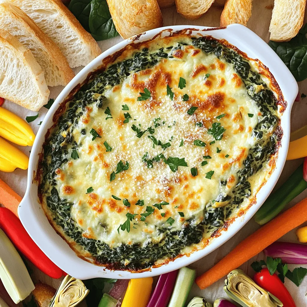 - 1 cup fresh spinach, finely chopped - 1 cup canned artichoke hearts, drained and coarsely chopped - 1 cup cream cheese, softened to room temperature - 1 cup sour cream - 1 cup finely grated Parmesan cheese - 1 cup shredded mozzarella cheese - 2 cloves garlic, minced - 1 teaspoon fresh lemon juice - 1/2 teaspoon red pepper flakes (optional, for heat) - Salt and black pepper, to taste When I make spinach artichoke Parmesan dip, I stick to these simple but tasty ingredients. Fresh spinach gives a bright flavor. Canned artichoke hearts add a nice texture. Cream cheese and sour cream make the dip rich and creamy. Parmesan and mozzarella provide a delicious cheesy taste. Garlic adds depth and flavor, while lemon juice brightens everything up. - Cream Cheese Alternatives: If you want a lighter option, use Greek yogurt or cottage cheese. These give a similar creaminess with fewer calories. - Low-fat Options: Choose low-fat cream cheese and sour cream. This keeps the taste but cuts some fat. - Dairy-Free Variations: Use vegan cream cheese and coconut yogurt for a dairy-free dip. You can also use nutritional yeast for a cheesy flavor. - Choosing Fresh Spinach: Look for dark green leaves. They should be crisp and not wilted. Avoid any yellow or slimy leaves. - Selecting Quality Artichokes: Choose artichoke hearts that are firm and smell fresh. If you can, pick ones packed in water or brine over oil. First, preheat your oven to 375°F (190°C). This step gives you a warm dip in the end. An even oven temperature ensures perfect cooking. Place the oven rack in the middle. This helps the dip cook evenly. Next, choose a medium-sized baking dish. You want something that fits all the dip. A glass or ceramic dish works best. It helps you see the dip browning nicely. Start by making the cheese mixture. In a large bowl, add the softened cream cheese and sour cream. Use a spatula or mixer to blend them until smooth. You want no lumps at all. Then, add the grated Parmesan and shredded mozzarella cheese. Mix until everything is well combined. This is key for a creamy dip. Now, it’s time to fold in the spinach and artichokes. Add the chopped spinach, artichoke hearts, and minced garlic. If you like heat, toss in the red pepper flakes too. Make sure each ingredient spreads through the mixture. Don’t forget to season it! Add salt and black pepper to taste. Stir well so the flavors blend nicely. Now, it’s baking time! Transfer the creamy mixture to your prepared baking dish. Spread it out evenly for nice cooking. Bake in the preheated oven for 25-30 minutes. You want the edges to bubble and the top to turn golden brown. Keep an eye on it, especially in the last few minutes. To check if it’s done, look for bubbling edges and a golden top. Once baked, take it out and let it cool for about 5 minutes. This helps the dip thicken a bit. For the full recipe, click [Full Recipe]. - Adding Spices for Extra Flavor Try adding a pinch of garlic powder or onion powder. These spices boost the flavor without overpowering it. A dash of cayenne gives a nice kick too! Adjust the spices to your taste for that perfect bite. - Perfecting the Creamy Texture Make sure your cream cheese is soft. If it’s too cold, you’ll end up with lumps. Mixing it well with sour cream helps create that smooth, creamy dip we all love. If the dip seems thick, add a splash of milk to reach your desired consistency. - Overmixing the Ingredients Mixing too much can make the dip tough. Stir until everything is just combined. This keeps the textures light and enjoyable. You want to feel the bits of spinach and artichoke, not just a smooth paste. - Not Baking Long Enough Baking for the right time is key. If you pull it out too soon, the dip may be too runny. Look for golden edges and bubbling sides. This means it's ready to enjoy. - Best Pairings for Serving Serve this dip warm with toasted baguette slices or crispy pita chips. Fresh veggies like carrots and cucumbers also make great dippers. They add a nice crunch that contrasts well with the creamy dip. - Garnishing Ideas for Presentation For a pop of color, sprinkle extra Parmesan on top. Fresh herbs like parsley or chives can brighten the dish too. A drizzle of olive oil adds richness and shine, making it look even more inviting. For the full recipe, check out Spinach Artichoke Parmesan Dip. {{image_4}} You can change up your dip easily. Adding different cheeses can give new flavors. - Adding Different Cheeses: Try using goat cheese or cream cheese mixes. They add tanginess and creaminess. You can also use cheddar for a sharp taste. Mixing cheeses can enhance your dip’s richness. - Spinach Artichoke Dip with Crab: Adding crab meat is a fun twist. It makes the dip feel fancy. Just fold in 1 cup of cooked crab meat. The crab adds a wonderful depth to the dip. Making this dip fit your needs is simple. You can modify it for different diets. - Vegan Spinach Artichoke Dip: To make a vegan version, swap cream cheese with cashew cream. Use nutritional yeast instead of cheese. This keeps the flavor while being dairy-free. - Gluten-Free Options: All ingredients in this dip are gluten-free. Just make sure any chips or bread you serve are also gluten-free. This makes sharing easy for everyone. You can boost flavor with seasonal ingredients. Fresh herbs and veggies can make a big difference. - Incorporating Herbs: Fresh basil or dill can brighten your dip. Just chop them finely and mix them in. They add a fresh taste that pairs well with the creamy base. - Seasonal Veggies to Boost Flavor: Try adding roasted red peppers or sun-dried tomatoes. These add sweetness and color. You can mix in chopped zucchini or asparagus in spring. These seasonal veggies give your dip a tasty twist. For the full recipe, check out Spinach Artichoke Parmesan Dip. Enjoy creating your own version! To keep your spinach artichoke parmesan dip fresh, follow these steps: - Best Practices for Refrigeration: Place the dip in an airtight container. It seals in moisture and flavor. Store it in the fridge right after it cools. This helps it stay tasty for later. - Freezing the Dip: If you want to save it for a longer time, you can freeze it. Use a freezer-safe container and leave some space at the top. The dip expands as it freezes. It can last up to three months in the freezer. When you're ready to enjoy the dip again, reheating is key. - Best Methods for Reheating: The oven works best. Preheat it to 350°F (175°C). Place the dip in an oven-safe dish and cover it with foil. Heat for about 20 minutes or until warm. You can also use a microwave for quick reheating, but the oven keeps it creamy. - Maintaining Creaminess After Storage: To keep the dip creamy, add a splash of cream or sour cream while reheating. Stir it well before serving. This helps restore the dip’s smooth texture. Knowing how long your dip lasts is important. - How Long It Lasts in the Fridge: When stored properly, the dip stays good for about 3 to 5 days. - Signs the Dip Has Gone Bad: Check for any off smells or mold. If it smells sour or has changed color, throw it away. Always trust your senses to keep things safe. You can prepare this dip a day before. Mix the ingredients as the recipe states. Then, store it in the fridge. When ready, just bake it right before serving. This saves you time and keeps flavors fresh. This dip pairs well with many foods. Here are some great options: - Toasted baguette slices - Crispy pita chips - Fresh vegetable sticks - Tortilla chips These choices add crunch and flavor to the warm dip. Yes, you can use a slow cooker for this dip. Mix all the ingredients and place them in the slow cooker. Set it on low for about two hours. Stir once or twice to keep it creamy. Yes, spinach artichoke dip can be healthier. It uses fresh veggies and lower-fat dairy options. Spinach adds vitamins and minerals, making it a better choice. Just be mindful of the cheese and cream. Absolutely! Feel free to add more veggies. Chopped bell peppers, mushrooms, or zucchini work great. Just make sure to adjust the creaminess by adding a bit more cheese. This keeps the dip rich and tasty. If your dip is runny, you can thicken it easily. Bake it a bit longer to reduce moisture. Alternatively, mix in a bit of grated cheese or a spoon of cream cheese. This will give it a thicker texture. For the full recipe, check the details above. This blog post covered key ingredients for the perfect Spinach Artichoke Dip. We explored substitutions for dietary needs and tips for selecting fresh items. I gave step-by-step instructions on preparing and baking, plus advice on flavor enhancement and common mistakes. The variations section opened doors to creative swaps and seasonal updates. Finally, we discussed storage and reheating tips to keep your dip fresh. Enjoy experimenting with this dish. It’s simple, tasty, and perfect for any gathering!