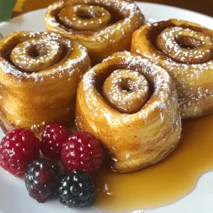 To create this delightful dish, you need the following ingredients: - 4 large cinnamon rolls, thawed (either store-bought or homemade) - 4 large eggs - 1 cup milk (whole milk or almond milk for a dairy-free option) - 1 teaspoon pure vanilla extract - 1 teaspoon ground cinnamon - 1/4 teaspoon freshly grated nutmeg (optional) - 2 tablespoons unsalted butter (for frying) - Powdered sugar (for dusting) - Maple syrup (for serving) These ingredients blend together to make a warm, sweet treat you will love. You can elevate your French toast with these fun add-ins and toppings: - Fresh berries such as strawberries or blueberries - Sliced bananas for added sweetness - Chopped nuts like pecans or walnuts for crunch - Whipped cream for a rich finish - Extra cinnamon or pumpkin spice for extra flavor Feel free to mix and match to suit your taste. You can easily adapt this recipe for special diets: - For a dairy-free version, use almond milk or oat milk. - Substitute cinnamon rolls with gluten-free options available at stores. - Use flax eggs instead of real eggs for a vegan option. These substitutes will still give you a tasty breakfast without missing out. Start your fun by slicing each cinnamon roll in half. Cut them horizontally to create two even halves. This step is key. It allows the rolls to soak up the egg mixture better. You want flavor in every bite! Grab a large mixing bowl. Crack in the four eggs. Add the cup of milk, pure vanilla extract, ground cinnamon, and nutmeg if you like. Now, whisk it all together until smooth. This mix will be your soaking batter, giving the rolls a rich flavor. Take a half of a cinnamon roll and dip it into the egg mix. Let it soak for about 20-30 seconds on each side. Make sure it gets coated well but not too soggy. The goal is to have a nice balance of flavor and texture. Heat a large skillet over medium heat. Add two tablespoons of butter and let it melt. Once it sizzles, add the soaked cinnamon roll halves cut side down. Cook them for 3-4 minutes until golden brown. Flip them carefully and cook the other side for 2-3 minutes more. Check that both sides are golden brown and hot inside. Once done, take them out and place them on a serving plate. They should look inviting and delicious. Dust the warm French toast with powdered sugar for a sweet finish. Drizzle with warm maple syrup for that rich touch. If you want, add fresh berries on top for color and flavor. Enjoy this delightful breakfast treat! For the complete recipe, check the Full Recipe section. To make your French toast just right, you need to control the heat. Use medium heat on your skillet. Too high, and the outside burns before the inside cooks. Watch for a golden-brown crust on both sides. That shows it’s ready to eat. Soaking the cinnamon roll halves for 20-30 seconds is key too. This gives them time to absorb the egg mixture without getting mushy. One common mistake is soaking the rolls too long. If you leave them in the egg mixture too long, they can become too soggy. Another mistake is using cold butter. Always start with a hot skillet and warm butter. This helps achieve that perfect crust. Lastly, don’t crowd the skillet. Cook in batches if needed. Each piece needs room to cook evenly. When serving, stack the French toast high on a plate. This gives a great look. Dust with powdered sugar for that sweet touch. Drizzle warm maple syrup on top, and add fresh berries for color. You could even add a sprinkle of cinnamon for extra flavor. For a twist, try whipped cream or a dollop of yogurt on the side. These ideas make your meal even more special. For the full recipe, check out the link for more details. {{image_4}} You can change the flavor of your cinnamon roll French toast easily. For a warm fall taste, add pumpkin spice. Use 1 teaspoon of pumpkin spice in your egg mixture. It adds a lovely autumn touch. For a sweet twist, try chocolate chip. Just sprinkle chocolate chips on the cinnamon rolls before soaking them. Both options taste amazing! While cinnamon rolls are classic, you can use other breads. Croissants give a flaky, buttery texture. Slice them in half and soak as you would with cinnamon rolls. Brioche is another great choice. It has a rich, soft texture that pairs well with the egg mixture. Each base brings a unique taste to your breakfast delight. Toppings can make your French toast special. Fresh fruit like strawberries or blueberries adds brightness. You can also use nuts. Chopped pecans or walnuts give a nice crunch. For a creamy finish, spread cream cheese on top. You can mix cream cheese with a bit of sugar and vanilla for extra sweetness. These toppings can elevate your dish and make each bite delightful. For the full recipe, check out the detailed instructions above! After you enjoy your cinnamon roll French toast, store any leftovers in an airtight container. Let them cool to room temperature first. Place parchment paper between layers to avoid sticking. This keeps them fresh for up to three days in the fridge. To reheat your cinnamon roll French toast, simply place it in a skillet over medium heat. Cook for about 2-3 minutes on each side until warm. You can also use a microwave. Heat on medium for about 30 seconds, but check often to avoid drying them out. You can freeze cinnamon roll French toast for later enjoyment! First, let them cool completely. Wrap each piece in plastic wrap, then place in a freezer-safe bag. They can stay in the freezer for up to three months. When ready to eat, thaw overnight in the fridge, then reheat as mentioned above. Enjoy the taste of breakfast bliss anytime! Yes, you can prepare this dish ahead of time. Make the egg mixture and soak the cinnamon roll halves. Keep them in the fridge overnight. In the morning, just cook them in a skillet. This saves time and gives you a warm breakfast fast. Maple syrup is the classic choice. Its sweet flavor pairs perfectly with cinnamon rolls. If you like, try caramel or a fruit syrup for a twist. Each syrup adds a unique taste and enhances the dish's sweetness. To make this recipe fit your diet, swap ingredients. Use almond milk for dairy-free needs. Choose gluten-free cinnamon rolls if you need gluten-free. You can also use egg substitutes like flax eggs for a vegan option. This keeps the fun while meeting your needs. Leftover cinnamon roll French toast lasts about 3 days in the fridge. Store it in an airtight container to keep it fresh. Reheat it in the microwave or a skillet for the best taste. Enjoy it again when you want a sweet treat! This article covered how to make Cinnamon Roll French Toast. We discussed required ingredients and fun add-ins. You learned step-by-step instructions to prepare this dish. I shared tips for perfect cooking, common mistakes to avoid, and exciting variations. Plus, I included storage tips and answered common questions. Now, it’s your turn to try this recipe. Make it your own with different flavors and toppings. Enjoy this warm and sweet dish with friends or family!