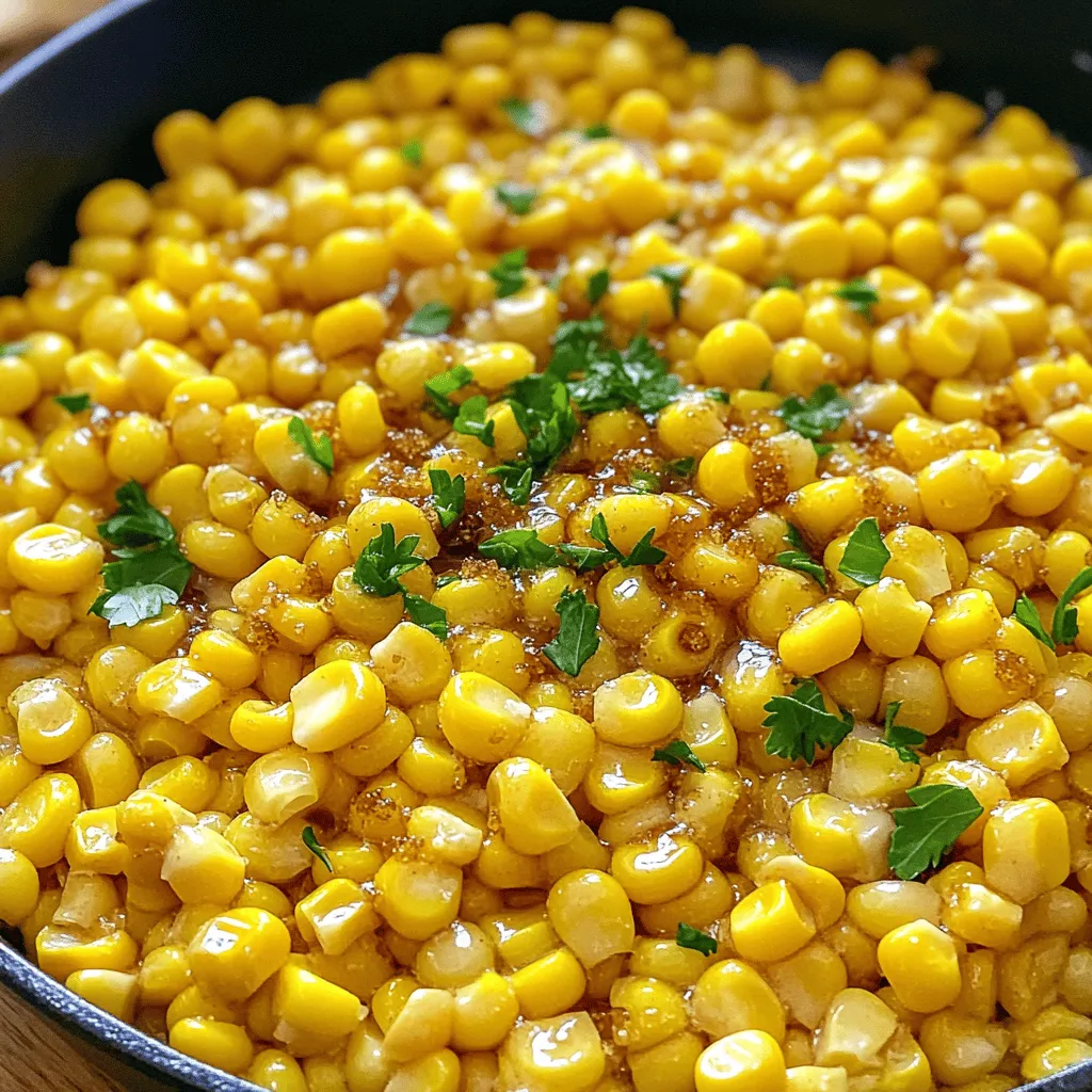 To make Honey Butter Skillet Corn, you need simple and fresh ingredients. Here’s what you will need: - 4 cups fresh corn kernels or 2 cans of sweet corn - 1/4 cup unsalted butter - 1/4 cup honey - 1 tablespoon dark brown sugar - 1/2 teaspoon sea salt - 1/4 teaspoon freshly ground black pepper - 1/2 teaspoon smoked paprika - 1/4 cup fresh parsley for garnish These ingredients create a sweet and savory dish that shines. Fresh corn brings sweetness, while butter adds rich flavor. Honey and dark brown sugar enhance that sweetness. The spices balance it out, giving depth to each bite. Using fresh corn is best for flavor and texture. If you use canned corn, make sure to drain it well. The butter will melt and coat the corn, making it creamy. Honey adds a lovely sweetness, and smoked paprika gives a hint of warmth. The herbs at the end add color and freshness. Check out the Full Recipe for more details on how to bring it all together! 1. Heating the skillet and melting the butter First, heat a large skillet on medium heat. Add the unsalted butter to the hot skillet. Let it melt completely. Swirl the pan gently. This helps coat the bottom with butter. 2. Adding and coating the corn kernels Once the butter melts, add the fresh corn kernels. Stir well to coat each kernel in buttery goodness. This step gives the corn a rich flavor. 3. Mixing the honey and spices In a small bowl, mix the honey, dark brown sugar, sea salt, black pepper, and smoked paprika. Stir carefully until blended. This mixture adds a sweet and savory kick to the dish. 1. Pouring the honey mixture over the corn Pour the honey mixture over the corn in the skillet. Use a spatula to stir it all together. Make sure each kernel is coated with the sweet glaze. 2. Cooking time and techniques Cook the corn mixture for about 10 to 12 minutes. Stir it occasionally. This allows the corn to become tender and slightly caramelized. 3. Adjusting seasoning and finishing touches After cooking, taste the corn. Adjust the seasoning if needed. You can add a pinch of salt or drizzle more honey for extra sweetness. When done, take the skillet off the heat. Garnish with fresh parsley for a vibrant touch. For a full recipe, check out the details above on how to create this sweet and savory dish! Achieving perfect caramelization To get that nice golden color, cook the corn over medium heat. Stir it often to help it cook evenly. Caramelization brings out the corn's natural sweetness. This step is key for flavor. Choosing the right type of corn for the recipe Fresh corn kernels are best for this dish. If fresh corn is not available, use canned corn. Just make sure to drain it well. Avoid frozen corn, as it tends to get watery. You want the corn to be sweet and juicy. Overcooking the corn Be careful not to overcook the corn. Cooking it for too long can make it tough. Aim for about 10-12 minutes of cooking time. This keeps the corn tender while allowing it to caramelize. Incorrect seasoning balance Getting the seasoning just right is crucial. Too much salt can overpower the dish. If your honey butter skillet corn tastes bland, add a pinch of salt or extra honey. Taste it as you go to find that perfect balance. For the complete recipe, check out the Full Recipe section. {{image_4}} You can make Honey Butter Skillet Corn even more fun with flavor twists. I love adding spices to change the taste. Chili powder gives a nice kick. Garlic powder adds depth. Just sprinkle in what you like as you cook. You can also try different sweeteners. If you want a richer taste, use maple syrup instead of honey. Agave syrup works too and is lighter. These swaps can give your dish a whole new vibe. For those who need a dairy-free option, you can easily swap the butter. Use a light oil like olive or coconut oil instead. This keeps the dish tasty while fitting your needs. If you're gluten-free, don’t worry! This recipe already fits the bill. Just make sure any spices or extras you add are also gluten-free. Enjoy this sweet and savory dish without any worries. For the full recipe, check out Sweet & Savory Honey Butter Skillet Corn. To store your Honey Butter Skillet Corn, let it cool first. Place the corn in an airtight container. This keeps it fresh and tasty. You can store it in the fridge for up to 3 days. If you want it to last longer, consider freezing it. It will stay good for about 2 months in the freezer. Just make sure to use a freezer-safe container or bag. When it’s time to enjoy your leftovers, use the stovetop for reheating. This method helps keep the corn moist and flavorful. Simply add a little butter or water to the skillet. Heat it over medium-low heat and stir frequently. This prevents any burning. You can also use the microwave. Place the corn in a microwave-safe dish, cover it, and heat in short bursts. Stir in between to ensure even warming. Either method will bring back that delicious taste. Enjoy your sweet and savory delight! To make Honey Butter Skillet Corn sweeter, add more honey. Start with a little and taste. If you want it sweeter, drizzle in more honey and mix well. You can also add a touch of dark brown sugar. This enhances the sweet flavor and gives a deeper taste. Yes, you can use frozen corn. It works well and saves time. Just thaw it before cooking. Drain any excess water so your dish stays flavorful. The sweetness and texture will still shine through, making it a great option. Honey Butter Skillet Corn pairs well with many dishes. Try it with grilled chicken or pork. It also complements spicy dishes, balancing the heat. You can serve it alongside tacos or burritos for a fun twist. For a complete meal, add a fresh salad. For the full recipe, check out the Sweet & Savory Honey Butter Skillet Corn section! In this blog post, I shared a great recipe for Honey Butter Skillet Corn. We covered the needed ingredients, step-by-step cooking instructions, and tips for the best flavor. I also shared variations and storage tips to help you get the most from this dish. Remember, good cooking is about balance and enjoying the process. You can impress your family or friends with this simple but tasty recipe. Enjoy it alongside your favorite meals!