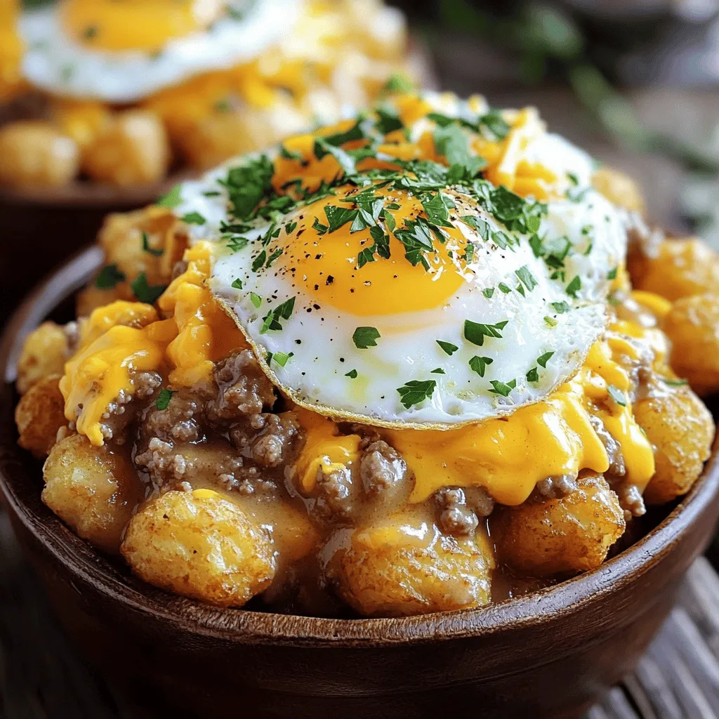 - 1 pound frozen tater tots - 1 pound breakfast sausage (pork-free) - 1/4 cup all-purpose flour - 2 cups milk (whole or your choice) - 1 teaspoon garlic powder - 1 teaspoon onion powder - Salt and pepper to taste - 4 large eggs - 1 cup shredded cheddar cheese - 1 tablespoon chopped fresh parsley (for garnish) When I create a Tater Tot Breakfast Bowl with Sausage Gravy, I start with the right ingredients. The frozen tater tots are the base. They give a nice crunch and hold everything together. I love using pork-free breakfast sausage for a hearty flavor. Next, I add all-purpose flour to thicken the gravy. Milk makes it creamy and rich. I use whole milk, but you can choose any type you like. For seasonings, garlic powder and onion powder add depth. A bit of salt and pepper makes everything pop. The toppings are just as important. I use large eggs cooked just right—sunny side up or scrambled. Shredded cheddar cheese gives a melty finish. Finally, fresh parsley adds color and taste. This dish is comforting and filling. You can find the full recipe to guide you through each step. Enjoy making this delightful breakfast! - Preheat your oven to the temperature on the tater tot package. - Spread the frozen tater tots evenly on a baking sheet. - Make sure they are not crowded for even cooking. - Bake them until they turn golden brown and crispy. This usually takes about 20 to 25 minutes. - Shake the pan halfway through to help them crisp up. - While the tater tots bake, heat a large skillet over medium heat. - Add the breakfast sausage to the skillet. - Break it apart with a spatula and cook until it is browned and crumbly. This should take about 5 to 7 minutes. - If there is too much grease, drain it off carefully. - Next, sprinkle the all-purpose flour over the sausage. - Stir it well to coat the sausage evenly and let it cook for 1 to 2 minutes. - Gradually pour in the milk while stirring to avoid lumps. - Add garlic powder, onion powder, and season with salt and pepper. - Bring the mixture to a gentle simmer and cook until it thickens, about 5 to 7 minutes. - In another non-stick skillet, cook the eggs to your liking. - You can fry them sunny side up or scramble them. - Season the eggs lightly with salt and pepper as they cook. - Once everything is ready, it’s time to assemble the bowls! - Divide the hot, crispy tater tots among four bowls. - Ladle the rich sausage gravy over the tater tots in each bowl. - Top each bowl with a cooked egg. - Sprinkle shredded cheddar cheese over the warm eggs for a nice melt. - Garnish with fresh parsley for a pop of color. For the complete process, refer to the Full Recipe. Enjoy your hearty breakfast bowl! To get crispy tater tots, follow these steps: - Preheat your oven as the package says. - Spread the tater tots evenly on a baking sheet. - Do not crowd them; this helps them crisp up. - Bake until golden brown, about 20-25 minutes. - Shake the pan halfway through cooking for even crisping. To avoid lumps in your gravy, do this: - After cooking the sausage, sprinkle the flour over it. - Stir the sausage and flour together well. - Gradually add milk while stirring constantly. - This method helps keep the gravy smooth. For the best eggs in this dish, consider these methods: - Fry them sunny side up for a runny yolk. - Scramble them for a soft, fluffy texture. - Cook until the eggs are firm and set. If you want variations, try these: - Poach the eggs for a delicate flavor. - Use hard-boiled eggs for a firmer bite. To make your bowl look great, follow these ideas: - Start with a layer of crispy tater tots. - Ladle on the rich sausage gravy generously. - Place the cooked egg right on top. Enhance the dish with garnishes: - Sprinkle shredded cheese while everything is warm. - Add fresh parsley on top for color. - Serve with hot sauce on the side for extra kick. These simple tips can make your tater tot breakfast bowl shine! For the complete process, check the Full Recipe. {{image_4}} You can swap out the sausage for plant-based options. Try using veggie sausage or tofu. These choices give the dish a different flavor while making it meat-free. For milk and cheese, use dairy-free alternatives like almond milk or cashew cheese. This makes the bowl suitable for those who avoid dairy. Adding vegetables can boost flavor and nutrition. Spinach adds a nice color and taste. Bell peppers bring crunch and sweetness. You can also experiment with seasonal spices. Try adding cinnamon in the fall or fresh herbs in the spring. Want a twist? Make a breakfast burrito! Use tater tots and gravy as filling. Wrap it all in a tortilla, and you have a fun, portable meal. Another option is a tater tot casserole. Layer tater tots, gravy, and cheese in a baking dish. Bake until hot and bubbly for a satisfying dish. To keep your Tater Tot Breakfast Bowl fresh, cool it to room temperature first. Then, place it in an airtight container. This helps prevent moisture loss and keeps flavors intact. Store the bowl in the fridge for up to three days. You can also separate the components for better storage. Use one container for tater tots and another for the gravy and eggs. For the best texture, reheat the tater tots in the oven. Preheat it to 400°F (200°C) and bake for 10 minutes. This keeps them crispy. For the sausage gravy, warm it on the stove over low heat. Stir often to avoid sticking. If the gravy thickens too much, add a splash of milk. For eggs, microwave them in short bursts. This helps prevent them from becoming rubbery. Yes, you can freeze the Tater Tot Breakfast Bowl! First, let it cool fully. Then, use a freezer-safe container. Store it for up to two months. To thaw, move it to the fridge overnight. For reheating, bake at 350°F (175°C) until heated through. This keeps the dish tasty and enjoyable after freezing. A Tater Tot Breakfast Bowl is a fun and hearty dish. It combines crispy tater tots, savory sausage gravy, and eggs. You layer these ingredients for a comforting meal. The mix of textures and flavors makes it delightfully satisfying. This bowl is perfect for breakfast, brunch, or even dinner. This recipe takes about 45 minutes to make. You spend about 10 minutes prepping your ingredients. Cooking the tater tots and sausage takes around 25 minutes. Finally, cooking the eggs only takes about 5 minutes. It’s an easy meal to whip up any time of day. Yes, you can prep some parts in advance. Cook the tater tots and sausage gravy a day ahead. Store them in the fridge. When you are ready to eat, just reheat them. Cook the eggs fresh for the best taste. You can make the sausage gravy your own! Try adding different spices or herbs. For a spicy kick, add red pepper flakes. If you want a creamy flavor, mix in some cream cheese. You can also swap the sausage for ground turkey or a plant-based option. Absolutely! Cheddar cheese is the classic choice. You can also try pepper jack for some heat. Mozzarella gives a mild, gooey texture. For a stronger flavor, go with blue cheese. Each option adds its own twist to the dish. In this blog post, we explored the tasty creation of a Tater Tot Breakfast Bowl. We covered ingredients, step-by-step cooking, and helpful tips. You learned how to make crispy tater tots and delicious sausage gravy. Variations allow for fun twists, too. Whether you enjoy eggs scrambled or fried, there’s a way to customize this dish for everyone. Remember, presentation adds to the meal’s appeal. By storing and reheating it properly, you can enjoy every bite. Now, get cooking and savor your own Tater Tot Breakfast Bowl!