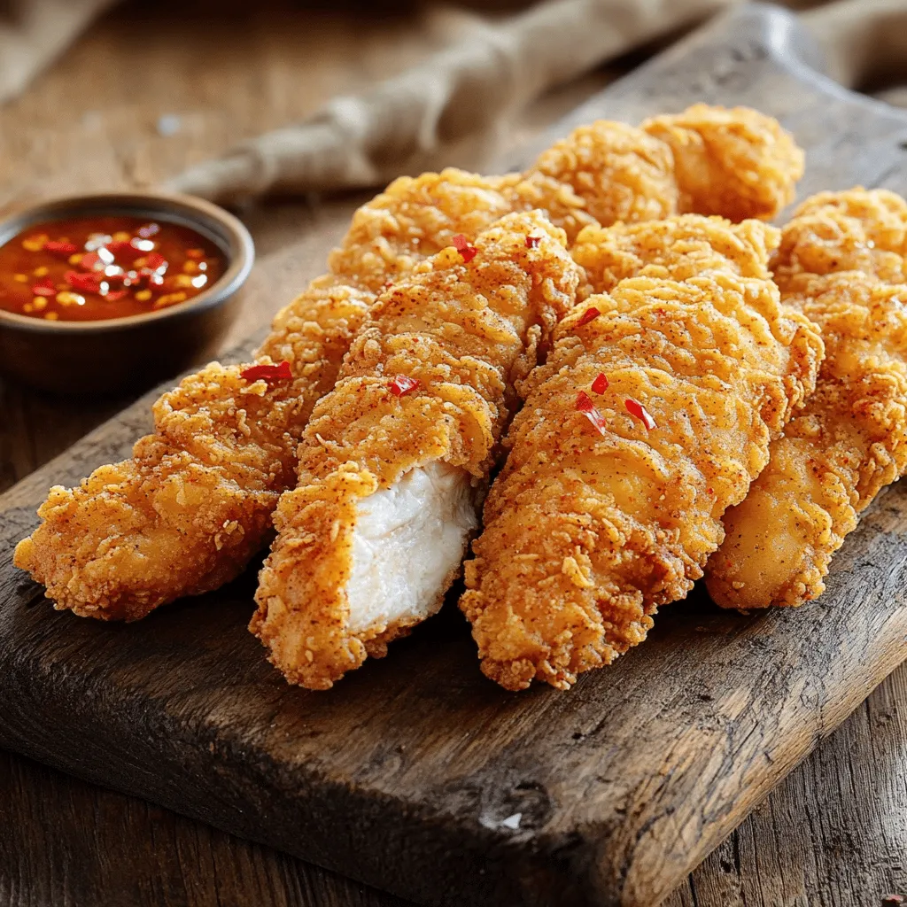 - 1 pound of chicken tenders - 1 cup buttermilk - 1 teaspoon hot sauce (optional) - 1 cup all-purpose flour - 1 teaspoon paprika - 1 teaspoon garlic powder - 1 teaspoon onion powder - 1 teaspoon cayenne pepper - 1 teaspoon black pepper - 1 teaspoon salt - Oil for frying (canola or vegetable oil preferred) Gathering the right ingredients is key to making these copycat Popeye's chicken strips. You start with one pound of chicken tenders. They are juicy and tender, perfect for frying. Next, grab a cup of buttermilk. This helps tenderize the chicken. If you like some heat, add a teaspoon of hot sauce. For the seasoning blend, you will need a cup of all-purpose flour. This will give the strips that crispy outer layer. Mix in one teaspoon each of paprika, garlic powder, onion powder, cayenne pepper, black pepper, and salt. These spices create a bold flavor that makes your strips taste amazing. Finally, you will need oil for frying. Canola or vegetable oil works best here. It has a high smoke point, which means it can get hot without burning. For more details on how to combine these ingredients and make the dish, check out the Full Recipe. Start by mixing 1 cup of buttermilk with 1 teaspoon of hot sauce, if you want some heat. This mix gives the chicken a great flavor. Add 1 pound of chicken tenders to the bowl. Make sure each piece is covered well. Cover the bowl with plastic wrap. Place it in your fridge for at least 1 hour. If you can, let it sit overnight. This helps the chicken stay juicy and tasty. In a separate bowl, combine 1 cup of all-purpose flour with your seasonings. Add 1 teaspoon each of paprika, garlic powder, onion powder, cayenne pepper, black pepper, and salt. Whisk these dry ingredients together. Mixing them well ensures that every piece of chicken is packed with flavor. Heat oil in a deep skillet or frying pan to 350°F (175°C). Use a kitchen thermometer to check the temperature. When it's ready, take the marinated chicken out of the fridge. Let the excess buttermilk drip off. Dredge each chicken strip in the flour mixture. Make sure each strip is coated well, then shake off any extra flour. Carefully place the chicken strips in the hot oil in batches. Do not crowd the pan; this helps them cook evenly. Fry each batch for about 4-5 minutes on each side. You want them to be golden brown and cooked through. The inside should reach 165°F (74°C). Once done, use a slotted spoon to lift the chicken out. Place the strips on a plate lined with paper towels. This helps soak up extra oil. Serve your crispy chicken strips hot, and feel free to add your favorite dipping sauces for an extra treat. For the full recipe, check the main section! Marination is key to great taste. I recommend marinating your chicken for at least one hour. For the best flavor, try to marinate overnight. This helps the chicken soak up the buttermilk and spices. You can also adjust the spice level with cayenne pepper. If you like it spicy, add a bit more. If you prefer mild, cut back on the cayenne. This way, you can make the chicken perfect for your taste buds. Frying can be tricky, but a few tips help. First, avoid overcrowding the pan. If you add too many chicken strips at once, the oil cools down. This leads to soggy chicken, not crispy. Fry in small batches to keep the oil hot. Also, keep an eye on the oil temperature. Aim for 350°F (175°C). Use a thermometer to check. This perfect heat cooks the chicken and gives it that crispy gold color. When it's time to serve, think about dipping sauces. Ranch dressing is a classic choice. You can also try spicy aioli for a twist. For a nice touch, arrange the chicken strips on a platter. Adding fresh parsley or lemon slices makes it look great. This simple step enhances the meal's appeal. Enjoying your homemade chicken strips should feel special! {{image_4}} You can make these chicken strips a bit healthier. One way is to use an air fryer. This method uses less oil, making it lighter. You can still get that crispy texture without all the fat. Simply season the chicken as usual, then cook in the air fryer. Aim for 400°F for about 12-15 minutes, flipping halfway through. Another option is to bake the strips. For this, coat the chicken with a mixture of whole wheat breadcrumbs and spices instead of flour. Spray them lightly with oil to help them crisp up. Bake in a preheated oven at 425°F for about 20-25 minutes, or until golden. You can mix up the flavor of your chicken strips easily. Try adding different spices or herbs to your dredge. For a citrus twist, add some lemon zest or dried herbs like thyme or oregano. For a kick, increase the cayenne pepper or add chili powder. If you love spice, consider a buffalo-style version. Simply toss the cooked strips in buffalo sauce after frying. This will give them a zesty, spicy flavor that pairs perfectly with a cooling dip like ranch. Pairing your chicken strips with the right sides makes a huge difference. Classic choices include crispy fries, coleslaw, or a fresh salad. You can also serve them with sweet potato fries for added flavor and nutrition. For drinks, lemonade or iced tea work well. If you want something more fun, try a cold beer or a spicy margarita. These drinks balance the savory flavors of the chicken strips and enhance your meal experience. To keep your chicken strips fresh, cool them first. Let them sit at room temperature for about 30 minutes. Then, place them in airtight containers. These containers help lock in moisture and flavor. You can also wrap them tightly in foil or plastic wrap. The oven is best for reheating chicken strips. Preheat it to 375°F (190°C). Place the strips on a baking sheet. This method keeps them crispy. Bake for about 10-15 minutes until heated through. If you use the microwave, heat them in short bursts. This way, they won’t get soggy. To freeze your chicken strips, let them cool completely. Place them in a single layer on a baking sheet. Freeze for about an hour until firm. Then, transfer them to freezer bags. Remove as much air as you can. They can last up to three months in the freezer. For thawing, move them to the fridge overnight. Reheat them in the oven for the best texture. Enjoy delicious chicken strips anytime! For the complete recipe, check the Full Recipe section. Marinate the chicken for at least one hour. For the best flavor and tenderness, I recommend marinating overnight. This gives the buttermilk time to soak into the chicken. The acid in buttermilk helps tenderize the meat, making it juicy and flavorful. Yes, you can use different cuts. Chicken thighs work well if you want more flavor. You can also use bone-in pieces, but they will take longer to cook. Just ensure that the internal temperature reaches 165°F (74°C) for safety. If you don't have buttermilk, you can make a quick substitute. Mix one cup of milk with one tablespoon of vinegar or lemon juice. Let it sit for five minutes to sour. This will mimic the acidity of buttermilk and work just fine in this recipe. To get that perfect crispy coating, follow these tips: - Use cold buttermilk for marinating. This helps keep the chicken juicy. - Make sure to coat the chicken well in the flour mixture. A thick layer will fry up nicely. - Fry in batches and avoid overcrowding the pan. This keeps the oil hot and helps the coating crisp up. - Monitor the oil temperature. It should be around 350°F (175°C) for the best results. For more details, check the Full Recipe. In this article, I've shared a simple way to make crispy chicken strips. First, marinate chicken tenders in buttermilk. Next, mix flour with spices. Then, fry the chicken until golden brown. You can tweak flavor with spices or try healthier cooking methods. Store leftovers correctly to enjoy later. Remember, the right marination and frying techniques create a great dish. Enjoy your cooking and the tasty chicken strips you’ll make!