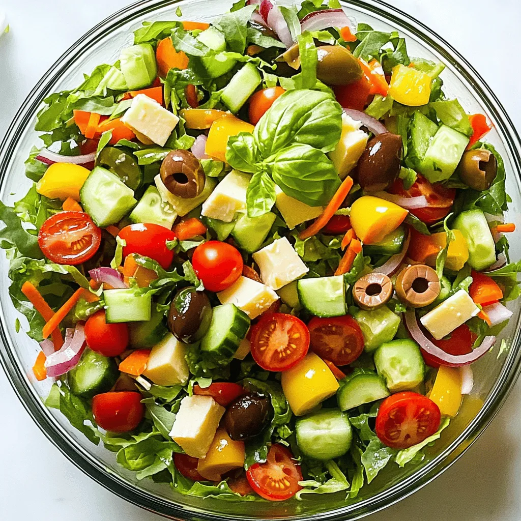 To make a delicious Grinder Salad, you need a mix of fresh veggies. Here’s what you need: - 1 cup romaine lettuce, chopped into bite-sized pieces - 1 cup arugula, roughly chopped - ½ cup cherry tomatoes, halved for sweetness - ½ cucumber, diced into small cubes - ½ red onion, thinly sliced for a sharp flavor - 1 small bell pepper (any color), diced for crunch and color - 1 carrot, grated for a hint of sweetness - ½ cup provolone cheese, cubed for creaminess - ¼ cup pepperoncini, sliced for a tangy kick - ¼ cup Kalamata olives, pitted and halved for richness - ⅓ cup Italian dressing (your choice of store-bought or homemade) - Salt and pepper to taste - Fresh basil leaves, torn for garnish Each of these ingredients brings a unique taste and texture to the salad. The romaine and arugula form a crisp base, while the tomatoes and cucumbers add freshness. The cheese and olives enhance the flavor, making every bite delightful. When it comes to dressing, you have options. You can use store-bought Italian dressing for ease. Or, if you have time, try making your own. A homemade dressing can elevate your salad with fresh herbs and spices. For a full recipe, check out the Grinder Salad Delight 🥗. You’ll enjoy every step of making this fresh and colorful dish! Start by grabbing a large salad bowl. Combine 1 cup of chopped romaine lettuce and 1 cup of roughly chopped arugula. These greens form the base of your Grinder Salad. Their crispness adds a nice crunch to each bite. Next, gently fold in ½ cup of halved cherry tomatoes, ½ diced cucumber, ½ thinly sliced red onion, and 1 small diced bell pepper. Take care when mixing these veggies. You want to keep their shape and texture for a fresh salad experience. Now, add 1 grated carrot, ½ cup of cubed provolone cheese, ¼ cup of sliced pepperoncini, and ¼ cup of halved Kalamata olives. This mix brings a burst of flavor to your salad. Drizzle ⅓ cup of Italian dressing over everything. Toss lightly to coat each ingredient. Finally, season with salt and pepper to your taste. Toss again gently to blend the flavors. Top your salad with torn fresh basil leaves for a lovely finish. For the full recipe, check out my Grinder Salad Delight. To keep your Grinder Salad fresh, mix the ingredients gently. This prevents the greens from getting bruised. Start by combining romaine lettuce and arugula as your base. Then, fold in the other veggies one by one. This method helps maintain their crunchiness and bright colors. Want to boost the flavor? Add more herbs like parsley or dill. You can also sprinkle some oregano for an Italian twist. A little red pepper flake can give it a nice kick. These small adjustments can make a big difference. For a stunning display, serve your salad in a clear glass bowl. This way, everyone can see the colorful layers. You can also top it with extra provolone cheese or whole pepperoncini. This adds charm and makes it more inviting. Don't forget to arrange the basil leaves on top for a lovely finish. For the full method, check out the Full Recipe. {{image_4}} You can switch out romaine and arugula for other greens. Try using spinach for a softer texture. Kale adds a hearty crunch, while mixed greens bring a variety of flavors. Each green creates a new taste and look for your salad. Feel free to experiment with different combinations until you find your favorite mix. Adding protein can make your Grinder Salad more filling. Grilled chicken provides a nice smoky flavor. For a plant-based option, chickpeas or black beans work well, too. They add creaminess and a protein boost. You can also try diced hard-boiled eggs for extra richness. Choose what fits your taste or dietary needs best. The dressing plays a big role in flavor. You can use different vinaigrettes to change the taste. A balsamic vinaigrette gives a sweet twist, while a lemon-herb dressing adds brightness. You can even mix Greek yogurt with herbs for a creamy option. Experiment with what you have on hand to find your favorite combination. For more ideas, check out the Full Recipe. To keep your Grinder Salad fresh, store leftovers in an airtight container. Make sure to put it in the fridge right away. This salad stays good for about three days. If you see any wilting or browning, it’s best to toss those parts. You can enjoy the flavors for lunch or dinner again! For long-term storage, freezing the entire salad isn’t ideal. However, you can freeze individual ingredients like diced bell peppers and olives. Just chop them and place them in freezer bags. When you’re ready to use them, let them thaw in the fridge overnight. This way, you can make a fresh salad anytime. To keep greens crisp, store them separately from wet ingredients. Put romaine lettuce and arugula in a sealed container with a paper towel. The towel absorbs moisture, helping the greens stay fresh. Keep diced veggies and cheese in separate containers too. This keeps everything tasting great until you serve your tasty Grinder Salad! Grinder Salad is a fresh and colorful dish made with crisp greens and veggies. The main ingredients include romaine lettuce and arugula, which give a nice crunch. You will find juicy cherry tomatoes, cool cucumbers, and crunchy bell peppers in this salad. The addition of provolone cheese and Kalamata olives adds creamy and salty notes. Finally, a tangy Italian dressing ties all the flavors together. This salad is perfect for summer picnics or a light lunch. To make Grinder Salad vegetarian, simply skip the cheese if it contains animal rennet. You can add protein options like chickpeas or black beans instead. Another great choice is to use grilled tofu, which adds a nice texture. If you want more flavor, try adding roasted veggies or nuts for crunch. These swaps keep your salad tasty and filling. Yes, you can prepare Grinder Salad ahead of time! To do this, chop the veggies and keep them in a sealed container in the fridge. I suggest mixing the dressing separately. When it’s time to serve, combine everything and toss with the dressing. This method keeps the greens crisp and fresh. You can also make a large batch for gatherings, making it easy to feed your guests without stress. In this blog post, we explored the vibrant world of Grinder Salad. We covered essential ingredients like romaine, cherry tomatoes, and provolone cheese. You learned step-by-step instructions to build this salad with the right texture and taste. We shared tips for flavor enhancements and creative presentation ideas. Variations like protein add-ins and dressing swaps keep it exciting. Finally, we discussed storage tips to keep leftovers fresh. Enjoy making this salad your own, and savor every bite!