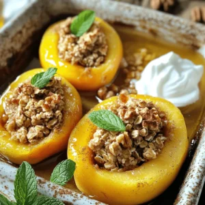 - 4 ripe peaches, halved and pitted - 1 cup rolled oats - 1/2 cup chopped walnuts - 1/4 cup honey or maple syrup - 1/2 teaspoon ground cinnamon - 1/4 teaspoon ground nutmeg - 1/4 teaspoon pure vanilla extract - Pinch of salt - 1/2 cup creamy Greek yogurt - Fresh mint leaves for garnish For the best stuffed baked peaches, fresh peaches are key. You want them sweet and ripe. The oats and walnuts give a nice crunch. Honey or maple syrup adds a sweet touch. Cinnamon and nutmeg bring warmth. A pinch of salt balances all the flavors. Greek yogurt is a great choice for serving. It adds creaminess and tang. Fresh mint leaves make the dish look pretty and bright. You can mix and match these ingredients based on what you like. The full recipe gives you all the details you need to whip up this sweet treat. - Preheat your oven to 350°F (175°C). This gets it ready for baking. - Cut each peach in half and remove the pit. You want nice, clean halves. - In a medium mixing bowl, combine rolled oats, chopped walnuts, honey, ground cinnamon, ground nutmeg, vanilla extract, and a pinch of salt. - Mix well until you get a crumbly texture that holds together when pressed. It should feel like damp sand. - Take each peach half and fill the center with the oat mixture. Press it down gently. - Place the stuffed peaches cut-side up in a baking dish. Make sure they fit snugly but aren’t crowded. - Bake in the preheated oven for 25-30 minutes. They are done when the peaches are fork-tender and the filling is golden. - After baking, let the peaches cool for about 5 minutes. This makes them easier to eat. - For serving, you can drizzle extra honey or maple syrup on top. Add a dollop of Greek yogurt on the side, if you like, and garnish with mint leaves. This simple method captures a delightful mix of flavors and textures. Enjoy this sweet treat! For the full recipe, see the earlier section. To get a fork-tender peach, pick ripe ones. They should feel soft but not mushy. When you bake them, keep an eye on the time. About 25 to 30 minutes works well. This will ensure they cook just right. Make sure the filling sticks by pressing it down gently. This helps it bond with the peach. A crumbly texture is perfect. It should hold together well when you fill the peach halves. Drizzling honey or maple syrup adds sweetness. It enhances the flavor of the baked peaches. You can also serve them with creamy Greek yogurt. The yogurt adds a nice tang. Fresh mint leaves are great for garnish. They bring a burst of color and freshness. For serving, choose a vibrant platter. A colorful display makes the dish more inviting. You can place the peaches in a circle for a fun look. Add small bowls of yogurt on the side. Scatter mint leaves around for a beautiful visual. This will impress your guests and make them want to try your dish! {{image_4}} You can switch up the sweeteners in your stuffed baked peaches. Instead of honey or maple syrup, try using agave syrup for a milder sweetness. Brown sugar is another great option if you want a deeper flavor. Both will give your dish a unique twist. Each sweetener changes the taste and texture, so feel free to experiment! Adding different flavors can make your stuffed peaches shine. For instance, you can mix in dried fruits like raisins or cranberries. They add a chewy texture and more sweetness. Chocolate chips also work well if you want a sweeter treat. Try adding spices like ginger or cloves for warmth and depth. These flavors will take your dish to the next level. If you want to make a lighter version, consider oat-free filling options. Instead of oats, use quinoa or nuts for a crunchy texture. You can also create low-sugar variations by cutting down on the sweetener or using a sugar substitute. This way, you can enjoy this delightful treat without the extra calories! For the complete recipe, check out Full Recipe! To keep your stuffed peaches fresh, store them in the fridge. Place them in an airtight container. They will stay good for about three days. If you want to save them longer, consider freezing. Wrap each peach half in plastic wrap or foil. Then, place them in a freezer-safe bag. They can last up to three months in the freezer. When you want to enjoy your leftovers, use the oven or microwave. For the oven, preheat it to 350°F (175°C). Place the stuffed peaches on a baking sheet. Heat them for about 10-15 minutes. This method helps keep the flavors intact. If you’re short on time, use the microwave. Heat each peach half for about 30 seconds. Check to see if they are warm enough. Adjust the time if needed. Enjoy your delicious treat just like fresh! Yes, you can use canned peaches if fresh ones aren't available. Choose peaches packed in water or juice, not syrup. Drain them well before filling. Canned peaches are softer, so reduce the baking time to avoid mushiness. The peaches are done when they are fork-tender. You should easily pierce them with a fork. The filling should also turn a golden brown. Bake them for about 25 to 30 minutes, but check a bit early to avoid overcooking. If you don't have walnuts, try pecans or almonds. You can also use sunflower seeds for a nut-free option. Just chop them up to match the walnut size. This way, you still get a nice crunch in the filling. Yes, stuffed baked peaches are gluten-free! The main ingredient is rolled oats, which are naturally gluten-free. Just make sure your oats are labeled gluten-free, as some may be cross-contaminated with gluten. You can prepare the peaches ahead of time. Fill them and store them in the fridge for a few hours. When you're ready to bake, just pop them in the oven. This makes meal prep easy and fun! - Full Recipe: Stuffed Baked Peaches Delight Stuffed baked peaches are a simple and tasty treat. You learned about the ingredients needed and how to prepare them step by step. You can explore different sweeteners and healthy options to make this dish your own. Don’t forget to store leftovers and reheat them properly for best flavor. With these tips, you can create a delicious dessert that’s sure to impress. Enjoy your cooking and share these peach delights with others!