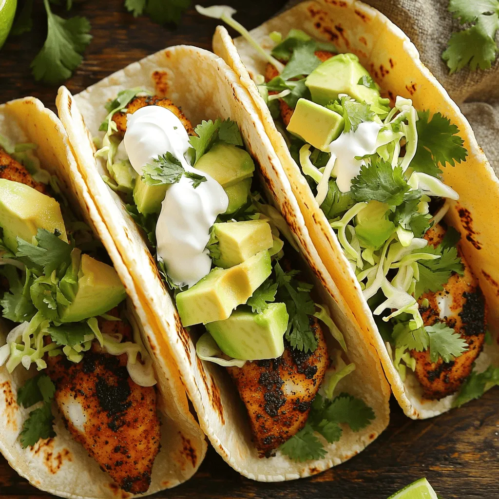 The main ingredients for blackened fish tacos are simple yet flavorful. You need: - 1 lb white fish fillets (tilapia or cod work well) - 8 small corn tortillas - 1 cup shredded cabbage - 1 avocado, sliced - 1/2 cup cilantro, chopped - 1 lime, cut into wedges These ingredients create the base of your tacos. The fish gives a tasty and flaky bite. The tortillas hold everything together. Cabbage adds crunch, while avocado and cilantro boost flavor. The magic happens with the spices in the blackening seasoning. You will use: - 2 tablespoons paprika - 1 tablespoon cayenne pepper - 1 tablespoon garlic powder - 1 tablespoon onion powder - 1 teaspoon dried thyme - 1 teaspoon dried oregano - Salt and pepper to taste This mix creates a bold flavor. Paprika brings warmth, while cayenne adds heat. Garlic and onion powder enhance the taste. Thyme and oregano introduce a fresh twist. These spices transform plain fish into a dish full of character. To make your tacos even better, consider these taste enhancers: - 1/2 cup sour cream or Greek yogurt Sour cream or yogurt adds creaminess. A squeeze of lime juice gives a refreshing zing. Together, they balance the spices and make each bite delightful. You can also serve extra lime wedges on the side for those who want more brightness. For the full recipe, check the complete instructions. To make the blackening spice, gather your spices. In a small bowl, mix together: - 2 tablespoons paprika - 1 tablespoon cayenne pepper - 1 tablespoon garlic powder - 1 tablespoon onion powder - 1 teaspoon dried thyme - 1 teaspoon dried oregano - Salt and pepper to taste Stir the spices well. This mix gives the fish its bold flavor. Make sure the spices blend evenly. Start by drying the fish fillets. Use paper towels to remove any moisture. Next, rub the blackening spice all over the fillets. Make sure to coat both sides well. Let the fish sit for about 15 minutes. This helps the flavors soak in. Now, heat 2 tablespoons of olive oil in a skillet over medium-high heat. When the oil shimmers, carefully place the fish in the skillet. Cook without moving it for 3 to 4 minutes. You want a nice golden-brown crust. Then flip and cook for another 3 to 4 minutes until the fish is flaky. Once the fish is done, let it rest for a minute. Then, use a fork to flake it into bite-sized pieces. Warm the corn tortillas. You can do this in a separate skillet for about 30 seconds on each side. Keep them warm by covering them with a towel. Now it’s time to assemble! On each tortilla, add a layer of shredded cabbage. Place a generous amount of the flaky fish on top. Add slices of avocado and sprinkle fresh cilantro over everything. For a creamy touch, drizzle sour cream or Greek yogurt on top. Squeeze lime juice for a zesty kick. Serve the tacos right away while they are warm and fresh. Enjoy your blackened fish tacos! Check out the Full Recipe for more details. To get that perfect blackened texture, heat is key. Use a cast-iron skillet if you have one. It holds heat well and gives a great crust. Preheat the skillet until it’s very hot. This helps the spices form a dark, crunchy layer on the fish. Don't rush this step; a hot skillet makes all the difference. Use fresh fish for the best flavor. Pat the fillets dry before seasoning. This helps the spices stick and prevents steaming. When cooking, let the fish rest in the skillet without moving it. This creates a nice sear. Flip the fillets carefully to keep them whole. Cook them just until flaky, which usually takes about 3-4 minutes per side. For a fun and colorful meal, add toppings like avocado, cilantro, and lime. The creamy avocado balances the spice of the blackened fish. You can also serve the tacos with a simple slaw made from shredded cabbage. This adds crunch and freshness. For drinks, try a cold beer or a refreshing limeade. These pair well with the bold flavors of the tacos. Check out the Full Recipe for more ideas! {{image_4}} You can use many types of fish for your tacos. Some great choices are mahi-mahi, snapper, or even salmon. Each fish brings its own flavor. If you like a milder taste, go with tilapia or cod. The key is to pick fish that can stand up to the blackening spices. While corn tortillas are classic, you can try flour tortillas for a softer bite. Lettuce wraps also work for a low-carb option. If you're feeling bold, use crispy tortilla chips for a crunchy twist. Think outside the box and find what you love most. Toppings can change your taco game. Swap sour cream for creamy avocado or a yogurt sauce. Try adding diced tomatoes or jalapeños for extra flavor. A mango salsa can add a sweet twist. Don't forget to experiment with fresh herbs like dill or parsley for new tastes. For more ideas, check the full recipe and get inspired! After you enjoy your blackened fish tacos, store any leftovers in a tight container. Place the fish in an airtight container to keep it fresh. You can also store the tortillas and toppings separately. This way, they maintain their texture and taste. Keep the leftovers in the fridge and use them within three days for the best flavor. To reheat your blackened fish, use a skillet over medium heat. This method keeps the fish moist and flavorful. Heat for about 2-3 minutes, flipping gently. If you prefer, you can microwave the fish in 30-second intervals, but this may not keep the texture as nice. For tortillas, warm them in a dry skillet for a few seconds on each side. This method brings back their softness. The shelf life of your ingredients varies. Fresh fish lasts about one to two days in the fridge. Tortillas can stay fresh for up to a week when stored properly. Fresh vegetables, like cabbage and avocado, last about three to five days. Always check for signs of spoilage before use. Proper storage helps maintain the quality and taste of your ingredients. For the full recipe, check the detailed instructions above. To make blackened fish tacos spicy, you can adjust the cayenne pepper. Increase the amount to enhance the heat. You can also add diced jalapeños or a spicy hot sauce to the toppings. Another option is to use a spicy seasoning blend with extra chili powder or smoked paprika. This adds flavor and heat to your tacos. Yes, you can prepare blackened fish tacos ahead of time. You can season the fish and store it in the fridge for a few hours. However, I recommend cooking the fish just before serving. This keeps the fish crispy and fresh. You can also warm the tortillas and prep the toppings ahead. Just assemble right before eating for the best taste. White fish works best for blackened tacos. My favorites are tilapia and cod. Both have a mild flavor that lets the spices shine. Other great options include snapper and mahi-mahi. They hold up well to the cooking process and stay flaky. For a richer flavor, you can try salmon, but it cooks differently. Adjust your cooking time to avoid overcooking. You learned how to make delicious blackened fish tacos. We covered key ingredients and spices that bring out rich flavors. I shared step-by-step instructions for easy cooking and tips for perfect results. You also explored fun variations and great storage methods. Embrace these tactics to elevate your taco night. Enjoy experimenting with flavors and ingredients. You now have all the tools for tasty blackened fish tacos!