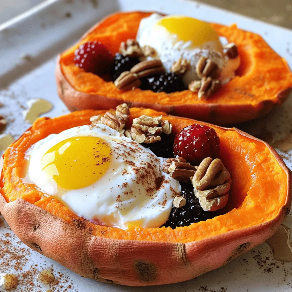- 2 medium sweet potatoes - 4 large eggs - 1 tablespoon coconut oil - 1 teaspoon ground cinnamon - 1 tablespoon pure maple syrup - 1/4 cup Greek yogurt (or a dairy-free alternative) - 1/4 cup chopped pecans (or your preferred nuts) - Fresh berries for topping - A pinch of salt When I make this breakfast sweet potato delight, I love using fresh ingredients. Sweet potatoes are sweet and tasty. They pack lots of nutrients. Eggs provide protein, which helps keep you full longer. I use coconut oil for cooking because it adds a nice flavor. Ground cinnamon gives the dish warmth. Pure maple syrup adds sweetness without being too heavy. Greek yogurt makes it creamy and smooth. You can swap it for a dairy-free yogurt if needed. Chopped pecans add a nice crunch. Fresh berries are the perfect finish. They add color and a burst of flavor. These ingredients come together to create a delightful meal. Each bite is a mix of sweet and savory, with crunchy and creamy textures. You can find the full recipe for this delicious breakfast sweet potato delight [Full Recipe]. Set your oven to 400°F (200°C). This step ensures a nice roast. Line a baking sheet with parchment paper. This makes cleanup easy and prevents sticking. Rinse the sweet potatoes under cold water. This removes any dirt. Use a fork to poke holes in each potato. These holes let steam escape while cooking. Place the sweet potatoes on the lined baking sheet. Roast them for about 45-50 minutes. They are done when a fork easily pierces them. While the sweet potatoes roast, heat a medium skillet on medium heat. Add coconut oil and let it melt. Crack the eggs into the skillet. You can cook them sunny side up or scrambled, based on your taste. Season lightly with salt for flavor. Once the sweet potatoes are tender, take them out. Let them cool for a few minutes. Slice each potato in half lengthwise. Use a spoon to scoop out a little flesh from the center. This creates a well for your toppings. Drizzle maple syrup into each sweet potato half. Sprinkle ground cinnamon on top for extra sweetness. Next, add a dollop of Greek yogurt into the well. Place the cooked eggs on top of the yogurt. Finally, sprinkle chopped pecans over the dish. Add fresh berries for a colorful finish. Enjoy this delightful breakfast! For the complete recipe, check out the Full Recipe section. To make the best breakfast sweet potato, choose ripe ones. Look for smooth skin and no spots. A firm feel is key. The color should be bright orange or yellow. Avoid any potatoes that look shriveled. Roasting sweet potatoes is simple. Preheat your oven to 400°F (200°C). Poke holes in the potatoes to let steam escape. Place them on a baking sheet lined with parchment paper. Roast for about 45-50 minutes. They should feel tender when you poke them with a fork. This method brings out their natural sweetness. You have options when cooking eggs. Sunny side up gives a runny yolk, while scrambled offers a fluffy texture. Sunny side up looks great on the sweet potato. Scrambled eggs mix well with toppings. Season your eggs while cooking. A pinch of salt enhances the flavor. You can also add pepper or herbs for extra taste. Experiment to find what you prefer. Toppings can elevate your dish. Try adding chopped nuts, like pecans, for crunch. Fresh berries add color and sweetness. Greek yogurt gives creaminess and protein. You can mix and match based on your taste. Pair your breakfast with a beverage. Fresh orange juice or herbal tea works well. A nice coffee can also be a great choice. Enjoy your breakfast sweet potato delight! For the complete cooking process, refer to the Full Recipe above. {{image_4}} To make a sweet potato hash, start by dicing the sweet potatoes into small cubes. You can swap some ingredients for variety. Use bell peppers, onions, or even spinach. For protein, add diced ham or cooked bacon. Cook the sweet potatoes in a skillet with coconut oil over medium heat. Stir them often until they become crispy and golden. Toss in your extra veggies and cook until tender. Season with salt, pepper, and your favorite herbs. Sweet potatoes make great pancakes! Start by mashing cooked sweet potatoes in a bowl. Mix in flour, eggs, milk, and baking powder to create a batter. For flavor, add cinnamon and a pinch of salt. Cook the pancakes on a hot skillet until golden brown. Flip when bubbles form on the surface. To keep them fluffy, do not overmix the batter. Serve with maple syrup or yogurt for a tasty treat. Crafting a breakfast bowl is easy and fun. Begin with a base of roasted or mashed sweet potatoes. Top with cooked eggs, greens, and avocado for a nutritious start. You can customize these bowls with nuts, seeds, or your favorite sauces. Try adding feta cheese or salsa for extra zest. Mix and match ingredients to create your perfect breakfast. Enjoy this wholesome meal any day of the week! For more delicious ideas, check out the Full Recipe. To store cooked sweet potatoes, you can place them in the fridge. Keep them in an airtight container. They last about 3 to 5 days. For longer storage, you can freeze them. Cut them into pieces and spread them on a baking sheet. Freeze for a few hours, then transfer to a freezer bag. They can last up to 6 months in the freezer. When it comes to eggs, store them in their original carton. This keeps them fresh and prevents odors from other foods. Greek yogurt should stay in its sealed container. Once opened, use it within 5 to 7 days for best taste. For toppings like nuts or berries, keep them in airtight containers. This helps maintain their crunch and freshness. Sweet potatoes take about 45-50 minutes to roast at 400°F (200°C). If you boil them, it usually takes about 20-30 minutes. Roasting gives them a sweet flavor and nice texture. Boiling makes them softer but less sweet. Choose roasting for the best taste in your breakfast sweet potato delight. You can use regular potatoes, but sweet potatoes are best for this dish. Sweet potatoes add natural sweetness and a creamy texture. Regular potatoes taste more savory. If you want a different flavor, try a mix of both. Just remember, cooking times may change with different potatoes. Yes, this recipe is great for meal prep. You can cook sweet potatoes ahead and store them. Keep them in the fridge for up to five days. Cooked eggs can also be stored for a few days. Just heat them up before serving. This way, you have a quick, healthy breakfast ready. Yes, you can make this breakfast vegan. Replace eggs with tofu or chickpea scramble. Use dairy-free yogurt instead of Greek yogurt. Check that your maple syrup is pure and vegan-friendly. This way, you keep the dish tasty and plant-based. Enjoy the same delicious flavors without any animal products! In this article, we explored a tasty breakfast using sweet potatoes and eggs. We covered ingredients, step-by-step instructions, and helpful tips. You learned how to roast sweet potatoes and cook eggs perfectly. We also discussed fun variations like sweet potato hash and pancakes. Now, you have the tools to enjoy a nutritious, delicious meal. Experiment with flavors and make it your own. Breakfast can be fun and healthy!