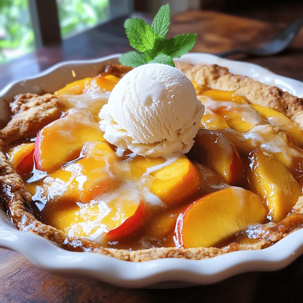 For the best peach cobbler, use fresh peaches. You will need 4 cups, peeled and sliced. Choose ripe peaches for their sweet and juicy flavor. They should have a nice blush and feel firm but tender. If you can’t find fresh ones, check for frozen peaches, but fresh is best. Sweeteners make your cobbler delightful. You need 1 cup of granulated sugar, split in half. Use the first half with the peaches to enhance their sweetness. The other half will mix with your dry ingredients. Add 1 teaspoon of ground cinnamon for warmth. A tablespoon of freshly squeezed lemon juice brightens the flavor and balances the sweetness. Baking staples are key to the cobbler's texture. You will need 1 cup of all-purpose flour, 2 teaspoons of baking powder, and 1/2 teaspoon of fine sea salt. These ingredients help create a light and fluffy batter. You will also need 1 cup of whole milk, which keeps the batter moist. Finally, add 1/2 cup of unsalted butter, melted and slightly cooled, and 1 teaspoon of pure vanilla extract for a lovely aroma. You can find the full recipe [here](#). First, you need to preheat the oven to 350°F (175°C). This step makes sure your cobbler bakes evenly. While the oven heats, grab a 9x13-inch baking dish. Lightly grease it with butter or cooking spray. This helps the cobbler come out easily after baking. Next, let’s work with the peaches. Peel and slice about 4 cups of fresh peaches. In a large bowl, toss the sliced peaches with 1/2 cup of granulated sugar, a teaspoon of ground cinnamon, and 1 tablespoon of lemon juice. This mix needs to sit for 10-15 minutes. The sugar draws out the peach juices and makes them sweeter. Now, let’s get our dry ingredients ready. In a separate bowl, combine 1 cup of all-purpose flour, the remaining 1/2 cup of sugar, 2 teaspoons of baking powder, and 1/2 teaspoon of fine sea salt. Whisk these ingredients together until they are well mixed. Then, add 1 cup of whole milk, 1/2 cup of melted butter, and 1 teaspoon of vanilla extract. Stir until just combined. It’s okay if the batter has a few lumps. Carefully pour the batter into your greased baking dish. Spread it out evenly to cover the bottom. Now, take your marinated peach mixture, including all its juices, and spoon it over the batter. Do not stir! The magic happens while baking, blending the flavors beautifully. Place the baking dish in the preheated oven. Bake for 45-50 minutes. You’ll know it’s done when the top turns a lovely golden brown. To check, insert a toothpick in the center. It should come out clean or with a few moist crumbs. Once it's baked to perfection, take it out and let it cool for a few minutes before serving. For the full recipe, see the details provided above. Enjoy your easy old fashioned peach cobbler! When picking peaches, look for fresh, ripe ones. They should be firm but slightly soft. A sweet smell is a good sign. Freestone peaches are easy to slice and work best for this cobbler. If you're unsure, ask at the market. They can help you pick the best ones. To get the right texture, do not over-mix the batter. A few lumps are okay; they help keep it light. Let the peaches sit with sugar and lemon juice for about 10-15 minutes. This helps them soften and release juices, which makes the cobbler juicy. Serve your cobbler warm in bowls. Add a scoop of vanilla ice cream on top. The cold ice cream pairs well with the warm cobbler. Drizzle some of the peach juices over the ice cream for extra flavor. For a nice touch, add a mint sprig on top to make it look pretty. You can find the Full Recipe for further details. {{image_4}} You can switch peaches for other fruits. Try using ripe cherries, blueberries, or apples. Each fruit brings a new flavor. Adjust the sugar based on the fruit's sweetness. For tart fruits, add a bit more sugar. This keeps the cobbler tasty and balanced. If you need a gluten-free version, swap regular flour for a gluten-free blend. Many blends work well in baking. Check that your baking powder is also gluten-free. Keep the other steps the same. The cobbler will still turn out soft and yummy. Changing spices can add a unique twist. Try nutmeg or cardamom for a different taste. You can even add a pinch of ground ginger for warmth. Mix these spices with the sugar before you combine them with the fruit. This will help spread the flavor throughout the cobbler. For more ideas, check the Full Recipe! After you enjoy your peach cobbler, store any leftovers in an airtight container. Place the container in the fridge. Your cobbler will stay fresh for about three to four days. To keep the topping crisp, cover it loosely with plastic wrap. This helps it breathe and avoids sogginess. When you want to enjoy your cobbler again, preheat your oven to 350°F (175°C). Place a slice of cobbler in an oven-safe dish. Heat it for about 15 to 20 minutes. This warms it through and keeps the crust nice. You can also use the microwave if you're in a hurry. Heat it for 30 seconds to one minute. Just be careful, as it may get a bit soft. If you want to save some cobbler for later, freezing is a great option. Let the cobbler cool completely. Then, slice it and wrap each piece in plastic wrap. Place the wrapped slices in a freezer bag. It’s best to eat frozen cobbler within three months for the best taste. When you’re ready to eat, thaw it in the fridge overnight. Then, reheat it as described above. For the full recipe, check out the Classic Peach Cobbler Delight. Yes, you can make this cobbler ahead of time. Just prepare it as normal. After baking, let it cool down completely. Then, cover it tightly and store it in the fridge for up to three days. When you’re ready to serve, reheat it in the oven. This way, it stays warm and tasty. You can tell your cobbler is done by checking its color. It should be a nice golden brown on top. Use a toothpick to check the center. If it comes out clean or with just a few moist crumbs, it's ready. You can also gently shake the pan. If it jiggles slightly and looks set, it is done. Yes, you can use canned or frozen peaches in this recipe. If using canned peaches, make sure to drain them well. If you use frozen peaches, let them thaw and drain excess water. This keeps your cobbler from getting too watery. Either option can still give you a delicious cobbler! For the full recipe, check out the Classic Peach Cobbler Delight. In this post, we explored how to make a delicious peach cobbler. You learned about fresh peaches, toppings, and baking essentials. We went through each step to help you prepare and bake with ease. I shared handy tips for texture and serving ideas. You also discovered fun variations and storage options. Now you can impress friends and family with your baking skills. Enjoy every bite of your homemade peach cobbler!