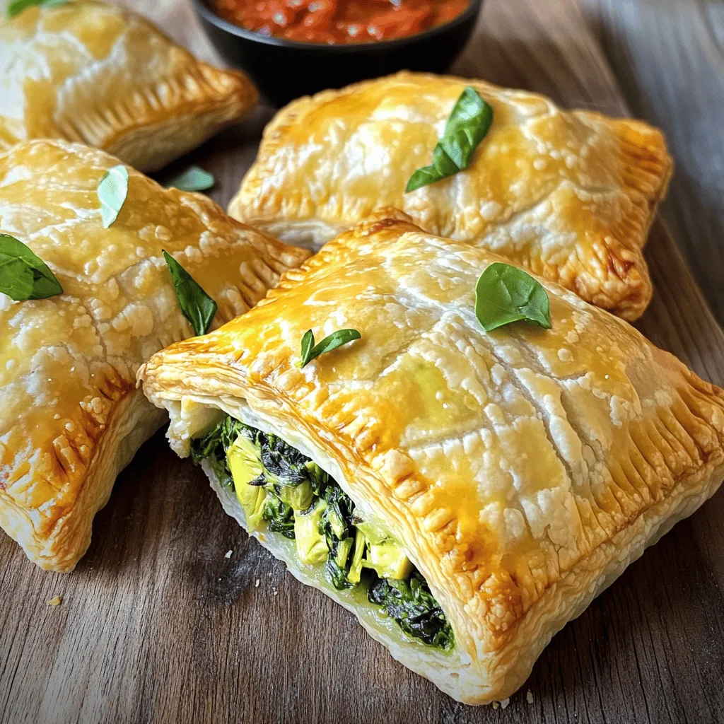 To make Spinach Artichoke Hand Pies, you need a few key ingredients. Each one plays an important role in creating a tasty treat. Here’s what you’ll need: - Spinach - Artichoke hearts - Cream cheese - Mozzarella cheese - Parmesan cheese - Garlic - Lemon juice - Salt and pepper - Puff pastry - Egg wash Each ingredient adds flavor and creaminess. Spinach gives a nice color and health boost. Artichoke hearts provide a unique taste. Cream cheese makes the filling rich and smooth. Mozzarella and Parmesan add a cheesy delight. Garlic gives a great aroma and depth of flavor. Lemon juice brightens everything up. Salt and pepper enhance the taste. Puff pastry creates a flaky, golden crust that wraps around the filling. The egg wash gives the hand pies a beautiful shine. This combination not only tastes amazing but also looks great on a plate. If you want to try making these hand pies, check out the Full Recipe for step-by-step instructions. - Preheat your oven to 375°F (190°C) and line a baking sheet with parchment paper. - In a bowl, mix 1 cup of chopped spinach, 1 cup of drained artichoke hearts, ½ cup of softened cream cheese, ½ cup of shredded mozzarella, ¼ cup of grated Parmesan, 1 minced garlic clove, 1 teaspoon of lemon juice, and salt and pepper to taste. Stir until creamy. - Lightly dust your counter with flour. Roll out the puff pastry to about 1/8 inch thick. Cut the pastry into 4 equal squares, making 8 squares total. - Place about 2 tablespoons of the spinach-artichoke filling in the center of each pastry square. - Fold the pastry over to form a triangle. Press the edges together to seal them well. - Use a fork to crimp the edges for a nice touch and to keep the filling inside. - Brush the tops of the hand pies with the beaten egg for a golden finish. - Arrange the hand pies on the prepared baking sheet and bake for 20-25 minutes. Look for a golden brown color. - After baking, let them cool for a few minutes before serving. This helps avoid burns and enhances the flavors. For the full recipe, check out the detailed instructions above. - Choosing the right puff pastry: Use high-quality, all-butter puff pastry. It puffs well and gives a rich flavor. Look for brands that are flaky and layered. - Avoiding a soggy bottom: To keep the bottom crisp, pre-bake the pastry. You can also sprinkle a little flour or breadcrumbs under the filling. This helps absorb moisture. - Proper sealing techniques: Press the edges firmly to seal. Use a fork to crimp the edges. This not only seals but also adds a nice touch. - Pairing with dips: Serve your hand pies with marinara sauce or sour cream. These dips add a tasty contrast and make eating more fun. - Garnish ideas: Fresh herbs like parsley or basil add color and flavor. You can also sprinkle some grated cheese on top for extra richness. - Enhancing with spices or herbs: Add a pinch of red pepper flakes for heat or some thyme for earthy notes. A squeeze of lemon juice brightens everything up. - Ingredient substitutions for varied taste: Swap in goat cheese instead of cream cheese for tang. You can also add cooked chicken or mushrooms for a heartier filling. {{image_4}} You can easily change some ingredients in your hand pies. Here are a few ideas: - Alternative cheeses: Try goat cheese or feta for a tangy twist. - Gluten-free pastry options: Use gluten-free pastry dough for a safe choice. - Adding other vegetables or meats: Add mushrooms, bell peppers, or cooked chicken for more flavor. Spice up your hand pies with these fun options: - Mediterranean twist: Mix in olives and sun-dried tomatoes for a savory kick. - Spicy version: Add jalapeños for heat and a bold flavor boost. You can change your hand pies with the seasons: - Incorporating seasonal greens: Use kale or Swiss chard when they are fresh. - Holiday-themed hand pies: Add cranberries and nuts for a festive touch. These variations let you create unique flavors while keeping the essence of the classic spinach artichoke filling. For the full recipe, check out the Spinach Artichoke Hand Pies. You can store your hand pies in two main ways: refrigeration and freezing. If you plan to eat them soon, put baked hand pies in the fridge. Wrap them in plastic wrap or foil. For unbaked hand pies, place them on a baking sheet and freeze them. Once frozen, transfer them to a freezer bag for easy storage. - Refrigeration: Baked hand pies last up to 3 days. - Freezing: Unbaked hand pies can be frozen for up to 2 months. To reheat baked hand pies, the oven is the best method. Preheat your oven to 350°F (175°C). Place the hand pies on a baking sheet and heat for about 10-15 minutes. This keeps them crispy and warm. - Best methods: Use the oven for even heating. - Tips for maintaining crispiness: Avoid microwaving, as it makes the crust soft. In the fridge, baked hand pies last about 3 days. After that, they may lose flavor and texture. If you freeze them, unbaked hand pies can stay good for about 2 months. Just make sure to label your bags with the date. For more details on making these tasty treats, check the Full Recipe. Yes, you can use fresh artichokes. Just cook and chop them first. Fresh artichokes add a nice texture. They may need more prep time. Yes, these hand pies freeze well. You can freeze them before or after baking. To freeze, place them on a tray. Once firm, transfer to a bag. They last for about three months. You can serve these hand pies with marinara sauce or sour cream. They also go well with a fresh salad. Try adding some herbs for extra flavor. Look for a golden brown color on top. The edges should be crisp and flaky. You can also check the filling; it should be hot throughout. Use leftover filling in an omelet or pasta dish. You can also spread it on toast or crackers. It works great as a dip for veggies or chips. For the full recipe, check the detailed steps above. You learned how to make delicious Spinach Artichoke Hand Pies. We covered key ingredients, easy steps, and helpful tips. I shared ways to customize the flavors and store your pies. Whether you want a quick snack or a festive treat, these hand pies will impress. Enjoy sharing them with friends and family. Embrace your cooking skills and have fun in the kitchen! You can always explore new flavors and ideas. Now, go ahead and make these tasty bites today.