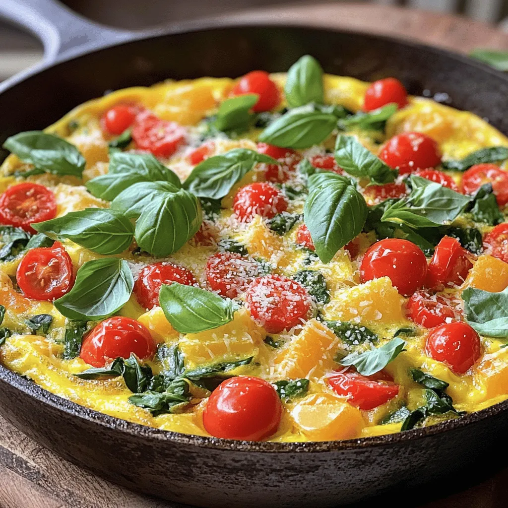 To make a great Italian frittata, you need the following ingredients: - 6 large eggs - 1/2 cup milk - 1 cup fresh spinach, chopped - 1 cup cherry tomatoes, halved - 1/2 cup red bell pepper, diced - 1/2 cup onion, finely chopped - 1/2 cup grated Parmesan cheese - 1 teaspoon dried oregano - Salt and pepper to taste - 2 tablespoons olive oil - Fresh basil leaves for garnish These ingredients come together to create a dish that is rich in flavor and texture. The eggs form the base, while the veggies add color and nutrients. You can customize your frittata with optional add-ins. Here are some ideas: - Mushrooms for an earthy flavor - Zucchini for extra greens - Feta cheese for a tangy kick - Fresh herbs like parsley or thyme If you don't have some ingredients, don’t worry. You can swap out fresh spinach with kale or use any cheese you like. Each serving of this frittata is packed with nutrients. Here’s a rough breakdown: - Calories: 250 - Protein: 15g - Fat: 18g - Carbohydrates: 8g - Fiber: 2g This frittata is not just tasty but also offers a balanced meal. You can feel good serving it for breakfast, lunch, or dinner. For the full recipe, check out the details above. To start, gather a large mixing bowl. Crack 6 large eggs into the bowl. Pour in 1/2 cup of milk. Whisk these two together until smooth. This step is key; it gives the frittata a fluffy texture. Add salt, pepper, and 1 teaspoon of dried oregano for flavor. Mix again to blend everything well. Next, grab a large, oven-safe skillet. Heat 2 tablespoons of olive oil over medium heat. When hot, add 1/2 cup of finely chopped onion and 1/2 cup of diced red bell pepper. Sauté for about 3 minutes. Stir occasionally until the onion turns translucent. Add 1 cup of chopped spinach and 1 cup of halved cherry tomatoes. Cook for another 2 minutes. The spinach should wilt, and the tomatoes should soften. Now, carefully pour the egg mixture over the sautéed veggies. Make sure to cover all the vegetables evenly. Sprinkle 1/2 cup of grated Parmesan cheese on top. Let it cook on the stovetop for about 5 minutes. The edges should start to set. Now, transfer the skillet to your preheated oven at 375°F (190°C). Bake for 15-20 minutes. Check if it’s done by inserting a toothpick in the center. It should come out clean. After baking, let it cool for a few minutes, then slice it into wedges. Garnish with fresh basil leaves before serving. Enjoy the tasty frittata! For the full details, check the Full Recipe. To get the best frittata, timing is key. Start by cooking your frittata on medium heat for 5 minutes on the stovetop. This helps set the edges. Then, move it to the oven for 15-20 minutes. The oven cooks evenly, so the frittata puffs up nicely. Check it with a toothpick; it should come out clean when done. The perfect frittata should be fluffy, not dry. To achieve this, whisk the eggs with milk well. This adds air and lightness. When pouring the egg mixture over the veggies, make sure it covers them evenly. Also, don’t overcook it in the oven. A slight jiggle in the center is okay; it will set while cooling. To boost flavor, use fresh herbs like basil or parsley. You can also add spices like paprika or chili flakes for a kick. Experiment with different cheeses, too. Feta or goat cheese can add a nice tang. Don’t forget to season well with salt and pepper. These small changes can make your Italian frittata truly special. For the full recipe, check out the complete guide above. {{image_4}} You can create many tasty frittatas with different veggies. For a fun twist, try using zucchini or mushrooms. Broccoli and cauliflower also work well. Use what you have and mix colors for a vibrant dish. The key is to chop them small so they cook evenly. You can even use leftover roasted vegetables for added flavor. Each combo brings a new taste to your frittata. Cheese adds a creamy touch to your frittata. Parmesan is a classic choice, but don’t stop there. Try using mozzarella for a mild flavor or feta for a salty kick. Goat cheese can also add tanginess. Mix and match cheeses to discover your favorite blend. Just remember to adjust the amount based on how rich you want the dish. Adding meat can make your frittata heartier. Cooked bacon or sausage adds great flavor. You can also use ham or turkey for a lighter option. Just make sure to chop the meat into small pieces. This way, it spreads well in the egg mixture. Meat adds protein and makes the frittata perfect for any meal. For the full recipe, check out the Italian Frittata Delight. After cooking, let your frittata cool down to room temperature. Cut it into slices for easy storage. Place the slices in an airtight container. You can keep it in the fridge for up to three days. This helps keep it fresh and tasty. If you want to enjoy it later, storing it right is key. To reheat the frittata, you have a few options. The microwave is quick, but it can make the frittata a bit soggy. Instead, try using an oven or a skillet. Preheat your oven to 350°F (175°C). Place the frittata slices on a baking sheet. Heat for about 10-15 minutes. If using a skillet, warm it on low heat and cover it. This keeps the moisture in, so it stays fluffy. If you want to save your frittata for a long time, freezing works well. First, let it cool completely. Wrap each slice in plastic wrap. Then, place the wrapped slices in a freezer bag. Don't forget to label the bag with the date. You can freeze it for up to three months. When you’re ready to eat, thaw it in the fridge overnight before reheating. This method keeps the flavors intact and makes for a quick meal later. For the full recipe, check the main article. A frittata and an omelette are both egg dishes, but they differ in how they cook. An omelette cooks quickly in a pan and is folded over. A frittata cooks slowly and is often finished in the oven. The frittata mixes in more ingredients, like vegetables and cheese, making it heartier. This dish is great for using leftovers. Frittatas can serve more people, too. Yes, you can make a frittata ahead of time. It stores well in the fridge for up to three days. Simply cover it tightly with plastic wrap. When you’re ready to eat, you can reheat it. Just warm it in the oven or microwave until hot. This makes it a perfect meal prep option. You can enjoy it hot or cold. Serving an Italian frittata is simple and fun. Cut it into wedges for easy sharing. You can serve it warm or at room temperature. A fresh salad pairs nicely. Drizzle extra olive oil on top for added flavor. Garnish with fresh basil leaves for a pop of color. For more ideas, try serving it with crusty bread or a side of roasted veggies. For the full recipe, check out the Italian Frittata Delight section. You’ve learned how to make a tasty Italian frittata from start to finish. We discussed key ingredients and how to prep them right. I shared tips for perfect cooking, different flavor options, and storage ideas. I hope you feel confident to try this dish. With practice, you’ll make a frittata that impresses everyone! Enjoy exploring your kitchen and customizing your recipe.