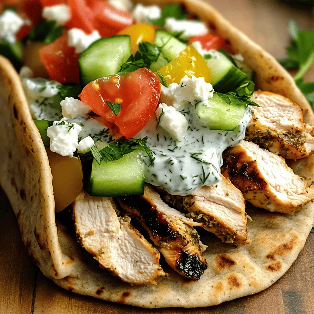 - 2 large chicken breasts, thinly sliced - 2 tablespoons olive oil - 2 teaspoons dried oregano - 1 teaspoon garlic powder - 1 teaspoon smoked paprika - Salt and freshly ground pepper to taste - 4 whole wheat pita breads - 1 cup Greek yogurt - 1 tablespoon fresh lemon juice - 1 tablespoon fresh dill, finely chopped - 1 cucumber, diced - 1 ripe tomato, diced - 1/2 red onion, thinly sliced The base of the gyro starts with chicken breasts. I like to slice them thin to help them cook quickly. Marinating the chicken in olive oil, dried oregano, garlic powder, and smoked paprika adds great flavor. Don't forget to season with salt and pepper. This mix makes the chicken juicy and tasty. Whole wheat pita breads are essential. They hold everything together and give a nice chewy texture. Next, we need toppings. Fresh veggies like cucumber, tomato, and red onion add crunch and color. Tzatziki sauce is a must-have. Made with Greek yogurt, lemon juice, dill, and cucumber, it cools down the spices in the chicken. It’s creamy and refreshing. - Crumbled feta cheese - Fresh parsley leaves, for garnish For extra flavor, consider adding feta cheese. It offers a nice salty kick. Fresh parsley makes a great garnish. It adds a pop of color and freshness. Check out the Full Recipe for more details on how to put this all together. To start, you need to prepare the chicken marinade. Take 2 large chicken breasts and slice them thinly. In a mixing bowl, add the chicken slices. Then, pour in 2 tablespoons of olive oil, 2 teaspoons of dried oregano, 1 teaspoon of garlic powder, and 1 teaspoon of smoked paprika. Add salt and pepper to taste. Mix until the chicken is well coated. Cover the bowl and refrigerate for at least 30 minutes. Marination is key. It makes the chicken flavorful and tender. Now, it’s time to cook the chicken. Preheat your grill or grill pan over medium-high heat. Once hot, place the marinated chicken on the grill. Cook each side for about 5-7 minutes. You want a lovely golden brown color. This char adds flavor. After cooking, let the chicken rest on a plate. Resting helps the juices stay inside, making each bite juicy. While the chicken rests, let's make the tzatziki sauce. In a small bowl, mix 1 cup of Greek yogurt, 1 tablespoon of fresh lemon juice, and 1 tablespoon of finely chopped dill. Add a pinch of salt. Now, dice 1 cucumber and mix it in. Taste the sauce and adjust the seasoning if needed. The tzatziki should be creamy and refreshing. To assemble your gyros, warm 4 whole wheat pita breads. You can heat them on the grill for about 1 minute on each side. This makes them pliable. Take a warm pita and layer grilled chicken slices in the center. Add diced tomatoes, thinly sliced red onions, and a dollop of tzatziki sauce. If you like feta, sprinkle some crumbled feta on top. Garnish with fresh parsley leaves for color. Fold the pita over the filling to create a pocket. Wrap it in parchment paper for easy handling. Enjoy your Greek Chicken Gyro! For the full recipe, check the earlier section. Grilling chicken for gyros is simple. Here are some best practices: - Marinate the chicken: Let it soak in flavors for at least 30 minutes. - Use medium-high heat: This helps the chicken cook evenly and get nice grill marks. - Avoid overcrowding: Cook in batches if needed, so the chicken sears instead of steaming. If you want alternatives, try pan-searing or baking the chicken. Use a heavy skillet for pan-searing. Bake it at 400°F (200°C) until cooked through, about 20-25 minutes. Spices can elevate your gyro's taste. Here’s how: - Use dried oregano: It’s a classic for Greek dishes. It packs a punch of flavor. - Add smoked paprika: This gives a subtle smokiness that enhances the chicken. - Salt: Don't skip it! It elevates all the flavors. Fresh herbs also boost taste. Use chopped dill in your tzatziki. Add parsley for garnish. Both add bright notes that balance the richness of the chicken. Plating is key to making your gyros look appealing. Here are some tips: - Layer the ingredients: Start with chicken, then add veggies and tzatziki. - Use colorful plates: A vibrant plate makes the meal pop. - Serve on a wooden board: This adds a rustic touch. For sides, pair with Greek salad or roasted veggies. These add color and nutrition, completing your meal beautifully. For an extra touch, serve with extra tzatziki and lemon wedges. For the full recipe, check out the [Full Recipe]. {{image_4}} You can switch up the protein in your Greek chicken gyro easily. Instead of chicken, try using lamb or beef. Both meats bring rich flavors and pair well with the spices. This change can give your gyro a whole new twist. If you want a vegetarian option, falafel works great. These crispy chickpea balls are full of flavor. They make a tasty and filling gyro. Simply swap the grilled chicken for falafel. You won’t miss the meat! Tzatziki is a star in this dish, but you can customize it. For those who need dairy-free options, try using cashew or coconut yogurt. These alternatives still give a creamy texture. They add a unique twist to the traditional sauce. You might also explore regional variations. Some areas in Greece add mint or garlic to tzatziki. Each version has its charm, so feel free to experiment. This sauce is all about personal taste! To make your meal complete, pair your gyro with sides. A fresh Greek salad adds crunch and color. Roasted vegetables also make a great side. Their warm flavors complement the gyro. Think about creating a full Mediterranean meal. Serve hummus and pita on the side for a fun touch. You could also add some olives for a briny bite. Each side enhances the flavors of your gyro, making it a feast! For the complete recipe, check out the Full Recipe section. To keep your gyros fresh, store them properly. Place the leftover chicken and toppings in separate airtight containers. This way, the pita stays soft, and the toppings stay crisp. - For chicken, use it within 3 to 4 days in the fridge. - Tzatziki sauce lasts about 3 days too. Always check for any signs of spoilage before eating. Reheating gyros takes care. Use the oven or stovetop for the best results. The microwave can make the pita tough, which we want to avoid. - To reheat chicken, place it in a skillet over low heat. Stir occasionally until heated through. - For extra safety, ensure the chicken reaches 165°F again before serving. Remember, the goal is to keep the tasty texture while enjoying your meal again! A Greek Chicken Gyro is a popular dish from Greece. It features grilled chicken served in pita bread. The word "gyro" means "turn" in Greek and refers to the rotation of meat on a vertical rotisserie. Traditionally, it can use lamb or pork, but chicken is a lighter option. Gyros are often topped with fresh vegetables and a creamy sauce called tzatziki. This dish is loved worldwide for its bold flavors and ease of eating. Yes, you can make Greek Chicken Gyros in advance. Marinate the chicken the night before for best flavor. Cook the chicken and store it in the fridge. You can also prepare the tzatziki sauce ahead of time. Just keep it in an airtight container. When you're ready to serve, warm the pita and assemble the gyros. This makes mealtime quick and easy! You can add many tasty toppings to your gyros. Here are some popular options: - Diced cucumbers - Chopped tomatoes - Sliced red onions - Crumbled feta cheese - Fresh parsley - Sliced olives Feel free to mix and match based on your taste! This customization adds fun and flavor. You can lighten up this recipe without losing flavor. Here are some tips: - Use skinless chicken breasts for less fat. - Replace regular yogurt with low-fat Greek yogurt. - Add more veggies for crunch and nutrition. - Opt for whole wheat pita for added fiber. These simple changes keep your gyros tasty and healthy. You can find authentic Greek Chicken Gyros at many places. Look for local Greek restaurants or food trucks. They often serve gyros made with traditional methods. If you travel, Greece has many street vendors selling gyros. They make delicious, fresh gyros right before your eyes. Check online reviews to find popular spots near you! To sum up, we explored how to make delicious Greek Chicken Gyros. You learned about the key ingredients, including chicken, pita, and tzatziki. I shared cooking steps, tips for flavor, and how to present your meal. We discussed protein options and storage tips. With this knowledge, you can easily create an impressive dish. Enjoy your cooking journey, and don't hesitate to get creative!