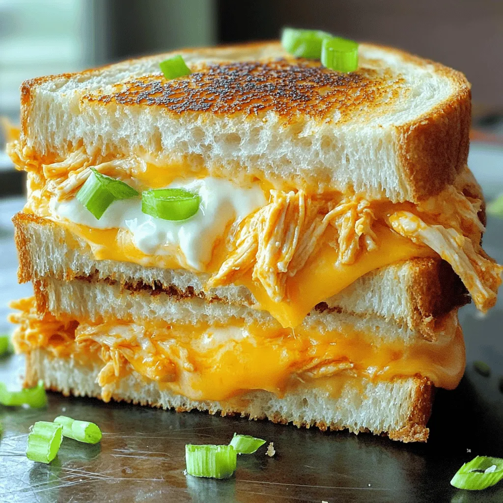 To make a Buffalo Chicken Grilled Cheese, you need some tasty ingredients. Here’s what you’ll need: - 2 slices of thick-cut bread (sourdough or ciabatta recommended) - 1 cup cooked shredded chicken - 1/4 cup buffalo sauce - 1 cup shredded sharp cheddar cheese - 1/4 cup softened cream cheese - 2 tablespoons butter - Optional add-ins: blue cheese crumbles, sliced green onions These ingredients make a great mix of flavors. The chicken gives protein, while the buffalo sauce adds spice. The cheeses create a creamy texture, and the bread holds everything together. You can also add blue cheese or green onions to make it even better. For the full recipe, check out the detailed cooking steps! First, take your cooked chicken and shred it. Place it in a mixing bowl. Now, pour in the buffalo sauce. Mix it well until every piece of chicken is covered. If you like it spicier, add more buffalo sauce. If you prefer it milder, use less. This mixture packs a punch and gives great flavor to your sandwich. Next, grab another bowl for the cream cheese. Soften the cream cheese first, then add half of the shredded cheddar cheese. Mix them together until you get a smooth blend. This creamy layer will add richness to your grilled cheese. Now it’s time to cook! Heat a skillet over medium heat. Add one tablespoon of butter and let it melt. Take one slice of thick-cut bread and spread the cream cheese mixture on one side. Cover the entire slice for full flavor. On the plain side, pile on the buffalo chicken mixture. Sprinkle the rest of the cheddar cheese on top. If you want, add blue cheese crumbles for extra flavor. Top it all with the second slice of bread, cream cheese side down. Place the sandwich into the hot skillet. Cook for about 3-4 minutes on each side. Flip it carefully to keep it intact. After about two minutes, add the other tablespoon of butter to the skillet. This helps to make the bread golden brown and crispy. When both sides are perfectly brown and the cheese is melty, take it out of the skillet. Let it cool for a minute before slicing. Cut it in half for easy eating. You can serve it with extra buffalo sauce for dipping or a fresh salad on the side. This meal is all about comfort and flavor. Enjoy your Buffalo Chicken Grilled Cheese! For more details, check the Full Recipe. To make a great Buffalo chicken grilled cheese, choose thick-cut bread. Sourdough and ciabatta work well. Their texture holds up to the filling. A thicker slice means more crunch and flavor. Thin bread may get soggy. Go for bread that has a nice crust. It adds to the overall taste and feel. For the best flavor, use a mix of cheeses. Sharp cheddar brings a strong taste. Cream cheese adds creaminess. You can also try mozzarella for stretchiness. If you love blue cheese, sprinkle some in for a punch. Mixing these cheeses makes each bite exciting. The right cooking time and heat matter a lot. Start with medium heat. This helps the cheese melt without burning the bread. Cook each side for about 3-4 minutes. If it browns too fast, lower the heat. Adding butter halfway through boosts the crunch. It creates a golden crust that feels amazing to bite into. {{image_4}} If you want to amp up the heat, try adding more buffalo sauce or some hot peppers. This gives your grilled cheese a fiery kick. Sliced jalapeños or banana peppers work well. Mix them into the buffalo chicken filling for a spicy surprise. You can even sprinkle extra hot sauce on the finished sandwich if you dare! For a tasty vegetarian twist, swap the chicken for roasted cauliflower or mushrooms. Cauliflower gives a nice texture and absorbs flavor well. Simply roast the cauliflower with some buffalo sauce until it's tender. Mushrooms add a rich, earthy taste. Both options make a hearty grilled cheese that everyone can enjoy! Get creative with your choice of cheese and spreads. Try mixing in different cheeses like pepper jack for heat or gouda for a smoky flavor. You can also spread some pesto or ranch dressing inside the sandwich for extra zest. These small changes can elevate your buffalo chicken grilled cheese into a gourmet treat. For the complete recipe, check the Full Recipe section. To keep your Buffalo Chicken Grilled Cheese fresh, wrap it well in plastic wrap or aluminum foil. Store it in the refrigerator. The sandwich tastes best within two days. This helps maintain its flavor and texture. If you leave it out too long, it can get soggy or dry. When you want to enjoy leftovers, use a skillet for the best results. Heat the skillet over low to medium heat. Place the sandwich in the skillet and cover it with a lid. This helps the cheese melt while keeping the bread crunchy. Heat for about 3-4 minutes on each side. You can add a bit of butter in the pan for extra crispiness. To freeze your sandwich, wrap it tightly in plastic wrap, then in foil. Make sure to remove as much air as possible. This way, it won’t get freezer burn. When you are ready to eat it, thaw it in the fridge overnight. After thawing, reheat it in a skillet to get that perfect crunch again. Yes, you can use store-bought buffalo chicken. It saves time and effort. However, the flavor may not match homemade. Store-bought often has added preservatives. Make sure to check the label for quality. If you choose this route, adjust the buffalo sauce to match your spice level. You can always add more sauce if needed. The best cheese for grilled cheese is sharp cheddar. It melts well and offers a strong flavor. Other great options include mozzarella and gouda. These cheeses add creaminess and taste. Mixing different cheeses can enhance the flavor even more. Try adding some blue cheese for a tangy twist. This creates a rich, layered taste that pairs well with buffalo chicken. To prevent sogginess, choose thick-cut bread like sourdough. It holds up better under heat. Use a good amount of butter on the outside. This helps create a crispy crust. Avoid overloading the sandwich with filling. This can trap moisture inside. Cooking on medium heat ensures even cooking without burning. Flip the sandwich gently to maintain its shape. You’ve learned how to make a delicious buffalo chicken grilled cheese sandwich. We covered the best ingredients, from thick-cut bread to creamy cheese. I shared tips on achieving the perfect crunch and your options for variations. Remember, you can customize this recipe to fit your taste. Whether you go spicy or vegetarian, enjoy the fun of cooking! Now, you've got all the tools to create a tasty meal. Happy grilling!