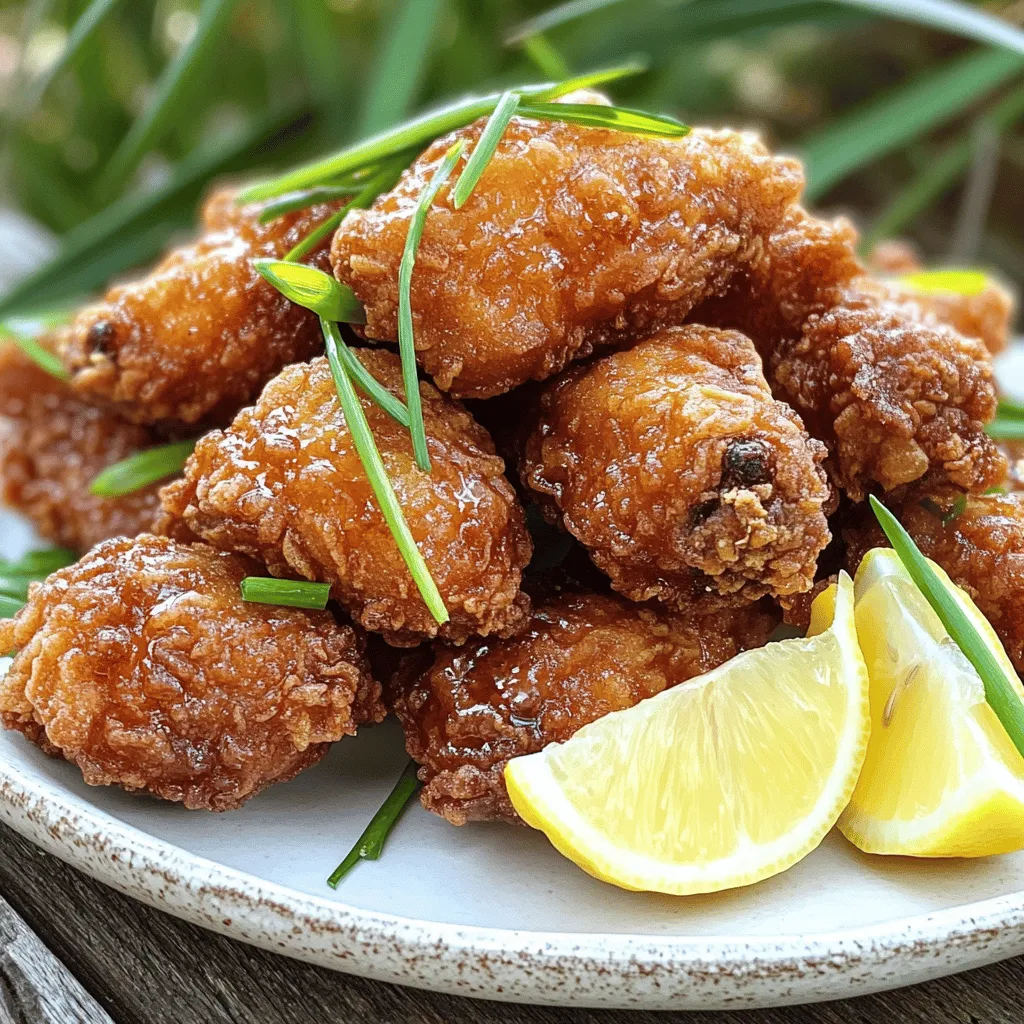 - 500g boneless, skinless chicken thighs, cut into bite-sized pieces - 2 tablespoons soy sauce - 1 tablespoon mirin (or rice vinegar) - 1 teaspoon garlic powder - 1 teaspoon ground ginger - 1 tablespoon sesame oil - 1 large egg, beaten - 1 cup potato starch (or cornstarch) - Salt and pepper to taste - 1-2 cups vegetable oil (for frying) These ingredients will create the base for your delicious Japanese fried chicken. The chicken thighs give you a juicy texture, while the marinade makes it super tasty. The potato starch or cornstarch forms the perfect crust when fried. - Substitutions for seasoning: You can swap soy sauce for tamari for a gluten-free option. - Garnishes: Chopped green onions add color and flavor. Lemon wedges bring a nice zing. - Side dishes: Serve with steamed rice or a simple salad to balance the meal. Feel free to experiment with these optional ingredients. They can elevate your dish and make it unique. Enjoy creating your own version of Karaage! To start, you need a flavorful marinade. In a large bowl, whisk together these ingredients: - 2 tablespoons soy sauce - 1 tablespoon mirin (or rice vinegar) - 1 teaspoon garlic powder - 1 teaspoon ground ginger - 1 tablespoon sesame oil - Salt and pepper to taste Add the chicken pieces and mix well. Make sure every piece gets coated. Cover the bowl with plastic wrap. Let it sit in the fridge for at least 30 minutes. If you have time, marinate for up to 2 hours. This step adds deep flavor to the chicken. Next, set up your dredging station. You'll need two shallow dishes. In one, place 1 cup of potato starch. In the other, beat one large egg until it's smooth. Now for the coating! Take each piece of marinated chicken, letting excess marinade drip off. First, dredge it in potato starch. Shake off any extra starch. Then, dip it into the egg, making sure it's evenly coated. For an extra crunch, return each piece to the potato starch for a second light coating. This double coating is key to getting that crispy texture. It's time to fry! In a large pan or deep fryer, pour in enough vegetable oil to reach about 2-3 inches deep. Heat the oil over medium-high heat until it reaches 180°C (350°F). To check if the oil is hot enough, drop in a small piece of chicken. It should sizzle right away. Carefully add the coated chicken pieces in small batches. Don't overcrowd the pan. This keeps the oil temperature steady and your chicken crispy. Fry each piece for about 6-8 minutes. They should turn golden brown and crispy. Turn them occasionally for even cooking. Once done, use a slotted spoon to remove the chicken. Place it on a plate lined with paper towels to soak up extra oil. Serve the chicken hot, and enjoy the crunch! For the full recipe, check the earlier sections of this article. To get that crunchy texture, choose the right oil. I recommend using vegetable oil or canola oil. These oils have a high smoke point, which helps achieve the best fry. Keep the oil temperature around 180°C (350°F). If the oil is too cool, your chicken will be soggy. Adjust the heat as needed while cooking. One big mistake is overcrowding the pan. If you add too many chicken pieces at once, they won’t cook evenly. This can lead to soggy spots. Make sure to fry in small batches. Another mistake is skipping the marinating step. Marinating adds flavor, and without it, your chicken will taste bland. Aim for at least 30 minutes in the marinade for great taste. For a fresh touch, garnish your fried chicken with chopped green onions. They add color and flavor. Serve it with lemon wedges for a bright zing in every bite. Pair your chicken with dipping sauces like soy sauce or spicy mayo. You can also serve it with steamed rice or a simple salad for a balanced meal. Enjoy your crispy Japanese fried chicken with these ideas! For the full recipe, check out the details above. {{image_4}} You can change the taste of your Japanese fried chicken with different marinades. Try using miso paste mixed with soy sauce for a deeper umami flavor. You can also replace mirin with sake for a unique twist. For spice, create your own blend. Mix paprika, cayenne, and black pepper for a kick. Or use five-spice powder for a sweet and savory taste. Each marinade and spice blend brings its own flair. If you want a lighter meal, consider baking instead of frying. To bake, coat the chicken as usual, then place it on a baking sheet. Bake at 200°C (400°F) for about 25-30 minutes. This gives you crispy chicken with less oil. You can also use leaner cuts of chicken, like breasts. While thighs are juicier, chicken breasts still taste great. They may not be as rich, but they soak up flavor well. For the full recipe, check out the section above! To keep your leftover karaage fresh, store it in an airtight container. This helps maintain its crunch and flavor. Place the container in the fridge. It will last for 2 to 3 days. When you are ready to eat it again, reheating properly is key. To reheat, use an oven or an air fryer. Preheat your oven to 180°C (350°F). Place the chicken on a baking tray and heat for about 10-15 minutes. This method will help restore its crunchy texture. Avoid using a microwave, as it can make the chicken soggy. If you want to save karaage for later, freezing is a great option. Start by letting the chicken cool down to room temperature. Then, place it in a freezer-safe bag. Remove as much air as possible and seal it tightly. This helps prevent freezer burn. You can freeze karaage for up to 2 months. When you want to eat it, the best way to thaw is in the fridge overnight. This keeps the chicken juicy. If you need it fast, you can use the microwave on defrost mode. After thawing, reheat in the oven or air fryer for the best taste. Enjoy your crispy Japanese fried chicken anytime! Karaage is a popular Japanese dish. It features bite-sized pieces of marinated chicken. The chicken is coated in starch and deep-fried until golden brown. This dish is loved for its crunchy texture and savory taste. Karaage has roots in Japan, dating back to the 16th century. It is influenced by Chinese cooking methods. Over the years, it became a staple in Japanese home cooking. You can find karaage at izakayas, festivals, and family meals. Enjoying this dish brings a sense of comfort and joy. Yes, you can use chicken breast for karaage. However, the texture and flavor will change. Chicken thighs have more fat, making them juicier and more tender. They also soak up the marinade better, enhancing the flavor. If you opt for chicken breast, be mindful of cooking time. Breast meat cooks faster and can dry out if overcooked. To keep it juicy, watch the frying closely and test for doneness. To make karaage gluten-free, start with the soy sauce. Use gluten-free soy sauce or tamari as a substitute. These options provide the same depth of flavor. For the coating, replace potato starch with a gluten-free flour blend. You can also use cornstarch for that crispy texture. Always check labels to ensure all ingredients are gluten-free. Enjoy your delicious gluten-free karaage worry-free! Karaage is a delicious way to enjoy crispy chicken. We explored key ingredients, marinade tips, and frying techniques for the best results. I shared ways to enhance flavor and how to store leftovers. Remember, a good marinate and double coating are key for crunch. Avoid common mistakes, like overcrowding the pan. In the end, making Karaage can be simple and rewarding. Don't hesitate to try your own twists for a unique take!