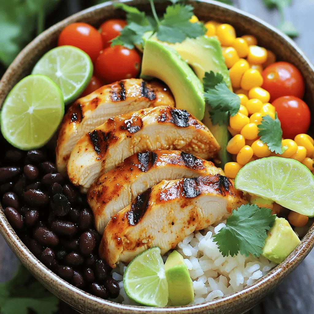 - 2 boneless, skinless chicken breasts - 1 cup jasmine rice - 1 cup black beans, drained and rinsed - 1 cup corn, thawed if frozen - 1 ripe avocado, sliced - ½ cup cherry tomatoes, halved - 1 tablespoon honey - 2 tablespoons chipotle sauce - 1 tablespoon olive oil - 1 teaspoon garlic powder - 1 teaspoon ground cumin - 1 teaspoon smoked paprika - Salt and freshly ground black pepper, to taste - Fresh cilantro, chopped, for garnish - Lime wedges, for serving The Honey Chipotle Chicken Rice Bowl is colorful and fun. The chicken gives a nice kick with its chipotle flavor. The honey adds a sweet twist. You can make this dish your own by adjusting the spice level. Using fresh ingredients makes a big difference. I love how the creamy avocado and juicy tomatoes balance the heat. You can easily swap in your favorite toppings too. This bowl is not just tasty; it is also simple to prepare. You can find the full recipe and details on how to create this dish in the recipe section. Enjoy customizing your bowl! To start, I mix the marinade. In a small bowl, I whisk together honey, chipotle sauce, olive oil, garlic powder, ground cumin, smoked paprika, salt, and black pepper. This mix gives the chicken a sweet and spicy kick. Next, I place the chicken breasts in a resealable bag. I pour the marinade over the chicken, ensuring it's well coated. Then, I seal the bag and refrigerate it for at least 30 minutes. This marinating time helps the flavors soak in. I rinse the jasmine rice under cold water. This step is key to removing excess starch. Once the water runs clear, I bring chicken broth to a boil in a medium pot. After boiling, I add the rinsed rice. I reduce the heat to low and cover the pot. I let the rice simmer for about 15 minutes. After that, all the broth should be absorbed, and the rice will be tender. I remove the pot from heat and let it sit, covered, for another 5 minutes. Then, I fluff the rice with a fork. This method helps create fluffy rice. Now, it's time to cook the chicken. I preheat a grill pan or skillet over medium heat. I take the marinated chicken out of the bag and let excess marinade drip off. I cook the chicken for about 5-7 minutes on each side. I check for an internal temperature of 165°F (75°C). Once cooked, I remove the chicken from heat and let it rest for 5 minutes. Finally, I slice the chicken into strips for serving. To put it all together, I start with a mound of jasmine rice as the base in each bowl. On top of the rice, I add the sliced honey chipotle chicken. Next, I layer on black beans, corn, avocado slices, and halved cherry tomatoes. I arrange them nicely for a colorful look. This step makes the bowl inviting and fun to eat. For presentation, I sprinkle fresh cilantro over the top. I serve lime wedges on the side. Squeezing lime adds a zesty flavor that brightens the dish. Enjoy this tasty meal! For the complete cooking process, refer to the Full Recipe. Adjust the spice levels to fit your taste. If you like it mild, use less chipotle sauce. For more heat, add a dash of cayenne pepper. You can also swap out the chicken for tofu or shrimp. Tofu absorbs the flavors well and is a great option for a vegetarian meal. To avoid dry chicken, marinate it longer. You can let it sit for up to four hours. This helps keep the chicken juicy and full of flavor. When cooking the rice, remember to fluff it gently with a fork after it's done. This makes it light and fluffy, not sticky. Make your bowl colorful by adding bright veggies. Use red cherry tomatoes, green avocado, and black beans for contrast. To garnish, sprinkle fresh cilantro on top. You can also add a squeeze of lime juice for a fresh kick. This makes your dish look appetizing and fun! {{image_4}} You can easily make this bowl meat-free. Simply swap chicken for tofu. Use firm tofu for the best texture. Press the tofu to remove excess water. Then, cut it into cubes. Marinate the tofu in the same mix. Follow the same cooking steps, grilling until golden brown. The tofu soaks up all the flavor, making it tasty and satisfying. You can adjust the heat to fit your taste. For a milder dish, reduce the chipotle sauce. You can also use a sweet barbecue sauce. If you love spice, add extra chipotle or a dash of cayenne. Experiment with different hot sauces too. Each choice changes the flavor and heat level. Switching grains can add new flavors and textures. Quinoa is a great option. It has a nutty taste and adds protein. Brown rice is another choice. It’s chewier and healthier than white rice. Both alternatives keep the bowl filling and delicious. Try them to find your favorite! Store leftovers in an airtight container. Make sure to cool them down first. The cooked chicken and rice can last up to three days in the fridge. Keep the toppings, like avocado and tomatoes, separate. They tend to spoil faster. Black beans and corn can also stay fresh for about three days. You can freeze the assembled bowls or separate components. For best texture, freeze chicken and rice together. Toppings should be frozen separately. To freeze, use freezer-safe containers. When ready to eat, thaw overnight in the fridge. Reheat in the microwave or on the stove. Ensure chicken reaches 165°F (75°C) when reheating. This keeps it safe and tasty. Always wash your hands before cooking. Use separate cutting boards for meats and veggies. This helps avoid cross-contamination. Ensure chicken is cooked fully to prevent foodborne illness. Store leftovers promptly to keep them safe. Remember, food safety keeps your meals healthy and enjoyable. A Honey Chipotle Chicken Rice Bowl is a tasty and colorful dish. It features grilled chicken marinated in a sweet and spicy sauce. The bowl includes jasmine rice, black beans, and corn. Fresh toppings like avocado and cherry tomatoes add brightness. Overall, the dish balances sweet and smoky flavors. You can enjoy it for lunch or dinner. To make chicken tender, marinate it well. Use a mix of honey and chipotle sauce for flavor. Allow the chicken to marinate for at least 30 minutes. This lets the flavors soak in. Cook the chicken on medium heat for even cooking. Avoid overcooking it, as this can dry it out. Aim for an internal temperature of 165°F. Let it rest for five minutes before slicing. This helps the juices stay inside the meat. Yes, you can prepare this recipe ahead of time. Marinate the chicken the night before for even better flavor. Cook the rice and store it in the fridge. You can also cook the chicken and keep it in a container. When you want to eat, just reheat everything in the microwave. Add fresh toppings just before serving for the best taste. You can pair this bowl with various side dishes. A simple green salad adds freshness. Cornbread or tortilla chips can be nice crunchy options. For drinks, try iced tea or a light beer. You can also serve it with lime wedges for extra zest. This makes every bite even more delicious. The Honey Chipotle Chicken Rice Bowl is a tasty mix of flavors. We discussed the main ingredients, marinade, and clever serving tips. You can adjust spice levels and try different proteins. Perfect the cooking techniques for juicy chicken and fluffy rice. Store your leftovers safely for later. This dish is easy to enjoy any day. Explore variations to make it your own. I hope you’re excited to create your own delicious bowl!