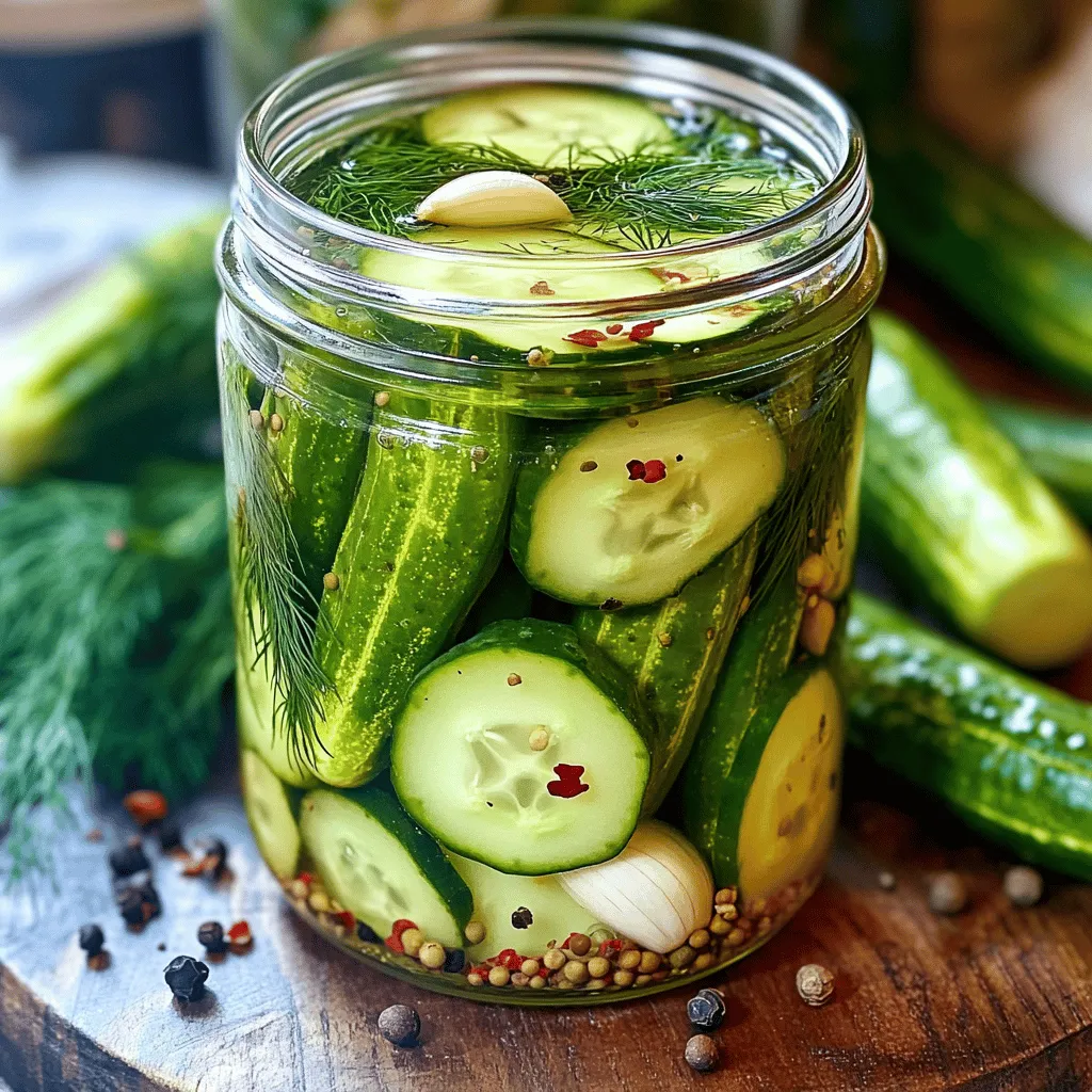 To make tasty garlic dill pickles, start with the right ingredients. Each choice adds to the flavor, crunch, and overall joy of this snack. - Cucumber Variations: You can use different cucumbers. Pickling cucumbers are small and crisp. They hold up well in brine. You can also use Persian cucumbers for a sweeter taste. Regular cucumbers work too, but they may be less crunchy. - Fresh vs. Dried Dill: Fresh dill brings a bright flavor. It gives your pickles a fresh taste. Dried dill is more intense and can last longer. Choose based on your preference. You might mix both for a unique flavor. - Adjusting Spice Levels: If you love heat, add red pepper flakes. Start with one teaspoon and taste. You can always add more spice later. For a milder pickle, skip the red pepper and enjoy the garlic and dill flavor. These ingredients create a perfect balance for your garlic dill pickles. You can find the complete recipe in the Full Recipe section. Mix and match to create your perfect pickle! To start, wash your cucumber well. Clean cucumbers help keep your pickles fresh. Next, choose how you want to cut them. You can slice the cucumber into spears or rounds. If you prefer spears, cut the cucumber lengthwise into quarters. For rounds, slice it into even discs. Consistency in size helps the pickles brine evenly. Layering is key when making garlic dill pickles. In a clean glass jar, start with the crushed garlic. Then, add the dill seeds or fresh dill. Next, toss in the whole black peppercorns. If you like a spicy kick, sprinkle in red pepper flakes. Layering lets the flavors mix well. Use a wide-mouth jar for easier filling. Now, let’s make the brine. In a medium saucepan, mix the water and white vinegar. Add granulated sugar and kosher salt to the pan. Heat the mix over medium heat. Stir it often until the sugar and salt dissolve. This brine gives your pickles their tasty flavor. Once the brine simmers, carefully pour it into the jar. Make sure the brine covers all the cucumber pieces. Submerging them fully helps absorb the flavor. If needed, use a spoon to push down the cucumbers. This ensures they soak in all that garlicky goodness. Let the jar cool at room temperature for about 30 minutes. After cooling, put a lid on the jar tightly. Then, move it to the fridge. This keeps your pickles fresh and crunchy. For the best flavor, let the pickles marinate for at least 24 hours. While they can start tasting good in a few hours, waiting gives them rich flavor. To taste test, just pop one out and give it a try. If you want more flavor, let them sit longer. You can find the Full Recipe to enjoy this crunchy delight! - Over or Under Salting: Salt is key for flavor and preservation. Too much salt makes the pickles too salty. Too little salt can lead to spoilage. Use the right amount of kosher salt, which is two tablespoons in the recipe. This balance helps your pickles taste great. - Insufficient Marinating Time: Marinating time affects flavor. While you can eat them after a few hours, waiting at least 24 hours really enhances the taste. The longer they sit, the more the flavors blend. Trust me, patience pays off with garlic dill pickles. - Sterilizing Jars: Clean jars are a must for safe pickling. You can sterilize jars by boiling them in water for ten minutes or running them through a hot dishwasher cycle. This step prevents bacteria from ruining your pickles. - Ventilation Tips for Storing: After sealing your jars, store them in a cool, dark place. Good ventilation helps maintain taste and texture. Avoid direct sunlight, as it can heat the jars and spoil the pickles. - Additional Ingredients to Consider: Want to kick up the flavor? Try adding sliced jalapeños for heat or mustard seeds for a tangy twist. Experimentation can lead to unique and tasty pickles. - Using Fresh Herbs: Fresh herbs elevate the flavor. Instead of dried dill, use fresh dill sprigs. You can also add thyme or oregano for a different taste. Fresh herbs provide a vibrant aroma that dried herbs can't match. For the complete guide on making these delightful snacks, check the Full Recipe. Enjoy the process and let your creativity shine in your pickling adventure! {{image_4}} Garlic dill pickles are a classic snack, but you can make them even better. Here are some fun ideas to change things up. Want a kick? You can add different peppers to your pickles. Try jalapeños or banana peppers for extra heat. Slice them thin and layer them with your cucumbers. Another way to bring spice is by infusing your pickles with hot sauce. Just add a dash or two to the brine. This will add a nice flavor and heat to each bite. If you like sweet and sour, balancing sweetness in your pickles can make a big difference. You can add sugar or honey to the brine for a sweet touch. Just make sure to test the flavor as you go. You can also use alternative sweeteners, like agave or stevia. These can add sweetness without extra calories. Exploring other herbs can create unique flavors in your pickles. Consider adding thyme, basil, or even rosemary. These herbs mix well with garlic and dill. Blending flavors like this can turn a standard pickle into a gourmet treat. Try different combinations to find your favorite mix. These variations keep the crunch while adding exciting new tastes to your garlic dill pickles. For the full recipe, check out the ingredients and instructions section! Garlic dill pickles stay fresh in the fridge for 2 to 4 weeks. Always check for signs of spoilage. If you see mold or an off smell, discard them right away. A change in color or a soft texture also means they are no longer good to eat. Freezing garlic dill pickles is not recommended. The texture changes and they become mushy. Instead, enjoy them fresh from the fridge. If you want to save them, consider canning instead. For storing garlic dill pickles, glass jars work best. They do not absorb flavors like plastic can. Choose airtight containers to keep your pickles crisp. Make sure the lid seals tightly to prevent air from getting in. This keeps your pickles tasting great longer. Homemade garlic dill pickles last about 2 months in the fridge. They stay crunchy and flavorful. After two months, the taste may fade. Always check for signs of spoilage, like off smells or mold. Yes, you can! Different cucumbers bring unique flavors. Here are a few options: - English cucumbers: Crisp and mild. - Pickling cucumbers: Thicker skin, great for crunch. - Persian cucumbers: Sweet and tender. Choose what you like best for your pickles! Garlic dill pickles can be healthy! They are low in calories and full of nutrients. Pickles offer: - Probiotics for gut health. - Antioxidants from garlic and dill. - Vitamin K from cucumbers. Enjoy them as a tasty, guilt-free snack! Yes, you can can garlic dill pickles! Canning helps preserve them for up to a year. Here are some tips for safe canning: - Use sterilized jars. - Follow proper canning techniques. - Process jars in a water bath for safety. Make sure to check the seals before storing. Garlic dill pickles pair well with many dishes. Here are some ideas: - Sandwiches: Add them to your favorite deli sandwich. - Charcuterie boards: They add flavor and crunch. - Salads: Toss them in for extra zest. - Burgers: Top your burger with a pickle for a punch. Get creative and enjoy these tasty snacks! Garlic dill pickles are easy to make and full of flavor. We covered the best ingredients, prep tips, and variations. You can customize spice levels and enhance flavors with extra herbs. Remember to pay attention to storage and marinating times for the best taste. Garlic dill pickles can be a fun addition to meals or snacks. Enjoy your pickling journey, and don’t hesitate to experiment with your own recipes. Your next batch could be your favorite!