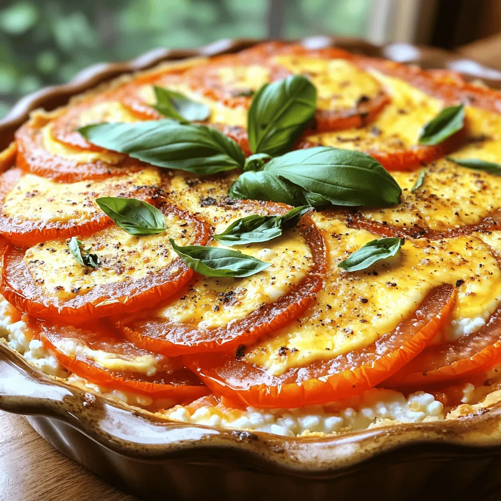 - 4 large ripe tomatoes, thinly sliced - 1 cup shredded mozzarella cheese - 1 cup cottage cheese - 1/2 cup grated Parmesan cheese - 2 large eggs - 1/4 cup fresh basil, finely chopped - 1 teaspoon garlic powder - 1 teaspoon onion powder - Salt and freshly ground black pepper, to taste - 1/2 teaspoon dried oregano - Olive oil spray Gathering these ingredients is simple. Start with the tomatoes. Look for ones that are large and ripe. This will give your pie great flavor and juiciness. You will need mozzarella, cottage cheese, and Parmesan for that creamy texture. Eggs help bind everything together nicely. Fresh basil adds a burst of flavor. Garlic and onion powder provide depth. Finally, oregano brings an earthy taste. - Additional fresh basil for garnish - Side salad suggestions You can top your pie with more fresh basil for a beautiful look. It also adds extra flavor. A simple side salad pairs well with this dish. Try a mix of greens, tomatoes, and your favorite dressing. - Use of ricotta or feta cheese as alternatives If you want to change the cheese, consider ricotta or feta. Ricotta gives a creamy texture. Feta adds a nice salty flavor. Both options can make the pie unique and tasty. Using different cheeses can help you cater to your tastes or dietary needs. For the full recipe, check out the details above. Enjoy making your Easy Crustless Tomato Pie! - Preheat oven to 375°F (190°C). - Lightly spray a 9-inch pie dish with olive oil. This helps keep the pie from sticking. Arrange the sliced tomatoes evenly in the pie dish. Start with one layer at the bottom. Add a sprinkle of salt and pepper on each layer. This adds great taste to every bite. In a medium bowl, mix together the shredded mozzarella, cottage cheese, and Parmesan cheese. Stir well. Then, season it with garlic powder, onion powder, and oregano. Mix until all the spices are blended in. Next, in another bowl, beat the two eggs until smooth. Gently fold these eggs into your cheese mix. Finally, add in the fresh basil and fold until everything is combined. Pour the cheese and egg mixture over the tomatoes. Spread it out evenly with a spatula. This ensures every bite has the same great flavor. Place the pie dish in the oven and bake for 35-40 minutes. Look for a golden brown top and a firm center. Once it’s done, take it out and let it cool for about 10 minutes. This helps the pie hold its shape when you slice it. You can find the full recipe details in the earlier sections. To boost the taste of your crustless tomato pie, use fresh herbs and spices. I love adding basil and oregano for a fresh kick. You can also try thyme or rosemary for a different flavor twist. Let the flavors meld together for a few minutes before baking. This allows the taste to deepen and really shine. For a creamier texture, add a bit more cottage cheese. If you prefer a firmer bite, use less egg or bake a little longer. To achieve a crispy top, broil it for a few minutes at the end. Just watch it closely so it doesn’t burn. Serve your pie warm or at room temperature. Garnish with extra fresh basil leaves on top. This adds color and freshness. You can also slice the pie into wedges and arrange them on a platter. Pair it with a simple side salad for a complete meal. {{image_4}} You can make this pie even more colorful and tasty. Add seasonal veggies like spinach, zucchini, or bell peppers. They bring a fresh taste and good nutrition. If you want a vegan option, try using cashew cheese or almond cheese. Both options melt well and keep the dish creamy. This recipe is easy to make gluten-free. Just ensure your cheese and any additional toppings don’t contain gluten. Look for gluten-free labeled cheese at your store. Brands like Daiya or Violife work well and taste great. Give your pie an Italian flair. Add sun-dried tomatoes or olives for a rich taste. Fresh herbs like oregano or thyme add a nice touch. For a Mediterranean vibe, sprinkle in some cumin or smoked paprika. These spices make the pie pop with flavor and make each bite unique. You can find the Full Recipe for this dish to explore more about these variations! To keep your crustless tomato pie fresh, store it in an airtight container. Place it in the fridge. Make sure to eat it within three to four days for the best taste. When you're ready to enjoy leftovers, reheat them in the oven at 350°F (175°C). Bake for about 15 minutes. This helps keep the crustless pie warm and tasty. If you want to freeze your pie, first let it cool completely. Then, wrap it tightly in plastic wrap. Next, place it in a freezer-safe bag or container. This will help prevent freezer burn. You can freeze the pie for up to three months. To thaw, move it to the fridge overnight. Reheat it using the oven as mentioned above. The crustless tomato pie stays fresh for about four days in the fridge. If frozen, it can last for up to three months. After thawing, eat it within three days to ensure quality. Always check for any off smell or mold before eating. Enjoy your delicious dish while it’s at its best! You can serve this pie with various sides. A fresh salad pairs well, adding crispness. Roasted vegetables also make a great match, enhancing the meal's warmth. Try garlic bread for a crunchy contrast. For a light touch, serve with a dollop of yogurt or sour cream. These options boost flavor and create a full meal experience. Yes, you can prepare this pie in advance. Bake it, let it cool, then cover it. Store it in the fridge for up to two days. When ready to serve, reheat it in the oven at 350°F for about 20 minutes. This keeps the texture nice and helps flavors deepen. You can use canned tomatoes, but be careful. Drain them well to avoid excess moisture. Choose whole or diced tomatoes for better texture. If you use crushed tomatoes, reduce the amount to keep the pie firm. Adjust your seasoning, as canned tomatoes may be saltier than fresh ones. To avoid a soggy pie, layer ingredients wisely. Start with a light sprinkle of salt on the tomatoes. This draws out moisture. Let the tomatoes sit for a few minutes before adding the cheese mix. Using a firm cheese helps, too, as it absorbs some liquid during baking. Absolutely! You can swap cheeses for dairy-free options, like cashew cheese. For a low-carb diet, add zucchini slices instead of tomatoes. If you need a gluten-free recipe, this pie already fits the bill. Feel free to adjust herbs or spices to match your taste or dietary needs. This recipe for Easy Crustless Tomato Pie features fresh ingredients and simple steps. You first layer tomatoes, then mix cheeses and eggs to create a flavorful filling. Baking gives you a delicious pie anyone can enjoy. As you explore variations, don’t hesitate to add your own twists. Remember, cooking is about creativity and fun. Enjoy your delicious pie and share it with friends or family!