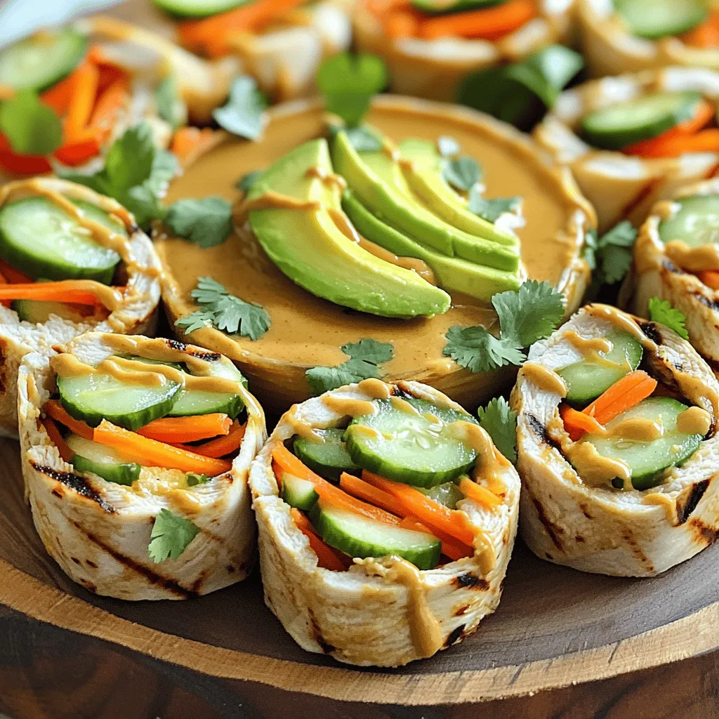- 2 boneless, skinless chicken breasts - 4 large whole wheat tortillas - 1 cup shredded carrots - 1 cucumber, peeled and thinly sliced - 1 red bell pepper, thinly sliced - 1 ripe avocado, sliced - 1/2 cup fresh cilantro leaves - 1/4 cup creamy unsalted peanut butter - 2 tablespoons low-sodium soy sauce - 1 tablespoon honey - 1 tablespoon freshly squeezed lime juice - 1 teaspoon sesame oil - Salt and black pepper - Fresh cilantro leaves These ingredients form the backbone of my delicious peanut chicken wraps. The chicken provides protein, while the fresh vegetables add crunch and color. The creamy peanut butter, combined with soy sauce and honey, creates a rich sauce that brings it all together. Don't forget the lime juice; it adds a bright note that balances the flavors. For seasoning, a pinch of salt and some black pepper enhance the taste. Lastly, fresh cilantro leaves make for a vibrant garnish that ties everything together. For the full recipe, check the details above. To start, gather the peanut sauce ingredients. You need creamy peanut butter, soy sauce, honey, lime juice, and sesame oil. Place all these in a small mixing bowl. Whisk everything together until it’s smooth. This step is key for a creamy sauce. If it’s too thick, add a little water to thin it out. The goal is a pourable consistency. Now, let’s prepare the filling. In a large bowl, add your sliced chicken, shredded carrots, cucumber, red bell pepper, and cilantro. This mix makes the wrap colorful and tasty. Drizzle half of the peanut sauce over the chicken and veggies. Toss gently until everything is coated well. This step enhances the flavors and ties the filling together. Next, we’ll assemble the wraps. Lay out the whole wheat tortillas on a flat surface. Take the remaining peanut sauce and spread about one tablespoon in the center of each tortilla. This adds flavor right from the start. Now, evenly distribute your chicken and veggie mix over the tortillas. Top each with a few slices of avocado for creaminess. Finally, roll the wraps tightly. Fold the sides in first, then roll from the bottom up. Make sure to keep the filling inside. Once done, slice each wrap in half. This not only looks nice but also makes them easier to eat. Enjoy your vibrant and delicious peanut chicken wraps! For the full recipe, check the ingredients and instructions above. To boost the taste of your peanut chicken wraps, consider adding spices. A pinch of cayenne gives a nice kick. You can also try some garlic powder for depth. Fresh ingredients are key, too. Use ripe avocados and crisp veggies. They add flavor and crunch to your wraps. Always choose the best produce you can find. Making your wraps look good is just as fun as eating them. You can cut them in half to show off the colorful filling. Serve them on a vibrant plate for extra flair. A small bowl of extra peanut sauce beside the wraps makes a great dip. Garnish with fresh cilantro sprigs for a pop of green. This brightens up your dish and makes it inviting. Rolling your wraps tightly keeps all the ingredients inside. Start by folding in the sides first. Then, roll them from the bottom up while holding the filling in. This method helps avoid spills. If you find some filling slips out, don’t worry! You can always tuck it back in before slicing. Following these tips will help you make perfect wraps every time. {{image_4}} You can switch out the protein in these wraps. Try using tofu for a vegetarian option. Tofu absorbs flavors well and adds a nice texture. Shrimp is another great choice. It cooks quickly and adds a seafood twist. For vegetables, get creative! Use bell peppers, zucchini, or even broccoli. You can load your wrap with any fresh veggies you enjoy. Just remember to slice them thinly for easy rolling and eating. Peanut sauce can be fun to tweak! Want it spicy? Add a dash of sriracha or some red pepper flakes. If you prefer sweet, drizzle in extra honey or maple syrup. You can also make your sauce vegan by swapping honey for agave syrup. To make it gluten-free, use tamari instead of soy sauce. Customizing your sauce means everyone can enjoy it! These wraps are great on their own, but sides make them even better! Pair your wraps with a fresh salad for a light meal. Chips can add a satisfying crunch, too. If you want to try different dips, consider hoisin sauce or a tangy yogurt dip. These options can enhance the flavors of your wraps and keep things exciting. The key is to enjoy every bite! To keep your peanut chicken wraps fresh, wrap them tightly in plastic. You can also place them in a sealed container. Store them in the fridge. Leftover wraps stay good for about 2-3 days. After that, the ingredients may start to lose their crispness. If you want to save wraps for later, freezing works well. Wrap each one in plastic wrap. Then, place them in a freezer-safe bag. They can last up to 2 months in the freezer. To enjoy, thaw them in the fridge overnight. Reheat them in a pan or the microwave until warm. To keep ingredients crisp, store veggies separately. Place them in airtight containers. Avoid adding dressing until ready to eat. Whole wheat tortillas can also go stale quickly. Use a container that seals tightly. This way, your wraps stay fresh and tasty! If you need a substitute for peanut butter, try these options: - Almond butter - Cashew butter - Sunflower seed butter - Soy nut butter These nut and seed butters can add a unique flavor to your wraps. Each option has its own taste and texture, so feel free to experiment. You can also mix some of these butters for a fun twist. Yes, you can prepare these wraps in advance. Here are some tips: - Assemble the wraps and store them wrapped tightly in plastic wrap. - Keep them in the fridge for up to 24 hours. - For best results, add fresh ingredients like avocado right before serving. This makes meal prep easy and quick. You can enjoy them anytime without the fuss. To add heat to your sauce, try these ideas: - Mix in a teaspoon of sriracha or chili paste. - Add a pinch of cayenne pepper for a kick. - Use spicy peanut butter if you find it. These options let you control the spice level. Just remember to taste as you go, so it stays tasty. You can use many vegetables to boost flavor and crunch: - Spinach or kale for greens - Bell peppers in different colors - Radishes for a peppery bite - Shredded red cabbage for a crunch Mixing and matching gives your wraps a fresh twist. Get creative and use what you have on hand. For the full recipe, check out the details above. Peanut chicken wraps are simple to make and packed with flavor. You learned about the key ingredients, how to create the sauce, and assembling the wraps. I shared tips for enhancing taste and keeping your wraps fresh. You can even customize ingredients and sauces for variety. Whether for a quick lunch or meal prep, these wraps are a great choice. Enjoy experimenting with different flavors and fillings to make this dish your own. Happy cooking!