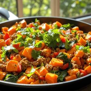 To create a tasty Ground Turkey Sweet Potato Skillet, gather these simple ingredients: - 1 pound ground turkey - 1 large sweet potato, peeled and cut into ½-inch dice - 1 red bell pepper, chopped into bite-sized pieces - 1 yellow onion, finely chopped - 2 cloves garlic, minced - 1 teaspoon smoked paprika - 1 teaspoon ground cumin - ½ teaspoon chili powder - Salt and freshly ground black pepper, to taste - 2 tablespoons olive oil - 1 cup fresh spinach, roughly chopped - Fresh cilantro leaves for garnishing - Juice of 1 lime Using these fresh ingredients makes a meal that is not only healthy but also full of flavor. Ground turkey provides lean protein, while sweet potatoes offer natural sweetness and nutrients. The spices enhance the dish, bringing warmth and depth. You can find the full recipe for this delightful skillet dish above. Each ingredient plays a role in making your dinner special and satisfying. 1. Heating the olive oil Start by pouring 2 tablespoons of olive oil into a large skillet. Heat it over medium-high heat until it shimmers. This step helps to create a nice base for your dish. 2. Preparing sweet potatoes Toss in the diced sweet potato. Sauté for 5-7 minutes. Stir occasionally until the edges soften but stay firm. This gives the sweet potatoes a nice texture. 3. Incorporating aromatics Add the finely chopped onion and chopped red bell pepper. Cook for another 5 minutes. The onions will turn translucent, and the peppers will soften. This adds great flavor to the dish. 4. Seasoning the mixture Next, mix in the minced garlic, smoked paprika, cumin, and chili powder. Stir well and cook for 1-2 minutes. This step lets the spices bloom, filling your kitchen with a delicious aroma. 5. Cooking the ground turkey Push the veggies to one side of the skillet. Add the ground turkey to the other side. Use a wooden spoon to break it apart as it cooks. Brown for about 5-6 minutes until it’s no longer pink. This ensures even cooking. 6. Combining all ingredients Once the turkey is cooked, mix it with the veggies. Season the mixture with salt and pepper to taste. This step balances the flavors and makes every bite tasty. 7. Adding greens and finishing touches Fold in the chopped spinach and let it wilt for about 2 minutes. This adds a pop of color and nutrients to your meal. 8. Garnishing for presentation Remove the skillet from heat and drizzle with fresh lime juice. Just before serving, sprinkle with fresh cilantro leaves. This adds freshness and makes the dish look beautiful. Now, you have a colorful and flavorful Ground Turkey Sweet Potato Skillet ready to enjoy! Check out the [Full Recipe] for more details. - Ensuring sweet potatoes cook evenly: Cut the sweet potatoes into ½-inch dice. This size helps them cook through at the same time. Stir them every few minutes to cook all sides evenly. - Best practices for browning ground turkey: Use a hot skillet. Break the turkey apart as it cooks. This allows it to brown nicely. Avoid overcrowding the pan; cook in batches if needed. - How to enhance flavors with spices: Add spices early in the cooking process. This helps them bloom and release their flavors. Smoked paprika and cumin work wonders in this dish. Adjust the spice levels to your taste. - Pairing options for sides: Serve this dish with a side salad or steamed veggies. Brown rice or quinoa also complement it well. - Best accompaniments for the meal: Consider avocado slices or a dollop of yogurt on top. Fresh lime wedges add a nice touch, too. You can find the Full Recipe for more serving ideas. {{image_4}} You can switch up the protein in this dish. Ground turkey is great, but you can use chicken, beef, or even tofu if you prefer. Each option offers a different taste and texture. If you want to keep it light, try ground chicken. It has less fat but still adds good flavor. For a hearty meal, beef can work well. Tofu is perfect for a plant-based choice. You can also play with the vegetables. Seasonal veggies add fun and freshness. Try zucchini in summer or butternut squash in fall. Bell peppers are great, but you can also use carrots or green beans. The key is to use what you love and what is in season. If you need a gluten-free meal, this recipe is already safe! Just check your spices to ensure they are gluten-free. You can serve it with a gluten-free grain like quinoa or rice. To make this dish vegan or vegetarian, swap the ground turkey for lentils or chickpeas. They give protein and a nice texture. You can also add more veggies like mushrooms or eggplant to enhance flavor. With these changes, you’ll have a tasty meal that fits your diet. For the full recipe, check out the Ground Turkey and Sweet Potato Skillet Delight! To keep your Ground Turkey Sweet Potato Skillet fresh, follow these tips: - Refrigeration: Place leftovers in an airtight container. They last up to three days in the fridge. Make sure to cool it to room temperature before sealing. - Freezing: If you want to store it longer, freeze it. Use freezer-safe bags or containers. It can stay good for up to three months. Be sure to label your containers with the date. When it’s time to enjoy your leftovers, here’s how to do it right: - Best practices for maintaining texture: Reheat gently to keep the sweet potatoes and turkey from getting mushy. Add a splash of water or broth to help steam it. - Microwaving vs. stovetop reheating: The microwave is quick but can dry out the dish. For better texture, reheat on the stovetop over low heat. Stir often to ensure even warming. By following these storage and reheating tips, you can enjoy your flavorful dinner again and again! For the complete recipe, check out the Full Recipe section above. You can use ground chicken, beef, or tofu instead of ground turkey. Each option brings its own flavor. If you choose beef, it may add richness. Tofu is great for a plant-based choice. Yes, you can prep the sweet potatoes and veggies in advance. Chop them and store them in the fridge. This saves time on busy days. You can also cook the turkey ahead and reheat it when ready to serve. Sweet potatoes usually take about 15-20 minutes to cook in a skillet. Make sure to cut them into small, even pieces. This helps them cook quickly and evenly. Absolutely! This skillet dish is perfect for meal prep. You can portion it into containers for easy lunches or dinners. It stores well in the fridge for up to four days. To change the spice level, add more chili powder for heat. You can also use fresh peppers for a kick. If you prefer mild flavors, reduce the chili powder or skip it altogether. This recipe is a tasty and healthy option. It uses fresh ingredients like sweet potatoes, bell peppers, and ground turkey. The cooking steps help you create a flavorful dish easily. Remember to adjust spices and try different proteins based on your taste. Storing leftovers safely extends your meals. Overall, this dish is great for family dinners or meal prep. Enjoy exploring the various tips and options available!