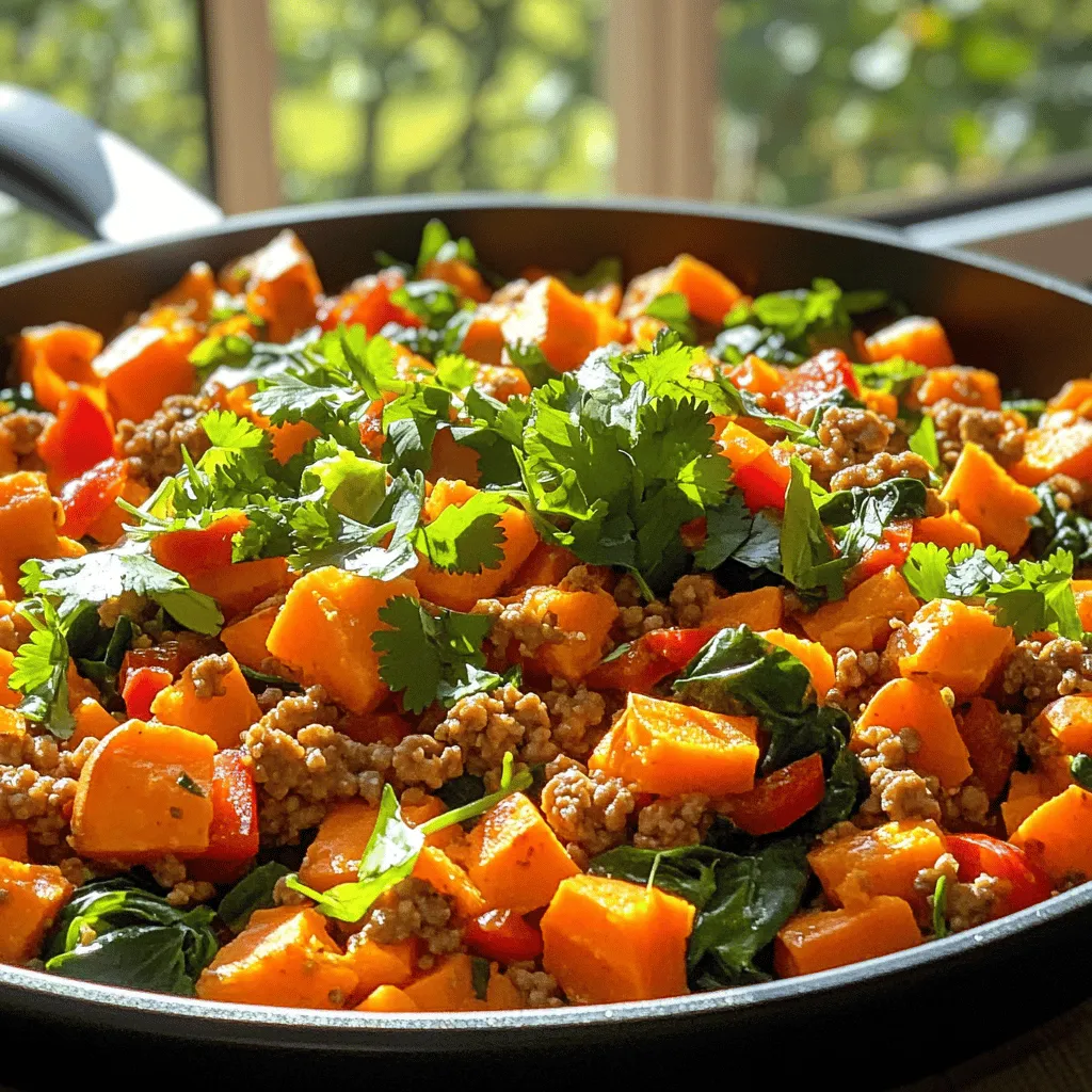 To create a tasty Ground Turkey Sweet Potato Skillet, gather these simple ingredients: - 1 pound ground turkey - 1 large sweet potato, peeled and cut into ½-inch dice - 1 red bell pepper, chopped into bite-sized pieces - 1 yellow onion, finely chopped - 2 cloves garlic, minced - 1 teaspoon smoked paprika - 1 teaspoon ground cumin - ½ teaspoon chili powder - Salt and freshly ground black pepper, to taste - 2 tablespoons olive oil - 1 cup fresh spinach, roughly chopped - Fresh cilantro leaves for garnishing - Juice of 1 lime Using these fresh ingredients makes a meal that is not only healthy but also full of flavor. Ground turkey provides lean protein, while sweet potatoes offer natural sweetness and nutrients. The spices enhance the dish, bringing warmth and depth. You can find the full recipe for this delightful skillet dish above. Each ingredient plays a role in making your dinner special and satisfying. 1. Heating the olive oil Start by pouring 2 tablespoons of olive oil into a large skillet. Heat it over medium-high heat until it shimmers. This step helps to create a nice base for your dish. 2. Preparing sweet potatoes Toss in the diced sweet potato. Sauté for 5-7 minutes. Stir occasionally until the edges soften but stay firm. This gives the sweet potatoes a nice texture. 3. Incorporating aromatics Add the finely chopped onion and chopped red bell pepper. Cook for another 5 minutes. The onions will turn translucent, and the peppers will soften. This adds great flavor to the dish. 4. Seasoning the mixture Next, mix in the minced garlic, smoked paprika, cumin, and chili powder. Stir well and cook for 1-2 minutes. This step lets the spices bloom, filling your kitchen with a delicious aroma. 5. Cooking the ground turkey Push the veggies to one side of the skillet. Add the ground turkey to the other side. Use a wooden spoon to break it apart as it cooks. Brown for about 5-6 minutes until it’s no longer pink. This ensures even cooking. 6. Combining all ingredients Once the turkey is cooked, mix it with the veggies. Season the mixture with salt and pepper to taste. This step balances the flavors and makes every bite tasty. 7. Adding greens and finishing touches Fold in the chopped spinach and let it wilt for about 2 minutes. This adds a pop of color and nutrients to your meal. 8. Garnishing for presentation Remove the skillet from heat and drizzle with fresh lime juice. Just before serving, sprinkle with fresh cilantro leaves. This adds freshness and makes the dish look beautiful. Now, you have a colorful and flavorful Ground Turkey Sweet Potato Skillet ready to enjoy! Check out the [Full Recipe] for more details. - Ensuring sweet potatoes cook evenly: Cut the sweet potatoes into ½-inch dice. This size helps them cook through at the same time. Stir them every few minutes to cook all sides evenly. - Best practices for browning ground turkey: Use a hot skillet. Break the turkey apart as it cooks. This allows it to brown nicely. Avoid overcrowding the pan; cook in batches if needed. - How to enhance flavors with spices: Add spices early in the cooking process. This helps them bloom and release their flavors. Smoked paprika and cumin work wonders in this dish. Adjust the spice levels to your taste. - Pairing options for sides: Serve this dish with a side salad or steamed veggies. Brown rice or quinoa also complement it well. - Best accompaniments for the meal: Consider avocado slices or a dollop of yogurt on top. Fresh lime wedges add a nice touch, too. You can find the Full Recipe for more serving ideas. {{image_4}} You can switch up the protein in this dish. Ground turkey is great, but you can use chicken, beef, or even tofu if you prefer. Each option offers a different taste and texture. If you want to keep it light, try ground chicken. It has less fat but still adds good flavor. For a hearty meal, beef can work well. Tofu is perfect for a plant-based choice. You can also play with the vegetables. Seasonal veggies add fun and freshness. Try zucchini in summer or butternut squash in fall. Bell peppers are great, but you can also use carrots or green beans. The key is to use what you love and what is in season. If you need a gluten-free meal, this recipe is already safe! Just check your spices to ensure they are gluten-free. You can serve it with a gluten-free grain like quinoa or rice. To make this dish vegan or vegetarian, swap the ground turkey for lentils or chickpeas. They give protein and a nice texture. You can also add more veggies like mushrooms or eggplant to enhance flavor. With these changes, you’ll have a tasty meal that fits your diet. For the full recipe, check out the Ground Turkey and Sweet Potato Skillet Delight! To keep your Ground Turkey Sweet Potato Skillet fresh, follow these tips: - Refrigeration: Place leftovers in an airtight container. They last up to three days in the fridge. Make sure to cool it to room temperature before sealing. - Freezing: If you want to store it longer, freeze it. Use freezer-safe bags or containers. It can stay good for up to three months. Be sure to label your containers with the date. When it’s time to enjoy your leftovers, here’s how to do it right: - Best practices for maintaining texture: Reheat gently to keep the sweet potatoes and turkey from getting mushy. Add a splash of water or broth to help steam it. - Microwaving vs. stovetop reheating: The microwave is quick but can dry out the dish. For better texture, reheat on the stovetop over low heat. Stir often to ensure even warming. By following these storage and reheating tips, you can enjoy your flavorful dinner again and again! For the complete recipe, check out the Full Recipe section above. You can use ground chicken, beef, or tofu instead of ground turkey. Each option brings its own flavor. If you choose beef, it may add richness. Tofu is great for a plant-based choice. Yes, you can prep the sweet potatoes and veggies in advance. Chop them and store them in the fridge. This saves time on busy days. You can also cook the turkey ahead and reheat it when ready to serve. Sweet potatoes usually take about 15-20 minutes to cook in a skillet. Make sure to cut them into small, even pieces. This helps them cook quickly and evenly. Absolutely! This skillet dish is perfect for meal prep. You can portion it into containers for easy lunches or dinners. It stores well in the fridge for up to four days. To change the spice level, add more chili powder for heat. You can also use fresh peppers for a kick. If you prefer mild flavors, reduce the chili powder or skip it altogether. This recipe is a tasty and healthy option. It uses fresh ingredients like sweet potatoes, bell peppers, and ground turkey. The cooking steps help you create a flavorful dish easily. Remember to adjust spices and try different proteins based on your taste. Storing leftovers safely extends your meals. Overall, this dish is great for family dinners or meal prep. Enjoy exploring the various tips and options available!