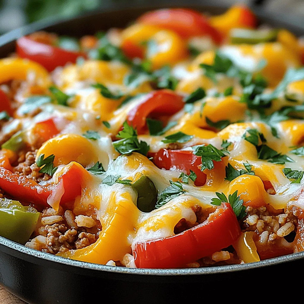 To make the best unstuffed pepper skillet, gather these key items: - 1 pound ground turkey or ground beef - 3 bell peppers (1 red, 1 yellow, 1 green), diced into bite-sized pieces - 1 can (15 oz) diced tomatoes, including all juices These ingredients form the hearty base of your dish. The ground meat gives protein, while the bell peppers add crunch and sweetness. The tomatoes bring moisture and flavor. To elevate the taste, add these flavor boosters: - 1 teaspoon Italian seasoning blend - 1 teaspoon smoked paprika - 1 cup shredded cheese (cheddar, Monterey jack, or your favorite) The Italian seasoning adds a herbaceous note. Smoked paprika gives it a warm, smoky flavor. Cheese melts beautifully on top, making every bite gooey and delicious. This dish can fit many diets. Here are some ideas: - Use quinoa instead of rice for a gluten-free option. - For a vegetarian alternative, swap meat with lentils or black beans. - To lower carbs, skip the rice or use cauliflower rice. These swaps make this dish versatile for everyone. You can enjoy it without worry, no matter your dietary needs. Check the full recipe for further guidance on these substitutions. Start by chopping your vegetables. Dice one large onion and three bell peppers. I like to mix colors for a fun look. Use one red, one yellow, and one green bell pepper. Next, cook your rice or quinoa. If you want to save time, use leftover rice. You need one cup of cooked rice or quinoa for this dish. Heat a good amount of olive oil in a large skillet over medium heat. Once the oil is hot, add the diced onion. Sauté for about three to four minutes until it turns translucent. Add two minced garlic cloves to the skillet. Stir for one minute until you smell the garlic's aroma. Now, turn up the heat to medium-high. Add one pound of ground turkey or beef. Cook it while breaking it up with a spatula. This should take about seven to eight minutes until the meat is brown and cooked all the way through. Toss in the diced bell peppers. Cook them for another three to four minutes. They should soften and gain some color. Next, stir in one can of diced tomatoes, including all the juices. Add your cooked rice or quinoa, one teaspoon of Italian seasoning, one teaspoon of smoked paprika, and salt and pepper to taste. Mix everything well to spread the flavors evenly. Lower the heat and let the mixture simmer for about five minutes. This time allows the flavors to meld beautifully. Evenly sprinkle one cup of shredded cheese on top. Cover the skillet with a lid and let it sit for two to three minutes. This helps the cheese melt into gooey perfection. When the cheese is melted and bubbly, remove it from heat. Garnish with fresh parsley or basil before serving hot. For the full recipe, check out the complete instructions above. To prevent overcooking, keep an eye on the heat. Use medium heat while cooking the meat. This will help it stay juicy and tender. If you cook it on high heat, the meat can dry out. For the perfect cheese melt, cover the skillet after adding the cheese. This traps heat and helps the cheese melt evenly. Let it sit for a few minutes before serving. You want that gooey, stretchy cheese! Serve your unstuffed pepper skillet with a side of crusty bread. The bread helps soak up the tasty sauce. A fresh green salad also pairs well with this dish. It adds crunch and freshness. If you want to make this a meal prep option, divide it into containers. It keeps well in the fridge for up to four days. You can reheat it easily for quick meals. Using fresh herbs can really boost the flavor. Chopped parsley or basil adds a bright taste. You can sprinkle them on top before serving. For spice lovers, try adding red pepper flakes or cayenne pepper. This gives your dish a nice kick. You can also switch up the spices to match your taste. {{image_4}} You can change the protein in this dish easily. Ground turkey or beef is great, but you can use chicken or even plant-based options. If you want a meat-free meal, try lentils or chickpeas. Both add protein and texture. For grains, I suggest rice or quinoa. Quinoa is a healthful choice and cooks fast. You can also use farro or barley. Each grain brings a unique taste to the dish. To spice things up, add chili powder or cayenne pepper. This makes a spicy unstuffed pepper skillet that really wakes up your taste buds. You can also mix in jalapeños for an extra kick. If you're in the mood for something different, try a Mediterranean twist. Add olives, feta cheese, and a splash of lemon juice. These ingredients brighten the dish and offer a fresh flavor change. Incorporate seasonal vegetables for a fresh taste. In spring, use asparagus or peas. In fall, add squash or sweet potatoes. These veggies not only taste good but also make the dish colorful. Don't forget fresh summer herbs! Basil, parsley, or cilantro can enhance the flavors. Just sprinkle them on top before serving. They add freshness and a pop of color to your unstuffed pepper skillet. For the full recipe, check out the Ultimate Unstuffed Pepper Skillet Delight! To keep your unstuffed pepper skillet fresh, store it in an airtight container. Place it in the fridge if you plan to eat it within three days. Make sure it cools down first to avoid condensation. For longer storage, you can freeze it. Divide the dish into smaller portions for easy thawing later. This way, you can enjoy it whenever you want! When it’s time to enjoy leftovers, the best method is using the stove. Heat it in a pan over low heat, stirring often. This keeps the flavors rich and the texture nice. If you’re short on time, the microwave works, too. Heat it in short bursts, stirring in between. This helps avoid hot spots and keeps the dish tasty. In the fridge, your unstuffed pepper skillet lasts about three to four days. If you freeze it, it can last up to three months. Always check for signs of spoilage before eating. If you see mold or an off smell, it’s best to throw it away. Keeping an eye on your leftovers ensures you enjoy them safely! How to make this dish vegetarian? To make this dish vegetarian, swap the ground turkey or beef for plant-based meat. You can use lentils, black beans, or crumbled tofu. These options add protein and texture. Keep the rest of the recipe the same. Can I use frozen vegetables instead? Yes, frozen vegetables are a great time saver. Use a mix of frozen bell peppers and onions. Just add them directly to the skillet. They will cook down nicely and still taste great. Why is my unstuffed pepper skillet watery? A watery dish usually means too much liquid. Make sure to drain the canned tomatoes well. Also, if you use fresh peppers, they add water. Cook them a bit longer to reduce the moisture. Adjustments for a thicker consistency To thicken the dish, add a bit more rice or quinoa. You can also let it simmer longer to cook off excess liquid. Another option is to stir in a spoonful of tomato paste. It thickens and enhances the flavor. How to alter serving sizes To change the serving size, adjust the main ingredients. For example, use half a pound of meat for two servings. You can double everything for eight servings. Just keep the ratios the same. Quantity adjustments for meal prep For meal prep, make a large batch. Use full amounts of ingredients and store in portions. This way, you have ready meals for the week. Just reheat when you are ready to eat. Check the [Full Recipe] for exact measurements. This blog post covered how to make a tasty unstuffed pepper skillet. We explored the key ingredients like ground turkey, bell peppers, and diced tomatoes. You learned methods for preparation and cooking, along with helpful tips for serving. We shared variations and ways to store leftovers effectively. In summary, this dish is flexible and easy to make. You can adjust it to fit your needs. Try different flavors and ingredients to keep it exciting. Enjoy your cooking adventure with this recipe!