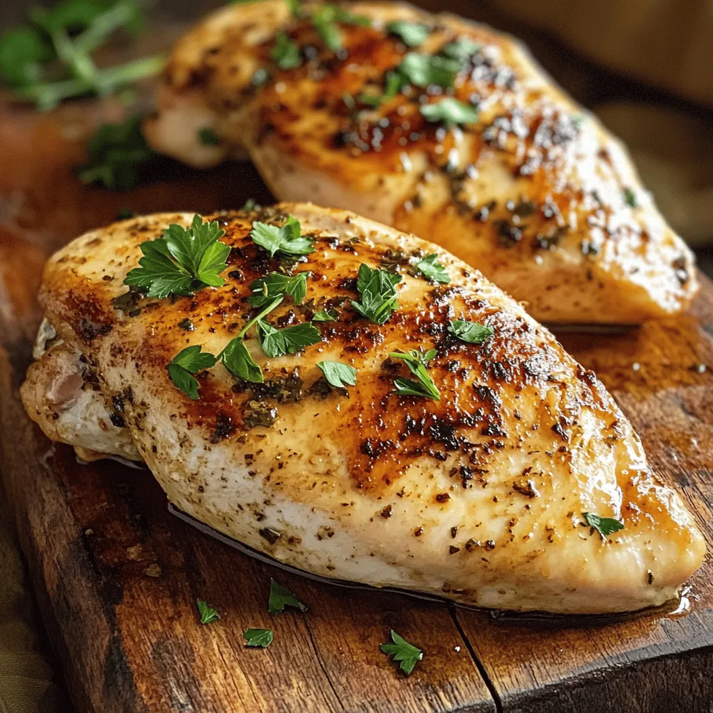 - 4 boneless, skinless chicken breasts - 1/2 cup buttermilk - 1/4 cup plain Greek yogurt - 2 tablespoons Dijon mustard - 1 teaspoon garlic powder - 1 teaspoon onion powder - 1 teaspoon smoked paprika - 1 teaspoon salt - 1/2 teaspoon black pepper - 2 tablespoons olive oil - Fresh herbs (for garnish) This dish starts with key ingredients. The chicken breasts are the star. They need to be boneless and skinless for the best results. The buttermilk adds flavor and moisture. Greek yogurt gives a creamy texture and tang. Now let's dive into the seasonings. Dijon mustard brings a nice kick. Garlic and onion powder add depth. Smoked paprika gives a hint of smokiness. Salt enhances all the flavors, while black pepper adds a little heat. Together, these create a tasty marinade that makes the chicken truly melt in your mouth. For cooking, you will need olive oil. It helps to sear the chicken, creating a golden crust. Fresh herbs, like parsley or thyme, make a lovely garnish. They add color and a fresh taste to your dish. Find the full recipe to see how these ingredients come together for a delicious meal. To start, you need to prepare the marinade. In a large bowl, mix together: - 1/2 cup buttermilk - 1/4 cup plain Greek yogurt - 2 tablespoons Dijon mustard - 1 teaspoon garlic powder - 1 teaspoon onion powder - 1 teaspoon smoked paprika - 1 teaspoon salt - 1/2 teaspoon black pepper Whisk these ingredients until smooth. Next, add the chicken breasts to the bowl. Make sure each breast is fully coated in the marinade. This step is key for flavor and tenderness. Cover the bowl with plastic wrap and refrigerate it. Let it sit for at least 1 hour, or even overnight if you can. While the chicken is marinating, set your oven to 375°F (190°C). Preheating the oven ensures your chicken cooks evenly. It’s a simple step that makes a big difference in the end. Now, grab a large oven-safe skillet and heat 2 tablespoons of olive oil over medium-high heat. After the chicken has marinated, carefully take it out of the bowl. Shake off any extra marinade before placing the chicken in the skillet. Sear each chicken breast for about 4-5 minutes on one side until it gains a lovely golden-brown crust. Flip the chicken and sear the other side for another 4-5 minutes. Once both sides are nice and seared, transfer the skillet directly to the preheated oven. Bake the chicken for 20-25 minutes. You’ll want the internal temperature to reach 165°F (75°C). This ensures the chicken is fully cooked and juicy. When the chicken is done, carefully take it out of the oven. Let it rest in the skillet for about 5 minutes. This step is crucial as it allows the juices to settle back into the meat. After resting, slice the chicken breasts and sprinkle with fresh herbs. This adds a burst of color and flavor that makes your dish pop. For the complete details, check out the Full Recipe. Enjoy your melt-in-your-mouth chicken! Marinating the chicken is key. A good marinate time helps the meat absorb flavors and stay juicy. I suggest marinating for at least one hour. For the best results, let it sit overnight. To get a golden-brown crust, heat your skillet well. Use medium-high heat and add olive oil before the chicken. Sear each side for about 4-5 minutes. This brings out a rich color and flavor. You can add more spices to make it pop. Consider using cayenne for heat or lemon zest for brightness. Both give a fun twist to the dish. Fresh herbs like thyme or parsley add a burst of flavor. Chop them finely and mix into the marinade. This small step makes a big difference. A cast-iron skillet works best for this dish. It holds heat well and gives a nice sear. If you don’t have one, a stainless-steel skillet will also do the trick. An instant-read thermometer is a must. It helps you check the chicken’s doneness. Aim for 165°F (75°C) for safe and juicy chicken. {{image_4}} You can change the flavor of your Melt in Your Mouth Chicken Breast by using different marinades. Here are some great ideas: - Citrus Marinade: Use orange juice and zest instead of buttermilk. Add a touch of honey for sweetness. - Spicy Marinade: Mix in sriracha or chili powder for a kick. This adds heat and flavor. - Herb Marinade: Replace the mustard with fresh herbs like basil or rosemary. This gives a fresh taste. These options help you find your favorite flavor. Feel free to mix and match for even more fun! You can cook your chicken in different ways. Each method gives a unique taste and texture. - Grilling: Grilling adds a smoky flavor. Simply marinate and cook on a hot grill for 6-8 minutes per side. - Baking: This method is easy and keeps the chicken juicy. Bake it as described in the Full Recipe for a tender result. - Slow-Cooking: If you want super tender chicken, use a slow cooker. Cook it on low for 4-6 hours. The chicken will fall apart and soak up all the flavors. Choose the method that fits your time and taste! Pairing your chicken with the right sides makes a great meal. Here are some ideas: - Roasted Vegetables: Carrots, potatoes, and zucchini roast well. They add color and flavor. - Fresh Salad: A light salad with greens, nuts, and a simple dressing complements the meal. - Creative Leftovers: Use leftovers in wraps, salads, or even pasta. This way, you enjoy the flavors in new ways! These ideas will help you create a delicious and fun dining experience. To keep your chicken fresh, place it in an airtight container. You can store it in the fridge for up to three days. Make sure the chicken is cooled before sealing it. This helps prevent moisture build-up. If the chicken smells off, do not eat it. To freeze your cooked chicken, wrap it tightly in plastic wrap. Then, place it in a freezer bag. This helps prevent freezer burn. You can freeze the chicken for up to three months. When you want to eat it, thaw it in the fridge overnight. For a quick option, use the microwave on the defrost setting. This keeps the texture nice and juicy. You should marinate chicken for at least 1 hour. For best results, marinate overnight. This allows the flavors to soak in and keeps the chicken moist. Yes, you can use chicken thighs. They are juicier and have more flavor. Just adjust cooking time as thighs may take longer to cook. The perfect internal temperature for chicken is 165°F (75°C). This ensures it is safe to eat while staying juicy. Overcooked chicken feels dry and tough. The juices will run clear, but the meat will be less tender. Use a meat thermometer to avoid this. Yes, you can prepare the chicken in advance. Marinate it and store in the fridge. Cook it later for a quick meal. Some great sides include: - Roasted vegetables - Rice pilaf - Garlic bread - A fresh garden salad These complement the chicken well and add color to your plate. This blog post covered great tips for cooking tender and tasty chicken. You learned about ingredients, marinating, cooking methods, and storage. Remember to let your chicken rest for the best flavor. Experiment with different marinades for new tastes. Use the right tools to get perfect results every time. Make this dish your own, and enjoy each bite. You’re now ready to serve up a delicious meal!