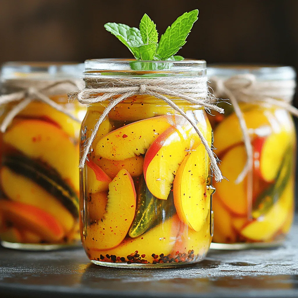 To make these pickles, you need a few key items. Here’s the list: - 4 ripe peaches, peeled and thinly sliced - 1 cup granulated sugar - 1 cup apple cider vinegar - 1/2 cup water - 1 teaspoon ground turmeric - 1 teaspoon ground cinnamon - 1/2 teaspoon crushed red pepper flakes - 1/2 teaspoon ground allspice - 1/2 teaspoon sea salt - 1/2 cup red onion, thinly sliced - 1 tablespoon freshly grated ginger These ingredients create a sweet and spicy balance that makes the pickles shine. You can enhance the flavor with some optional ingredients. Here are a few ideas: - Fresh herbs like thyme or rosemary for an earthy touch - A splash of vanilla extract for a unique twist - A dash of mustard seeds for crunch Feel free to mix and match these options to make the recipe your own! Not all ingredients are set in stone. Here are some substitutions you can use: - Swap peaches for nectarines or apricots if you prefer. - Use white vinegar or red wine vinegar instead of apple cider vinegar. - Honey or maple syrup can replace granulated sugar for a healthier option. These substitutions can still create great flavors while fitting your taste or dietary needs. For the full recipe, check out the link above! First, gather all your ingredients. This makes cooking easy and fun. You need: - 4 ripe peaches, peeled and thinly sliced - 1 cup granulated sugar - 1 cup apple cider vinegar - 1/2 cup water - 1 teaspoon ground turmeric - 1 teaspoon ground cinnamon - 1/2 teaspoon crushed red pepper flakes - 1/2 teaspoon ground allspice - 1/2 teaspoon sea salt - 1/2 cup red onion, thinly sliced - 1 tablespoon freshly grated ginger Make sure your peaches are ripe. They should feel soft but not mushy. Slice them thinly so they soak up the flavors well. In a large saucepan, put the sugar, apple cider vinegar, and water. Add the ground turmeric, ground cinnamon, crushed red pepper flakes, ground allspice, and sea salt. Stir well and heat on medium. You want it to simmer gently. This step is key. The spices mix into the liquid and create a rich flavor. Once it simmers, it's time for the peaches and onions. Carefully add the sliced peaches and red onion to the saucepan. Gently stir to coat them with the pickling liquid. Let it cook for about 5 minutes. The peaches will soften a little but remain firm. This keeps the pickles crunchy and tasty. After cooking, remove the saucepan from heat. Add the freshly grated ginger and stir to mix the flavors. Let the mixture cool at room temperature for about 30 minutes. This step helps the flavors blend. Once cooled, transfer the peach pickles into sterilized jars. Make sure the fruit is fully submerged in the liquid. Seal the jars tightly. Place them in the fridge for at least 24 hours. For the best taste, wait 3 to 5 days before serving. Enjoy this flavorful treat! For the full recipe, check the previous section. When you choose peaches, look for ones that feel firm but yield slightly when pressed. Their color should be vibrant, with no green spots. The best peaches smell sweet and fragrant. Avoid peaches that are bruised or have dark spots. To boost the flavor, you can add a touch of lemon zest. This adds brightness to the sweet and spicy mix. You can also try swapping out the apple cider vinegar with white balsamic vinegar. This gives a sweeter twist to the pickles. Experiment with adding fresh herbs like basil or thyme for an aromatic lift. To keep your peaches crunchy, do not overcook them. Simmer just until they soften slightly. Also, consider adding a splash of cold water to the pickling liquid. This cools it down and stops the cooking process. For an extra crunch, include some thinly sliced cucumbers or radishes in your jars. This adds texture and a fun twist to the flavor. Check out the full recipe to get started on your sweet and spicy peach pickles. {{image_4}} You can mix things up by adding other fruits or veggies. Try using ripe mangoes or crisp cucumbers. These additions bring new flavors. They also change the texture of your pickles. Simply slice them and follow the same steps as the peaches. You will create a unique blend each time. If you love heat, add more crushed red pepper flakes. You can also try fresh jalapeños for a kick. If you prefer milder flavors, reduce the pepper flakes. Just remember to taste as you go. This helps you achieve the perfect level of spice for your palate. Herbs can elevate your sweet and spicy peach pickles. Try adding fresh basil or mint for a refreshing twist. You can also use dill for a more savory flavor. Mix in a few sprigs to the cooking liquid. This will infuse your pickles with fresh, herbal notes. Each herb offers a new experience, so don't hesitate to explore! To keep your peach pickles fresh, store them in the fridge. Use clean jars with tight lids. Make sure the pickles are fully submerged in the liquid. This keeps them crisp and flavorful. Avoid opening the jars too often to maintain their taste. Sweet and spicy peach pickles will last about 2 to 3 weeks in the refrigerator. If you want them to last longer, consider canning them. When canned properly, they can last up to a year. Always check for signs of spoilage before eating. Watch for any changes in color or smell. If the pickles look cloudy or have bubbles, toss them. If you see mold or the lid is bulging, do not eat them. Fresh pickles should have a bright color and a sweet, spicy scent. Always trust your nose and eyes when it comes to food safety. Yes, you can use frozen peaches. Thaw them first and drain any excess liquid. Frozen peaches may be softer but will still taste great in the pickles. When stored in the fridge, these pickles last about 3 to 4 weeks. Make sure to keep them sealed in a jar. Always check for any signs of spoilage before eating. These pickles go well with many dishes. Try them on grilled meats, burgers, or cheese platters. They add a fun twist to salads and sandwiches, too. To preserve them longer, you can can the pickles. Use sterilized jars and follow proper canning techniques. This way, you can enjoy the pickles for months. Absolutely! You can add more or less sugar based on your taste. Start with the recipe's amount and adjust as needed. Just remember, less sugar will change the flavor a bit. For the full recipe, check out the details above. You learned how to make sweet and spicy peach pickles. We covered the key ingredients and ways to tweak flavors. The step-by-step guide ensures perfect results every time. I also shared tips for picking ripe peaches and achieving a great crunch. Remember to store your pickles well to keep them fresh. Whether you choose to experiment with fruits or adjust spices, there’s room for creativity. Enjoy your peach pickles, and share them with others!