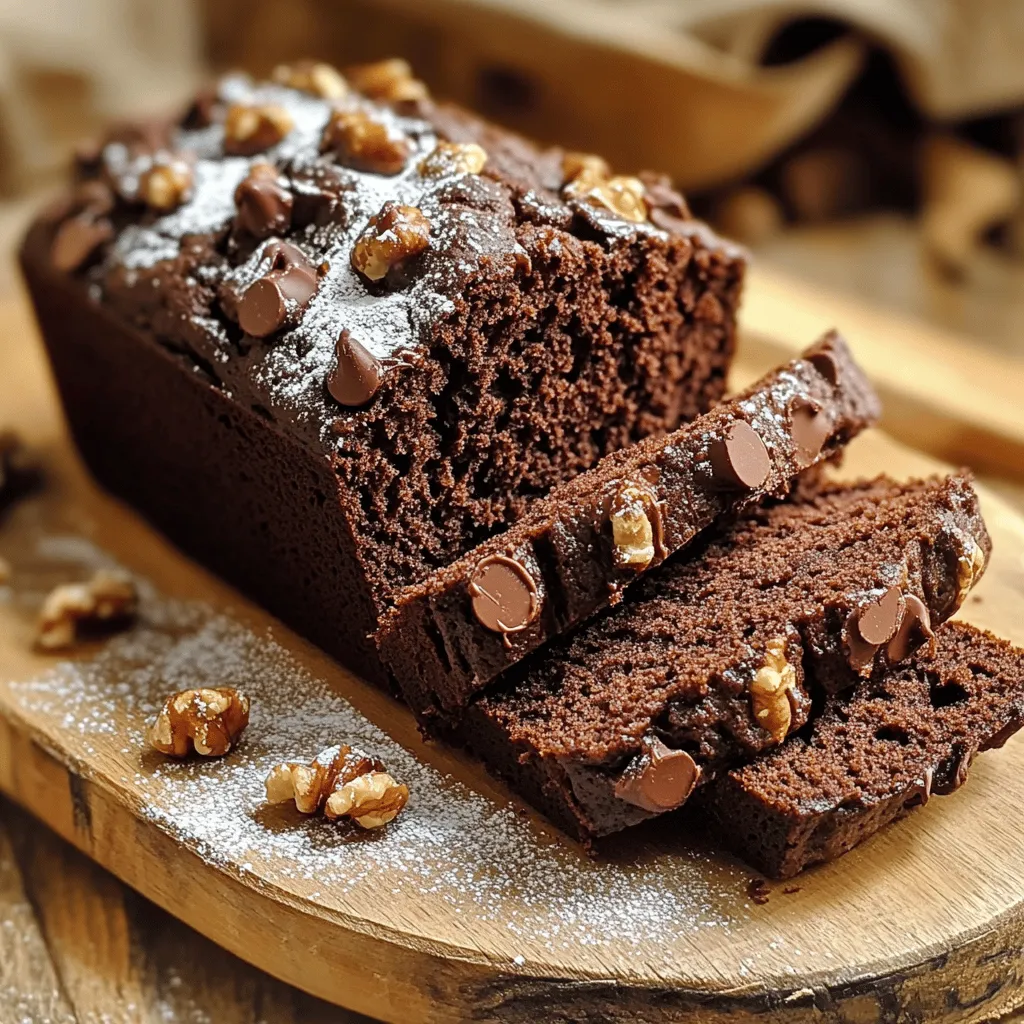 - 1 cup grated zucchini - 1 cup all-purpose flour - 1/2 cup unsweetened cocoa powder - 1/2 teaspoon baking powder - 1/2 teaspoon baking soda - 1/2 teaspoon salt - 1/2 cup granulated sugar - 1/2 cup packed brown sugar - 1/2 cup vegetable oil - 2 large eggs - 1 teaspoon vanilla extract - 1/2 cup chocolate chips (optional) - 1/4 cup chopped walnuts (optional) What is the nutritional profile of zucchini? Zucchini is low in calories. It adds moisture and fiber to the bread. One cup has about 19 calories and 1.5 grams of fiber. This helps with digestion and keeps you full. What are the benefits of cocoa powder? Cocoa powder is rich in antioxidants. It may help improve heart health. It adds a rich chocolate flavor without extra fat. This makes your bread taste great while keeping it healthier. Why use both granulated and brown sugar? Granulated sugar adds sweetness. Brown sugar gives a deeper flavor and moisture. Together, they create a nice balance in taste and texture in the bread. The combination makes each bite rich and satisfying. For the full recipe, refer to the [Full Recipe]. 1. Preheating the oven: Start by heating your oven to 350°F (175°C). This step is key for even baking. 2. Preparing the loaf pan: Grease a 9x5-inch loaf pan. You can also line it with parchment paper. This makes it easy to remove the bread later. 1. Combining wet ingredients: In a medium bowl, mix the grated zucchini with vegetable oil, granulated sugar, brown sugar, eggs, and vanilla extract. Whisk until smooth. 2. Mixing dry ingredients: In a large bowl, combine all-purpose flour, cocoa powder, baking powder, baking soda, and salt. Whisk them together well. 1. Folding techniques to avoid overmixing: Gradually pour the wet mixture into the dry ingredients. Use a spatula to gently fold them together. Stop mixing when you see a few streaks of flour. Overmixing can make the bread tough. 2. Adding optional ingredients: If you want extra flavor, gently fold in chocolate chips or walnuts. They add a nice touch and texture. 1. Pouring batter and smoothing the top: Pour the batter into your prepared loaf pan. Use a spatula to smooth the top for an even bake. 2. Baking time and doneness check: Bake for 50-60 minutes. Check if it's done by inserting a toothpick in the center. It should come out clean or with a few moist crumbs. Follow these steps, and you'll have a warm, rich, and delicious chocolate zucchini bread to enjoy. For the complete recipe, check out the Full Recipe. To bake Chocolate Zucchini Bread just right, preheat your oven to 350°F (175°C). This temperature ensures a good rise and a moist loaf. Use an oven thermometer for accuracy. To check for doneness, insert a toothpick into the center. If it comes out clean or with a few crumbs, your bread is ready. If it has wet batter on it, bake for a few more minutes. For a nice presentation, slice the bread into even pieces. Lay them on a wooden board to make it look rustic. You can also dust the slices with powdered sugar or drizzle melted dark chocolate on top for an extra treat. Pair your Chocolate Zucchini Bread with coffee or tea. The warm drinks enhance the rich flavors and make for a cozy snack. If your zucchini bread turns out dry, try these tips. First, do not overmix the batter. Overmixing can make the bread tough. Also, check if you used too much flour. Measure it accurately for the best results. To get a more chocolaty flavor, add extra cocoa powder or chocolate chips. You can also use dark chocolate for a richer taste. This will boost the chocolate profile and delight your taste buds. For the full recipe, visit the appropriate section. {{image_4}} You can make your chocolate zucchini bread even tastier by adding spices. A pinch of cinnamon or nutmeg can bring warmth to the flavor. These spices pair well with chocolate and enhance its richness. You might also try incorporating nuts or seeds. Chopped walnuts add a nice crunch, while sunflower seeds offer a nut-free option. This extra texture makes every bite interesting and fun. If you need a gluten-free option, swap the all-purpose flour for a gluten-free blend. Many blends work well in baking. You can also reduce the sugar in the recipe. Use less granulated sugar or choose a natural sweetener like honey or maple syrup. Just remember, this may change the texture a bit. You can change the flavor of your bread with the seasons. In fall, add pumpkin spice for a cozy taste. During winter, gingerbread spices can bring holiday cheer. Using seasonal ingredients makes your bread special and relevant. You can also add grated apples or carrots for a twist. These additions keep your chocolate zucchini bread fresh and exciting all year round. To keep your chocolate zucchini bread fresh, wrap it tightly. Use plastic wrap or aluminum foil. This helps seal in moisture. A good option is a resealable plastic bag. Make sure to remove as much air as possible. If you prefer, you can also use an airtight container. Store it at room temperature for the best taste. You can freeze chocolate zucchini bread for longer storage. First, let it cool completely. Then, slice the bread if you want. Wrap each piece in plastic wrap. After that, place the wrapped slices in a freezer bag. This way, you can take out just what you need. To defrost, take a piece out and leave it at room temperature for about an hour. You can also microwave it for 15-20 seconds if you're in a hurry. At room temperature, your bread lasts about 3 to 4 days. If you keep it in the fridge, it can last up to a week. Just make sure to keep it wrapped. This helps prevent it from drying out. Always check for any signs of spoilage before eating. Enjoy your delicious chocolate zucchini bread fresh! For the full recipe, check the earlier section. Can I substitute other oils for vegetable oil? Yes, you can. You can use canola oil or melted coconut oil. These oils work well and keep the bread moist. Olive oil is another option, but it may change the flavor a bit. How can I make this recipe vegan? To make it vegan, swap the eggs for flax eggs. Mix 1 tablespoon of flaxseed meal with 2.5 tablespoons of water for each egg. Also, use a plant-based oil instead of vegetable oil. Is zucchini bread healthy? Yes, zucchini bread can be healthy. It offers moisture and flavor without adding many calories. You can also add nuts or seeds for extra nutrients. Does the zucchini add any nutritional value? Absolutely! Zucchini is low in calories but high in vitamins and minerals. It contains vitamin C and potassium, which are good for your body. Why is my zucchini bread sinking in the middle? Your zucchini bread might sink if there is too much liquid. Ensure you measure the zucchini correctly. Also, avoid overmixing the batter, as it can affect the rise. Can I use frozen zucchini in the recipe? Yes, you can use frozen zucchini. Just thaw it first and drain any excess water. This helps prevent a soggy bread. For the complete guide, check out the [Full Recipe](#) for Chocolate Zucchini Bread. This recipe makes about 8-10 slices. Store any leftovers in an airtight container at room temperature for up to three days. For longer storage, freeze slices individually. This blog covered the tasty recipe for chocolate zucchini bread. We discussed important ingredients like zucchini and cocoa powder. You learned how to mix and bake properly for the best texture. We also shared tips on serving and storing your bread. In closing, I hope you feel ready to bake this delicious treat. It’s easy, fun, and a great way to enjoy veggies. Happy baking!