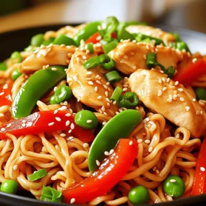 - 2 boneless, skinless chicken breasts, thinly sliced - 8 oz. whole wheat noodles - 1 bell pepper (red or yellow), sliced into strips - 1 cup snap peas, trimmed - 3 green onions, chopped (plus more for garnish) - 2 cloves garlic, minced - 1-inch piece of fresh ginger, grated - 1/4 cup low sodium soy sauce - 2 tablespoons honey or maple syrup (for sweetness) - 1 tablespoon sesame oil (for depth of flavor) - 1 tablespoon rice vinegar (for acidity) - 1 teaspoon cornstarch mixed with 1 tablespoon water (to thicken the sauce) - Sesame seeds, for garnish The main ingredients make this dish shine. The chicken gives protein, while the noodles add heartiness. The veggies make it colorful and crunchy. Each item plays a role in creating the perfect bite. - Sesame seeds for garnish - Extra green onions for garnish - Red pepper flakes for heat - Additional spices like garlic powder or onion powder Optional ingredients can enhance your dish. Sesame seeds add a nice crunch. Extra green onions bring freshness. For spice lovers, red pepper flakes add heat. These options let you customize the dish to your taste. For the full recipe, be sure to check the complete instructions. Enjoy your cooking adventure! To start, boil a large pot of water. When it reaches a full boil, add the whole wheat noodles. Cook for about 8-10 minutes, or until they are tender. You can check the package for exact times. Once cooked, drain the noodles in a colander and let them cool for a bit. This step is simple, but it sets a good base for your dish. Next, take a large skillet or wok and heat sesame oil over medium-high heat. When the oil is hot, add your thinly sliced chicken. Cook for around 5-7 minutes. Make sure to stir often. The chicken should turn golden and no longer be pink. Once cooked, set the chicken aside on a plate. This method keeps the chicken juicy and flavorful. In the same skillet, add minced garlic and grated ginger first. Sauté these for about 2 minutes until they smell great. Then, add the sliced bell pepper. Cook for another 2 minutes. After that, toss in the snap peas and cook for 2-3 minutes more. Look for vibrant colors and tender-crisp texture to know they are done. This mix adds color and crunch to your meal. In a small bowl, whisk together your soy sauce, honey (or maple syrup), rice vinegar, and the cornstarch-water mix. Make sure everything blends well. Pour this sauce into the skillet with the cooked vegetables. Stir continuously for about 1-2 minutes. You want the sauce to thicken and coat the veggies nicely. This will give your noodles a rich flavor. Now, return the cooked chicken to the skillet. Add the drained noodles, too. Gently toss everything together. Make sure the noodles and chicken are well coated in the sauce. Heat for another minute or two until everything is warm. This final mixing brings all the flavors together. Scoop the chicken teriyaki noodles into serving bowls. Top with chopped green onions and a sprinkle of sesame seeds. This adds a nice crunch and makes your dish look great. You can serve it hot, and it’s perfect for a quick weeknight dinner. If you want to explore further, check out the Full Recipe for more details! - Marinating chicken: To boost flavor, marinate your chicken. Use soy sauce, ginger, and garlic. This mix adds depth. Let the chicken soak for at least 30 minutes. - Using fresh ingredients: Fresh veggies and herbs make a big difference. Use crisp bell peppers and sweet snap peas. Fresh green onions add a nice crunch. - Timing and multitasking: Cook your noodles while you prepare the chicken. This saves time. Keep an eye on everything to avoid delays. - Avoiding overcooking: Chicken should be golden, not dry. Cook it for 5-7 minutes until no longer pink. Vegetables should be tender-crisp. - Adding spice: Want some heat? Add red pepper flakes or sriracha to the sauce. This gives your dish a nice kick. - Alternative sauces: Try different sauces if you want a twist. Teriyaki sauce works well, but hoisin or sweet chili sauce can be fun too. This keeps the meal exciting and new. By following these tips, you can make your chicken teriyaki noodles flavorful and fun. For the complete recipe, check out the Full Recipe section. {{image_4}} When making chicken teriyaki noodles, you can switch things up. Let's look at some tasty options. - Tofu: Tofu is a great choice for a plant-based meal. It soaks up flavors well. Use firm tofu for best texture. Press it before cooking to remove extra water. This helps it get crispy. - Shrimp: Shrimp cooks fast and adds a nice touch. Use peeled and deveined shrimp. Cook them for about 3-4 minutes until they turn pink. - Rice noodles: Rice noodles are light and gluten-free. They cook quickly, usually in 3-5 minutes. Soak them in hot water until soft, then add to your dish. - Zucchini noodles: Zucchini noodles, or zoodles, are low-carb and fresh. Spiralize fresh zucchini for a fun twist. Sauté them for just a couple of minutes to keep them crisp. - Vegetable-loaded versions: Load your dish with veggies. Try broccoli, carrots, or bell peppers. This adds color and nutrients. Sauté them with garlic and ginger for full flavor. - Meat substitutes: Use meat substitutes, like seitan or tempeh. These provide protein and texture. Cook them the same way as chicken for a simple swap. Feel free to mix and match these ideas. You can create a unique dish every time! For the full recipe, check out the details above. To store your Chicken Teriyaki Noodles, use an airtight container. Glass containers work well, as do BPA-free plastic ones. Make sure the noodles cool down before sealing. This helps prevent moisture buildup. The shelf life is about 3-4 days in the fridge. After that, the flavors start to fade. For reheating, the best method is to use a skillet. Heat it over medium heat, then add a splash of water or broth. This helps keep the noodles moist. Stir frequently until heated through. You can also use a microwave. Place the noodles in a microwave-safe dish, cover it, and heat in short bursts. Stir between each burst. To maintain the texture, avoid high heat. High heat can make the noodles gummy. Adding a bit of oil can also help restore shine and flavor. If you want to freeze your Chicken Teriyaki Noodles, use freezer-safe containers. Portion them into single servings for easy meals later. Make sure to leave some space at the top of the container for expansion. They can last up to 2-3 months in the freezer. For thawing, move the container to the fridge overnight. If you need them quickly, place them in cold water for a couple of hours. Reheat as mentioned above for the best results. Making Chicken Teriyaki Noodles takes about 25 minutes. You spend 10 minutes prepping and 15 minutes cooking. This quick time helps you enjoy a tasty meal without a long wait. Yes, you can use store-bought teriyaki sauce. It saves time and is ready to use. However, it may have more sugar or sodium than homemade sauce. Read the label to check for ingredients you like. Adjust the sauce to fit your taste by adding honey or fresh ginger. You can add many vegetables to your Chicken Teriyaki Noodles. Some great choices include: - Broccoli florets - Carrots, sliced thin - Mushrooms, sliced - Baby corn - Spinach Feel free to mix and match based on what you have at home. This makes the dish your own! To make Chicken Teriyaki Noodles gluten-free, use these swaps: - Choose gluten-free soy sauce or tamari instead of regular soy sauce. - Use rice noodles or zucchini noodles instead of whole wheat noodles. These changes keep your meal tasty and safe for a gluten-free diet. Reheating leftovers can be easy. Use a skillet over medium heat for best results. Add a splash of water or extra sauce to help keep the noodles moist. Stir often until everything is warmed through. You can also use the microwave, but watch the time to avoid overcooking. In this post, we explored how to make Chicken Teriyaki Noodles. We covered the main ingredients, cooking steps, and tips to enhance flavor. You learned how to prepare chicken, cook noodles, and sauté vegetables. We discussed variations like protein swaps and vegetarian options too. Remember, fresh ingredients can greatly improve taste. With practice, you will master this dish and impress others. Enjoy the process and have fun while cooking!