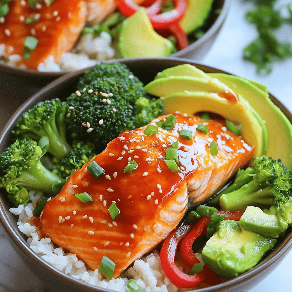 The key to a great Honey Sriracha Salmon Bowl lies in fresh and quality ingredients. Here’s what you’ll need: - 2 salmon fillets - 2 tablespoons honey - 2 tablespoons Sriracha sauce - 1 tablespoon soy sauce - 1 teaspoon sesame oil - 1 cup jasmine rice - 2 cups water - 1 cup broccoli florets - 1 red bell pepper, thinly sliced - 1 avocado, sliced - 2 green onions, chopped - Sesame seeds, for garnish - Salt and pepper, to taste Each ingredient plays a role in creating the perfect balance of sweet and spicy flavors. The salmon gives a rich, buttery taste. The honey and Sriracha blend brings a sweet heat that elevates the dish. Jasmine rice serves as a fluffy base, while fresh vegetables add crunch and color. When you gather these ingredients, focus on their freshness. Fresh salmon should have a bright, clean scent. The veggies should look vibrant and crisp. This attention to detail ensures your meal will not only taste great but also look appealing. For the complete preparation process, check out the Full Recipe. This recipe will guide you through each step to create a delicious and satisfying meal. To start, gather your ingredients for the marinade. In a small bowl, whisk together: - 2 tablespoons honey - 2 tablespoons Sriracha sauce - 1 tablespoon soy sauce - 1 teaspoon sesame oil - A pinch of salt and pepper Mix until everything blends well. This mixture brings sweet and spicy flavor. Next, take your two salmon fillets. Place them in a shallow dish and coat them with the marinade. Make sure each fillet is evenly covered. Let it sit for a few minutes to soak up the flavor. Now, it’s time to cook the salmon. Preheat your oven to 375°F (190°C). Line a baking sheet with parchment paper. Place the salmon fillets skin-side down on the sheet. Use a brush to apply the leftover marinade on top of the salmon. Bake the salmon for 12-15 minutes. It’s done when it flakes easily with a fork. Keep an eye on it so it doesn’t overcook. While the salmon bakes, rinse 1 cup of jasmine rice under cold water. This step removes extra starch. In a medium saucepan, combine the rinsed rice and 2 cups of water. Bring it to a boil over medium-high heat. Once boiling, reduce the heat to low. Cover the saucepan and let it simmer for 15 minutes. After that, fluff the rice with a fork. For the broccoli, place 1 cup of florets in a steamer basket. Steam them for about 4-5 minutes until tender-crisp. You can also use a microwave. Just cover the florets with a damp paper towel and microwave for 2 minutes. You now have your salmon, rice, and vegetables ready! For the full recipe, check out the link. For the best flavor, marinate your salmon for at least 30 minutes. This time allows the salmon to absorb the honey and Sriracha mixture. If you're short on time, even 15 minutes can make a difference. You can also try alternative sauces like teriyaki or a garlic-soy blend. These options add a unique twist to your dish. To avoid overcooking salmon, keep an eye on the clock. Bake it for 12 to 15 minutes at 375°F (190°C). The salmon should flake easily with a fork when it’s done. For perfect rice, rinse jasmine rice well before cooking. This step helps remove extra starch. Cook it on low heat for 15 minutes, and don’t peek until it’s time to fluff it with a fork. When assembling your bowls, start with a scoop of rice as the base. Neatly place the salmon fillet on top. Next, arrange steamed broccoli, sliced red bell pepper, and avocado around the salmon. This way, each ingredient shines. For garnishing, sprinkle green onions and sesame seeds on top. It adds color and a nice crunch. Serve in deep bowls to showcase the vibrant colors of your meal. For the full recipe, check here: [Full Recipe]. {{image_4}} If you want to change things up, try different proteins. Tofu is a great choice for a vegan version. Just marinate it like the salmon. Chicken is another option. It works well with the honey Sriracha sauce too. You can also switch out the veggies. Broccoli and red bell pepper are tasty, but other options shine too. Try snap peas, carrots, or even spinach. They add color and flavor to your bowl. Want to kick it up a notch? Add spices like garlic powder or ginger. These enhance the sauce's taste. You can also explore other sauces. A drizzle of lime juice can brighten the dish. Finding the right sweet and savory balance is key. If you love heat, add more Sriracha. For a sweeter note, increase the honey. Adjust to your liking for a perfect bite. Think outside the bowl! Serve with a side of edamame or a crisp salad. These add freshness and crunch. Creating bowl combinations can be fun. Mix in cooked quinoa or farro for a twist. Layer in different veggies for color and taste. Let your creativity shine! For the full recipe, check the [Full Recipe]. To store leftovers safely, first let the bowls cool to room temperature. Then, place them in airtight containers. You can keep them in the fridge for up to three days. If you want to save them for longer, consider freezing the salmon and rice separately. When reheating, use the oven or microwave. For the oven, preheat it to 350°F (175°C). Place the salmon in a baking dish, cover it with foil, and heat for about 10-15 minutes. If you use the microwave, heat in short intervals to avoid overcooking. Each ingredient has a different shelf life. Fresh salmon lasts about one to two days in the fridge. Cooked salmon can last up to three days when stored well. Jasmine rice stays good for about four to five days cooked. Broccoli can last around three to five days in the fridge when fresh. When checking for spoiled ingredients, look for off smells, discoloration, or a slimy texture. If you see any of these signs, it’s best to toss it out. Keeping your ingredients fresh helps you enjoy your Honey Sriracha Salmon Bowls at their best! Can I use frozen salmon? Yes, you can use frozen salmon. Just make sure to thaw it first. This will help the salmon cook evenly. You can leave it in the fridge overnight or use the microwave. Always check if the fish is cooked through before serving. How spicy is this dish? The spice level depends on how much Sriracha you use. I find that two tablespoons give a nice kick without being too hot. However, you can adjust the Sriracha to your taste. If you're worried about spice, start with less and add more if you like. Health benefits of ingredients Honey adds sweetness and antioxidants. Salmon is rich in omega-3 fatty acids, which are good for your heart. Broccoli has vitamins C and K, while avocado provides healthy fats. Jasmine rice is a great source of energy, making this meal balanced and nutritious. Breakdown of calories and nutrients per serving Each serving contains approximately 500 calories. You get about 30 grams of protein from the salmon. The bowl also includes 45 grams of carbs from the rice and 20 grams of fat from the avocado and sesame oil. This meal keeps you full and satisfied. Tips for preparing ahead of time You can prepare the marinade a day in advance. Just store it in the fridge. Cook the rice and steam the broccoli ahead of time. This saves you effort on busy nights. Storing components separately vs. assembled Store the salmon, rice, and veggies separately. This keeps everything fresh. When you're ready to eat, just assemble the bowl. Reheat each component gently to avoid overcooking. This way, your meal tastes fresh and delicious. You learned how to make a tasty honey Sriracha salmon bowl. We covered the needed ingredients, preparation steps, and cooking tips. You can mix it up with different proteins and vegetables. Remember, a good marinade can change the dish completely. Store your leftovers safely to enjoy later. Overall, this dish is simple, healthy, and fun to make. Try it out and impress your family or friends with your cooking skills!