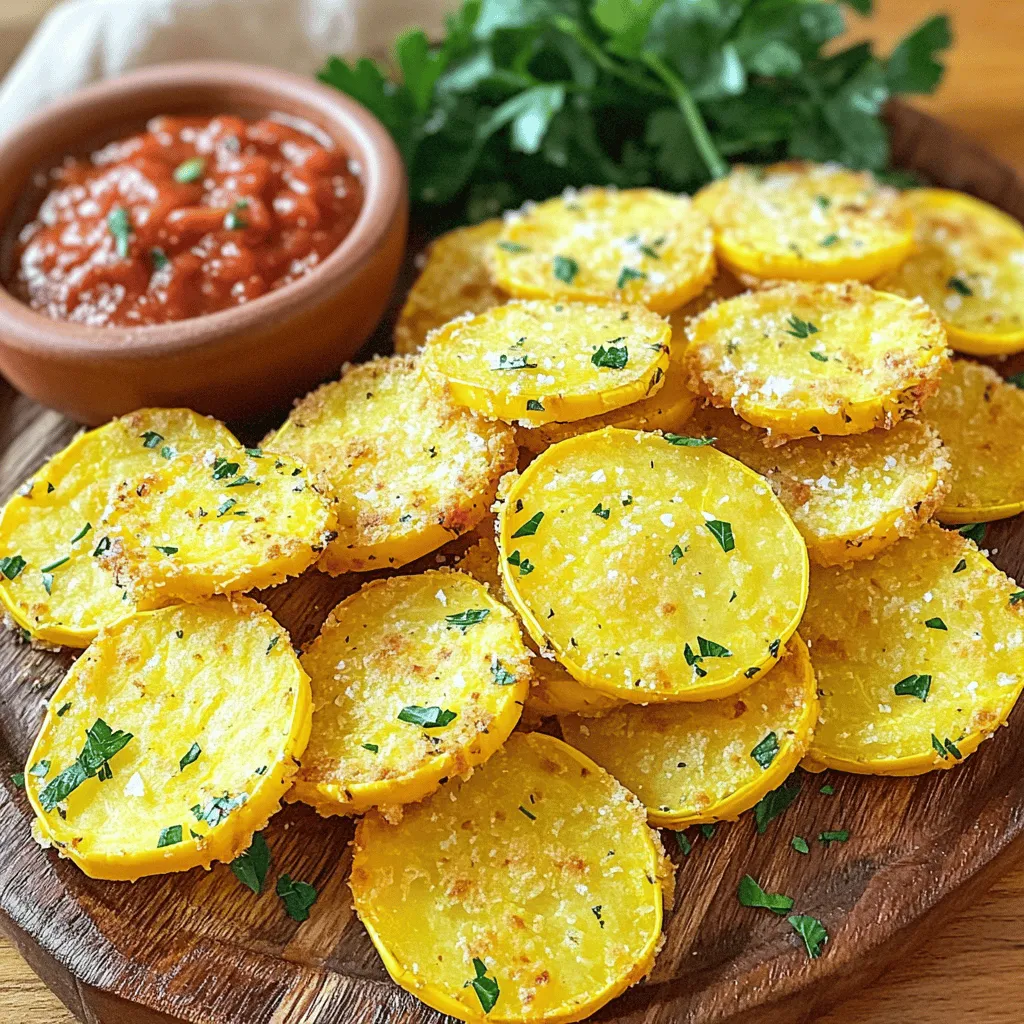 To make crispy oven-fried squash, gather these items: - 2 medium yellow squash, sliced into 1/4-inch thick rounds - 1 cup all-purpose flour - 2 large eggs, beaten until smooth - 1 1/2 cups seasoned breadcrumbs - 1/2 teaspoon garlic powder - 1/2 teaspoon onion powder - 1/2 teaspoon paprika - 1/4 teaspoon cayenne pepper (optional for an additional kick) - Salt and pepper, to taste - Cooking spray or a drizzle of olive oil You will need some basic kitchen tools to get started: - Baking sheet - Parchment paper - 3 shallow bowls - Whisk - Knife - Cutting board - Tongs or fork for flipping Selecting the right squash makes a big difference. Here’s what to look for: - Color: Choose squash with bright, even color. Look for a rich yellow hue. - Firmness: Pick squash that feels firm. Avoid any that have soft spots or blemishes. - Size: Smaller squash often taste better. Aim for medium-sized ones, about 6-8 inches long. - Skin: Fresh squash has smooth skin that should not be wrinkled or dull. When you pick fresh squash, you set the stage for a tasty dish. This is key for your oven-fried squash to shine in flavor and texture. Start by preheating your oven to 425°F (220°C). This high heat helps achieve that perfect crunch. While the oven heats, grab a large baking sheet. Line the sheet with parchment paper. This makes cleanup easy and helps prevent sticking. Grab your two medium yellow squash. Slice them into 1/4-inch thick rounds. The thickness helps them cook evenly. Next, set up your breading station. Use three shallow bowls. 1. In the first bowl, mix 1 cup of all-purpose flour with a pinch of salt, pepper, garlic powder, onion powder, and paprika. 2. In the second bowl, pour in 2 beaten eggs. Whisk until smooth. 3. In the third bowl, add 1 1/2 cups of seasoned breadcrumbs. If you like spice, add 1/4 teaspoon of cayenne pepper. Now, bread each squash slice. First, coat it in the seasoned flour. Shake off any extra flour. Next, dip it into the egg mixture. Let any excess egg drip back into the bowl. Finally, press the slice into the breadcrumbs. Make sure the crumbs stick well. Arrange the breaded squash slices on your prepared baking sheet. Place them in a single layer, leaving space between each slice. This helps them cook evenly. Lightly spray the tops with cooking spray or drizzle with olive oil. This step boosts the crispiness. Now, place the baking sheet in the oven. Bake for 20-25 minutes. Flip the slices halfway through to ensure they brown evenly. Look for a lovely golden color when they are done. After baking, take the pan out and let the squash cool for a few moments. This helps them stay crunchy. For the full recipe, check out the earlier section. Enjoy your perfectly crispy oven-fried squash! To get your squash super crispy, follow these steps. First, dry the squash well with a paper towel. Any moisture can make them soggy. Next, use a good quality seasoned breadcrumb. These have more flavor and crunch. Lightly spray or drizzle olive oil on top before baking. This helps the squash brown nicely. Remember to flip the slices halfway through baking for even crispiness. Avoid these common mistakes. Don’t overcrowd the baking sheet. Leave space between the slices. This lets the hot air circulate and crisp up each piece. Another mistake is not preheating the oven. Always preheat it to 425°F (220°C) for best results. Finally, don’t skip the seasoning. Season your flour and breadcrumbs well for extra flavor. Oven fried squash is perfect as a snack or side. Serve it hot on a nice platter. Pair it with marinara sauce or ranch dressing for dipping. You can also sprinkle fresh parsley on top for color. For a fun twist, add a sprinkle of grated cheese right before serving. Enjoy it with grilled chicken or fish for a complete meal. {{image_4}} You can change the breading for more fun. Try panko breadcrumbs for extra crunch. They provide a light and airy texture. You can also use crushed cornflakes for a sweeter taste. For a spicy twist, use crushed tortilla chips. These options offer great variety while keeping the flavor fresh. Want to jazz it up? Add herbs and spices to your breading mix. Try dried oregano, thyme, or basil for a herbal kick. You could also mix in grated Parmesan cheese for a rich, savory touch. A splash of lemon juice or zest can brighten the flavors too. Experiment with your favorites for a unique taste. While yellow squash is great, you can use other types too. Zucchini works well and has a mild flavor. Acorn squash adds a sweet, nutty taste. Butternut squash can make for a heartier dish. Each variety brings its own unique flavor and texture to the table, so don’t hesitate to try them! To keep your oven-fried squash fresh, let it cool first. Place it in an airtight container. Store it in the fridge for up to three days. If you plan to eat it later, avoid stacking the slices. This prevents sogginess. To reheat your leftover squash, use the oven for the best results. Preheat your oven to 350°F (175°C). Spread the squash on a baking sheet in a single layer. Bake for about 10-15 minutes until warm and crispy. You can also use an air fryer for a quicker option. Set it to 350°F and heat for about 5-7 minutes. If you want to save your squash longer, freezing is a great option. Let the cooked squash cool completely. Arrange the slices in a single layer on a baking sheet. Freeze them for about an hour. Once frozen, transfer the slices to a freezer-safe bag. Remove as much air as possible. They can last up to three months in the freezer. When you're ready to eat them, thaw in the fridge and reheat as mentioned above. Yes, you can make Oven Fried Squash gluten-free. To do this, simply swap the all-purpose flour for a gluten-free flour blend. You can also use gluten-free breadcrumbs. These changes will keep your dish crispy and tasty without gluten. Oven Fried Squash lasts about 3 to 5 days in the fridge. Store it in an airtight container to keep it fresh. When you reheat it, the squash may lose some crispiness, but it will still taste great. Oven Fried Squash goes well with many dips. Here are some tasty options: - Marinara sauce - Ranch dressing - Garlic aioli - Honey mustard - Spicy sriracha mayo For extra flavor, you can mix and match these dips. Enjoy testing different flavors! For the full recipe, check the details above. Oven-fried squash is a tasty and healthy treat. We covered the right ingredients, tools, and tips for picking fresh squash. I shared simple steps for baking until crispy and included helpful tricks to avoid common errors. You also learned about variations and how to store leftovers. Keep these ideas in mind, and enjoy your crispy squash snack! It’s easy to make, delicious, and fun to share.