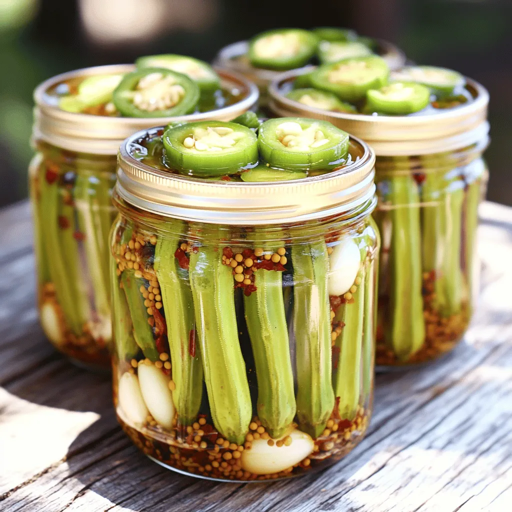 To make spicy pickled okra, start with fresh ingredients. Here's what you need: - 1 pound fresh okra, thoroughly washed and trimmed - 2 cups distilled white vinegar - 1 cup filtered water - 1 tablespoon kosher salt - 1 tablespoon granulated sugar - 4 cloves garlic, lightly smashed Fresh okra gives your pickles a crisp bite. Wash and trim them well. The vinegar and water create the brine that makes the okra tangy. Kosher salt and sugar balance the flavors. Garlic adds depth, making each bite tasty. Spices elevate the pickled okra. Here’s what you’ll use: - 1 tablespoon yellow mustard seeds - 1 tablespoon whole coriander seeds - 1 teaspoon whole black peppercorns - 1 teaspoon red pepper flakes Mustard seeds give a unique crunch. Coriander seeds add a hint of citrus. Black pepper brings warmth, while red pepper flakes provide that spicy kick. Together, these spices create a burst of flavor in every jar. If you love spice, add these: - 2-3 fresh jalapeños, sliced into rings Fresh jalapeños boost the heat. Place them between layers of okra in the jars. Adjust the number based on your heat tolerance. This extra step makes the pickles even more exciting to eat. Follow the [Full Recipe] for step-by-step guidance on preparing your spicy pickled okra. To start, you need fresh okra. First, wash and trim the okra. Then, fill a large pot with water and bring it to a boil. Once boiling, add the okra carefully. Blanch the okra for 3-4 minutes. You want it bright green but still crisp. After that, remove the okra from the pot. Drain it well, then plunge it into a bowl of ice water. This stops the cooking. After a few minutes, drain the okra again. Now, your okra is ready for pickling. Next, it's time for the brine. Take a medium saucepan and mix together distilled white vinegar, filtered water, kosher salt, and granulated sugar. Add smashed garlic, mustard seeds, coriander seeds, black peppercorns, and red pepper flakes for heat. Heat this mixture over medium heat. Stir it continuously until the sugar and salt dissolve. You'll notice the lovely scent of the spices. This brine is what gives your pickled okra its bold flavor. Now, let's pack your jars. First, sterilize your glass jars by boiling them for 10 minutes. Let them cool a bit before you handle them. Start packing the blanched okra into the jars. Make sure to pack them tightly, but don’t crush them. If you like heat, add slices of jalapeño between the okra layers. Leave about half an inch of space at the top of each jar. Finally, ladle the hot brine over the okra. Ensure every piece is submerged and that the garlic and spices are spread evenly. For a complete guide, check the Full Recipe. To control the heat in your spicy pickled okra, adjust the red pepper flakes. Start with a teaspoon for mild heat. If you love spice, add more to your taste. Fresh jalapeños can also boost the heat. Use more slices for a fiery kick. Remember, you can always add more spice, but it's hard to take it away. One mistake is not blanching the okra. This step keeps the okra crisp. Skipping it can lead to mushy pickles. Another pitfall is not packing the jars tightly. If the okra floats, it won’t pickle properly. Make sure to leave enough headspace, too. This prevents leaks when sealing the jars. Sterilizing jars is key for safe pickling. Boil your glass jars for 10 minutes. This kills any bacteria. After boiling, let the jars cool before filling. Use clean lids to seal the jars tightly. Always wipe the rims to remove any residue. This ensures a good seal and keeps your okra fresh. For a detailed guide, check out the Full Recipe. {{image_4}} You can change the spice mix to match your taste. Try using dill seeds instead of mustard seeds. If you want a smoky flavor, add smoked paprika. For an aromatic twist, try adding fresh thyme. Each change gives a new taste to the pickled okra. Okra is great, but you can pickle many other veggies too. Carrots, cucumbers, and green beans work well. You can even use radishes for a crunchy bite. Mix different vegetables for a colorful jar and a fun tasting experience. Serve your pickled okra in fun ways. Use it as a snack or appetizer. Place it on a charcuterie board with cheese and meats. Add it to tacos or salads for a spicy kick. I love to mix it into a sandwich for an extra crunch. You can find the full recipe to explore more options! To keep your spicy pickled okra fresh, store it in the fridge. Always use clean utensils when taking out okra. This helps avoid contamination. Keep the jars tightly sealed to keep air out. The less air inside, the better the taste stays. Homemade spicy pickled okra can last up to 2 months in the fridge. After opening, try to eat it within a month. If you notice any changes in taste or smell, it’s best to throw it away. Look for signs of spoilage to know if your pickled okra is bad. If you see mold or the brine looks cloudy, discard it. A sour smell or off taste also means it’s time to say goodbye. Always trust your senses! It takes about 48 hours for the flavors to develop in spicy pickled okra. This time allows the brine to soak into the okra, making it flavorful and tangy. You might be tempted to taste it earlier, but waiting gives you the best results. After 48 hours, the flavors will be bright, bold, and delightful. Using frozen okra is not recommended for this recipe. Frozen okra often becomes mushy when thawed, which affects the texture of your pickles. Fresh okra keeps its crunch and makes for a better pickled product. Stick with fresh okra for that perfect, crisp bite. You can find spicy pickled okra at many grocery stores and farmers' markets. Look in the pickle aisle or the section with specialty foods. Some local vendors make their own, which can be quite tasty. For a unique flavor, you might also check online stores that sell artisanal pickled products. If you want to try making it yourself, check out the Full Recipe for a fun cooking project. In this blog post, we explored the process of making pickled okra. You learned about essential ingredients, like fresh okra and spices, that enhance flavor. I shared step-by-step instructions to help you prepare and pack your okra. We discussed tips to avoid common mistakes and achieve the right spice level. Finally, I covered storage best practices to keep your pickles fresh. Making pickled okra is fun and rewarding. Try it out and enjoy the crispy, tangy result!