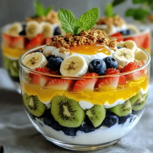 - 1 cup creamy Greek yogurt - 2 tablespoons sweet honey - 1 teaspoon pure vanilla extract - 1 large ripe banana, thinly sliced - 1 cup fresh strawberries, hulled and halved - 1 cup juicy blueberries - 1 cup kiwi, peeled and diced into bite-sized pieces - 1 cup crunchy granola (for topping) - Fresh mint leaves (for garnish) I love using high-quality Greek yogurt for this dish. It adds a rich, creamy base. Honey provides natural sweetness that pairs well with fruity flavors. The vanilla extract gives a nice aroma and depth. Next, the fruits! Bananas, strawberries, blueberries, and kiwi make the salad bright and colorful. Each fruit brings its own unique taste and texture. You can also add other fruits like mango or peaches if you wish. For topping, I suggest crunchy granola. It adds a nice crunch and makes the dish more filling. Fresh mint leaves brighten up the presentation, too. - Other fruits to consider: mango, peaches, or raspberries - Alternative sweeteners: maple syrup or agave nectar Feel free to mix it up! This dish is flexible. You can swap in your favorite fruits or sweeteners. The Full Recipe is a great guide, but don’t be afraid to make it your own! Mixing the yogurt and honey Start by gathering your ingredients. In a medium bowl, combine 1 cup of creamy Greek yogurt, 2 tablespoons of sweet honey, and 1 teaspoon of pure vanilla extract. Use a spatula to mix well until smooth. This creamy base adds flavor and richness to your fruit salad. Layering the fruit and yogurt Next, take a large serving bowl or individual dessert cups. Begin with half of your yogurt mixture at the bottom. Then, layer in the fruit. First, add sliced bananas, then fresh strawberries, juicy blueberries, and diced kiwis. This order adds color and flavor. Repeat the layers with the remaining yogurt and fruits. Finish with a dollop of yogurt on top, and sprinkle crunchy granola for texture. Serving suggestions Serve your fruit salad right away for the best taste. If you prefer a cooler treat, you can chill it in the fridge for up to 30 minutes. Presentation matters! Use clear bowls to show off the beautiful layers. A sprig of mint on top adds a fresh touch. Techniques for even layering For even layers, use a spoon to gently push the yogurt to the edges of the bowl. This way, you can see all the colorful fruit. Make sure to distribute your fruit evenly. Importance of color and texture Color makes your dish appealing. Use red strawberries, bright blueberries, and green kiwi to create a vibrant look. Different textures, like creamy yogurt and crunchy granola, provide a delightful eating experience. Mixing these elements keeps every bite exciting. Choosing ripe fruits To make your salad truly shine, select ripe fruits. Ripe fruits taste better and add sweetness. Look for bananas that are yellow with some brown spots. Choose strawberries that are bright red and firm. Blueberries should be plump and shiny, while kiwis should yield slightly when you press them. Freshness is key for the best flavor. Selecting the best yogurt For this salad, creamy Greek yogurt is best. It has a thick texture and rich taste. When buying yogurt, check the label. Look for whole milk or low-fat options without added sugar. This choice enhances the flavor and creaminess of your dish. If you prefer a lighter option, choose a non-fat variety. Serving in clear glass vs. bowls Presentation matters! Serving your salad in clear glass allows guests to see the beautiful layers. Each fruit's color pops against the white yogurt. If you use bowls, pick ones that are bright or colorful to add a fun touch. Ideas for garnishing and drizzling Garnishing adds flair. Fresh mint leaves give a pop of green and a fresh smell. You can also drizzle a bit of honey on top for extra sweetness. A sprinkle of crunchy granola adds texture. Feel free to get creative with your garnishes! {{image_4}} You can make your Honey Yogurt Fruit Salad fun and unique with different fruits. Seasonal fruits work best. In spring and summer, use berries like raspberries or blackberries. In fall, add apples or pears for crunch. In winter, oranges and pomegranates bring color and zest. Tropical variations are also a treat. Use mango, pineapple, or passion fruit for a sunny twist. They add brightness and sweetness to your salad. You can mix and match fruits based on what you love. This way, you create a dish that is fresh and exciting. If you want to make it vegan, swap Greek yogurt for coconut yogurt. It has a creamy texture and adds a nice flavor. Use maple syrup instead of honey for sweetness. This keeps the dish rich and tasty. For low-sugar options, choose unsweetened yogurt. You can skip the honey or use a sugar-free sweetener. Fresh fruits already bring natural sweetness. This way, you keep the dish healthy and delicious without the extra sugar. To keep your Honey Yogurt Fruit Salad fresh, use proper refrigeration. Store any leftovers in an airtight container. This keeps moisture and odors out. You want to avoid any spoilage. The salad stays good for about two days in the fridge. After that, the fruits may become mushy. You can serve the leftovers cold straight from the fridge. It tastes great, especially on hot days. If you have extra yogurt left, add it to smoothies or pancakes. You can also mix the leftover fruit into oatmeal or yogurt bowls. This way, you waste nothing and enjoy tasty meals! Can I make this recipe ahead of time? Yes, you can prepare the honey yogurt fruit salad ahead of time. Make the yogurt mix and cut the fruits. Store them separately in the fridge. Just layer them when ready to serve. What can I substitute for Greek yogurt? If you don’t have Greek yogurt, use regular yogurt or a dairy-free option like coconut yogurt. Both will add creaminess and flavor. Is it possible to use frozen fruits? You can use frozen fruits in this recipe, but they may change the salad's texture. Thaw them first and drain any excess liquid. This keeps the salad from becoming too watery. What are the health benefits of honey and yogurt? Honey is a natural sweetener with antioxidants. It can help soothe sore throats and improve digestion. Yogurt is rich in probiotics, which are good for gut health. Together, they create a nutritious treat that supports your immune system. Is this salad suitable for a weight loss diet? Yes, this honey yogurt fruit salad is great for a weight loss diet. It has low-calorie fruits, protein from yogurt, and healthy fats from honey. It helps you feel full while enjoying a sweet taste. This blog post guided you through a tasty yogurt parfait recipe. We covered ingredients like creamy Greek yogurt and fresh fruits, plus optional sweeteners. You learned to layer for a beautiful look and how to choose the best fruits. In my final thoughts, enjoy the mix of flavors and textures. Experiment with your favorite fruits or dietary needs. Make this dish your own for a healthy treat!