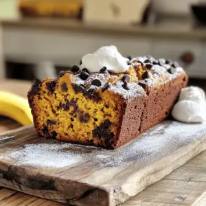 - 1 cup ripe bananas, mashed (about 2 to 3 medium bananas) - 1 cup pumpkin puree (can be canned or fresh) - 1/2 cup granulated sugar - 1/2 cup packed brown sugar Ripe bananas are key. They add sweetness and moisture. Use bananas that have brown spots. This is when they taste best. Pumpkin puree gives the bread a rich flavor. It also makes the bread moist. The sugars balance the flavors. Granulated sugar adds sweetness. Brown sugar adds depth and a slight caramel taste. - 1/2 cup vegetable oil - 2 large eggs - 1 1/2 teaspoons pure vanilla extract - 1 3/4 cups all-purpose flour - 1 teaspoon baking soda - 1/2 teaspoon baking powder - 1 teaspoon ground cinnamon - 1/2 teaspoon ground nutmeg - 1/4 teaspoon salt Vegetable oil keeps the bread moist. Eggs bind the mix and add richness. Vanilla extract gives a lovely aroma. Flour is the base. It gives structure to our bread. Baking soda and baking powder help it rise. Spices like cinnamon and nutmeg add warmth and flavor. Salt enhances all these tastes. - 1 cup chocolate chips (dark or milk) - Optional: 1/2 cup chopped walnuts or pecans Chocolate chips bring sweetness and richness. You can use dark or milk chocolate based on your taste. Nuts add crunch and texture. Walnuts or pecans are great choices. Feel free to explore and adapt. You can find the full recipe [here](#). First, preheat the oven to 350°F (175°C). This step is key for even baking. While it heats up, grab a 9x5-inch loaf pan. You can grease it with butter or use parchment paper. Parchment helps with easy removal later. In a large bowl, mash 1 cup of ripe bananas. You need about 2 to 3 medium bananas. Next, add 1 cup of pumpkin puree, 1/2 cup of granulated sugar, 1/2 cup of brown sugar, and 1/2 cup of vegetable oil. Mix these well using a whisk or spatula until everything is smooth. Then, add 2 large eggs one at a time. Mix well after each egg. Finally, stir in 1 1/2 teaspoons of pure vanilla extract until the batter is creamy. In another bowl, whisk together 1 3/4 cups of all-purpose flour, 1 teaspoon of baking soda, 1/2 teaspoon of baking powder, 1 teaspoon of ground cinnamon, 1/2 teaspoon of ground nutmeg, and 1/4 teaspoon of salt. This mix gives the bread its structure and flavor. Gradually add the dry mix into the wet ingredients, using a spatula. Stir gently just until no flour pockets are left. Be careful not to overmix. Now, fold in 1 cup of chocolate chips. You can also add 1/2 cup of chopped walnuts or pecans if you like. Pour the batter into your prepared loaf pan. Smooth the top with a spatula. Place the pan in the oven and bake for 60 to 70 minutes. To check if it's done, poke the center with a toothpick. If it comes out clean, the bread is ready. Let it cool in the pan for about 10 minutes. Then, move it to a wire rack to cool fully before slicing. For the full recipe, refer to the top of this section. To make great banana chocolate chip pumpkin bread, avoid overmixing the batter. Overmixing can make your bread tough. Mix just enough to combine the ingredients. When you add the flour, stop as soon as no dry spots remain. Ripe bananas are key to rich flavor. They should have brown spots and feel soft. This means they are sweet and ready to use. The ripe bananas add moisture and natural sweetness to the bread. Oven calibration can affect baking time. Not all ovens are the same. Check your bread after 60 minutes. A toothpick should come out clean when it is done. If it isn’t ready, bake a bit longer. Cooling time is also important. Let the bread cool in the pan for 10 minutes. Then, transfer it to a wire rack to cool completely. This step helps the bread set and makes slicing easier. For a beautiful serving, slice the bread carefully. Use a sharp knife to get clean cuts. Aim for even slices for a nice look. Garnish ideas can make your presentation pop. Dust the slices with powdered sugar for a sweet touch. You can also add a scoop of vanilla ice cream or a dollop of whipped cream on the side. These extras make the bread even more delicious. For the full recipe, check out the detailed instructions above to make this treat! {{image_4}} You can make this banana chocolate chip pumpkin bread even better. Adding spices like cloves or ginger gives it a warm kick. Just a pinch can change the whole taste. If you like nuts, try different ones. Swap walnuts for pecans or add almonds. You can also change the chocolate. Dark chocolate adds richness, while milk chocolate gives sweetness. Mixing these flavors offers fun twists to the classic recipe. Need to change the recipe? You can use gluten-free flour instead of all-purpose flour. This makes it friendly for those with gluten issues. Many brands offer great gluten-free options that work well. If you prefer vegan, use flax eggs instead of regular eggs. To make one flax egg, mix one tablespoon of ground flaxseed with three tablespoons of water and let it sit until it thickens. This swap keeps the bread moist and delicious. How you serve this bread can make it special. Spread butter or cream cheese on warm slices for a tasty treat. You can also try it with nut butter for added flavor. Some like it cold, while others enjoy it warm from the oven. It tastes great either way! Serving it warm brings out the chocolate’s gooeyness, while cold gives a nice texture. The choice is yours! For the full recipe, check out the complete cooking instructions. To keep your banana chocolate chip pumpkin bread fresh, store it properly. If you plan to eat it within a few days, place it in an airtight container at room temperature. This keeps the bread soft and tasty. Make sure to store it away from direct sunlight. If you want to keep it longer, refrigerate it. Wrap the bread in plastic wrap and place it in the fridge. This helps prevent mold and keeps it fresh for a week. You can also freeze banana chocolate chip pumpkin bread. To do this, let the loaf cool completely first. Then, wrap it tightly in plastic wrap. After that, place the wrapped loaf in a freezer bag. Be sure to squeeze out as much air as possible. This helps prevent freezer burn. You can freeze it for up to three months. When you want to enjoy your bread again, simply remove it from the freezer. Let it thaw in the fridge overnight. To warm it up, slice the bread and heat each piece in a toaster or microwave. This way, you get that fresh-baked taste anytime! For the full recipe, just check the earlier section. To tell if your bread is done, look for a few signs. The top should be golden brown and firm. You can also check with a toothpick. Insert it into the center of the loaf. If it comes out clean or with a few crumbs, your bread is ready. The edges may start to pull away from the pan. This is another good sign. Let it cool in the pan for about 10 minutes before moving it to a wire rack. Yes, you can use different flours. Here are some options: - Whole wheat flour: Adds more fiber and a nutty taste. - Almond flour: Great for a gluten-free option, but adjust the liquid. - Oat flour: Adds a mild flavor and is gluten-free if made from certified oats. - Coconut flour: Very absorbent, so you need to change the liquid ratios. Always remember to check how each flour affects the texture. Some flours may make your bread denser or dry. If you want to skip the chocolate chips, there are many tasty options. Here are a few ideas: - Dried fruit: Raisins or cranberries add sweetness and chewiness. - Nuts: Chopped walnuts or pecans add a nice crunch. - Spices: Add extra cinnamon or a bit of ginger for more flavor. - Zest: Orange or lemon zest can brighten the taste. These swaps keep the bread delicious while changing the flavor profile. Don't be afraid to get creative! Check out the Full Recipe for more guidance. This blog post shared a complete guide to making Banana Chocolate Chip Pumpkin Bread. We discussed key ingredients like ripe bananas and pumpkin puree, along with helpful baking tips. I included ways to enhance flavors and some great storage ideas, too. In the end, this bread is perfect for any time of day. Enjoy baking and try your own twists on this classic recipe! Your kitchen will smell amazing, and you’ll get a tasty treat to enjoy.
