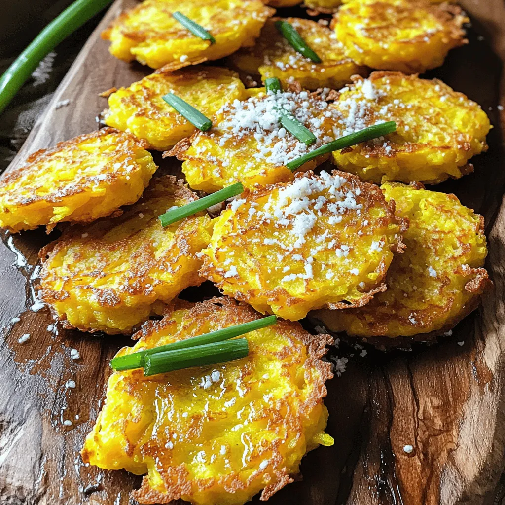 For these tasty fritters, you need: - 2 medium yellow squashes, grated - 1 cup freshly grated Parmesan cheese - 1/2 cup all-purpose flour - 2 large eggs, beaten - 1/4 cup finely chopped green onions - 2 cloves garlic, minced - 1 teaspoon dried oregano - Salt and freshly ground black pepper to taste - Olive oil for frying These ingredients create a wonderful mix of flavors. The yellow squash adds a soft texture, while the Parmesan cheese brings a nice, sharp taste. The eggs hold everything together, and the flour helps form the fritters. You can add more flavor by using: - Fresh herbs like parsley or basil - A pinch of red pepper flakes for heat - Lemon zest for a fresh twist - Grated carrots for extra sweetness These options can make your fritters even better! Fresh herbs bring brightness, while red pepper adds a kick. Lemon zest can lighten up the dish, and carrots can add a touch of sweetness. Each serving of these fritters offers: - Calories: About 200 - Protein: 10 grams - Carbohydrates: 15 grams - Fat: 12 grams These fritters pack a tasty punch while being fairly healthy. They make a great snack or side dish, and they fit well into a balanced diet. For the full recipe, check out the details above. First, wash the yellow squashes well to get rid of dirt. Use a box grater or a food processor to shred them finely. After grating, it’s important to remove the extra moisture. Place the grated squash in a clean kitchen towel. Gather the towel's edges and twist it to squeeze out liquid. This helps the fritters hold their shape when cooking. Next, grab a large mixing bowl. In it, add the drained squash, Parmesan cheese, and flour. Then, beat the eggs and add them to the bowl. Toss in the green onions, minced garlic, and oregano. Season it all with salt and pepper. Mix everything until you get a thick batter. Make sure the ingredients blend well, so every bite is full of flavor. Now, heat a non-stick skillet over medium heat. Drizzle olive oil into the skillet to coat the bottom. You want enough oil for frying but not too much. Once the skillet is hot, take about 2 tablespoons of batter. Drop it into the skillet and flatten it slightly with a spatula. Repeat this with the rest of the batter, leaving space between each fritter. Cook them for 3-4 minutes on each side until they turn golden brown and crispy. Watch the heat to prevent burning. When done, place the fritters on a paper towel-lined plate to soak up extra oil. Enjoy them warm, maybe with a sprinkle of more Parmesan or a fresh sauce. To make your Parmesan yellow squash fritters crispy, moisture control is key. After grating the squash, always squeeze out excess water. This helps the fritters hold their shape. Use a clean kitchen towel for this task. The drier the squash, the crispier the fritters will be. Also, don’t skip the frying oil. A good layer creates that golden crust you want. You can elevate the flavor of your fritters easily. Try adding fresh herbs like basil or parsley to the batter. This will bring a fresh taste. A pinch of red pepper flakes can add some heat. You might also mix in sun-dried tomatoes for a rich flavor. If you love garlic, feel free to increase the amount. It gives a great aroma and taste. Avoid using too much flour in your batter. This can make the fritters dense and heavy. Stick to the recipe for the best results. Don’t cook them on too high heat either. This might burn the outside while leaving the inside raw. Lastly, give the fritters space in the pan. Crowding can lead to steaming instead of frying. For more details, check the Full Recipe. {{image_4}} You can make gluten-free fritters easily. Just swap the all-purpose flour for gluten-free flour. This change keeps the fritters crispy and tasty. You can also use almond flour or chickpea flour. These options add nice flavors, too. Be sure to check for gluten-free labels when buying your flour. Want more flavor? Try adding spices to your fritter mix. A pinch of cayenne pepper gives heat without being too spicy. You can also add paprika for a smokier taste. Fresh herbs, like basil or parsley, can brighten the dish. Mix and match to find your favorite combination. These fritters shine when served warm. Pair them with a zesty dipping sauce for a great contrast. A simple yogurt sauce with lemon juice works well. You can also try a spicy salsa or a fresh tomato dip. Serve them as a snack or a side dish. They are perfect for picnics or gatherings. Try the Full Recipe for more details on making these delicious fritters! After you cook your Parmesan yellow squash fritters, let them cool down. I find that using an airtight container works best. Place a paper towel in the bottom to soak up any moisture. This keeps the fritters crispy. Store them in the fridge for up to three days. If you notice any sogginess, just pop them back in a pan for a quick crisp. To reheat your fritters, use a skillet over medium heat. Add a little olive oil to the pan. Place the fritters in the skillet and heat for about 2-3 minutes on each side. This brings back the crunch. You can also use an oven. Preheat it to 375°F (190°C) and bake for about 10-15 minutes. This method keeps them nice and warm without drying them out. If you want to save some fritters for later, freezing is a great option. First, let them cool completely. Lay them flat on a baking sheet and freeze for about an hour. This keeps them from sticking together. Once frozen, transfer them to a zip-top bag. They can last in the freezer for up to three months. When you’re ready to enjoy them, just reheat from frozen using the skillet method or the oven. You’ll have a tasty treat ready to eat! You can serve these fritters with many tasty sides. I love pairing them with a fresh salad. A simple arugula salad with lemon dressing works great. You can also try a yogurt sauce or a spicy aioli. Both add creamy flavors and a nice kick. If you want something heartier, serve them alongside grilled chicken or fish. These fritters also make a great snack on their own! Yes, you can make fritters ahead of time! Prepare the batter and store it in the fridge for a day. This keeps the flavors fresh. When you're ready, just cook them in a skillet. You can also cook the fritters ahead of time. Store them in an airtight container in the fridge for up to three days. Reheat them in the oven for the best crispiness. To keep your fritters from falling apart, make sure to squeeze out excess moisture from the squash. This step is key. Also, use enough flour in the batter to help bind the mixture. Be gentle when flipping the fritters in the pan. Too much force can break them. Finally, do not overcrowd the skillet. Give each fritter space to cook evenly. For the full recipe, check the detailed instructions above. They guide you through each step, ensuring you create perfect Parmesan yellow squash fritters every time. Enjoy cooking! You learned all about making delicious Parmesan Yellow Squash Fritters. We covered key ingredients, step-by-step instructions, and helpful tips. You can make variations to suit your taste and store extras for later. Remember, the right cooking techniques and ingredients can make your fritters stand out. Enjoy making these tasty snacks, and have fun experimenting with flavors. Happy frying!