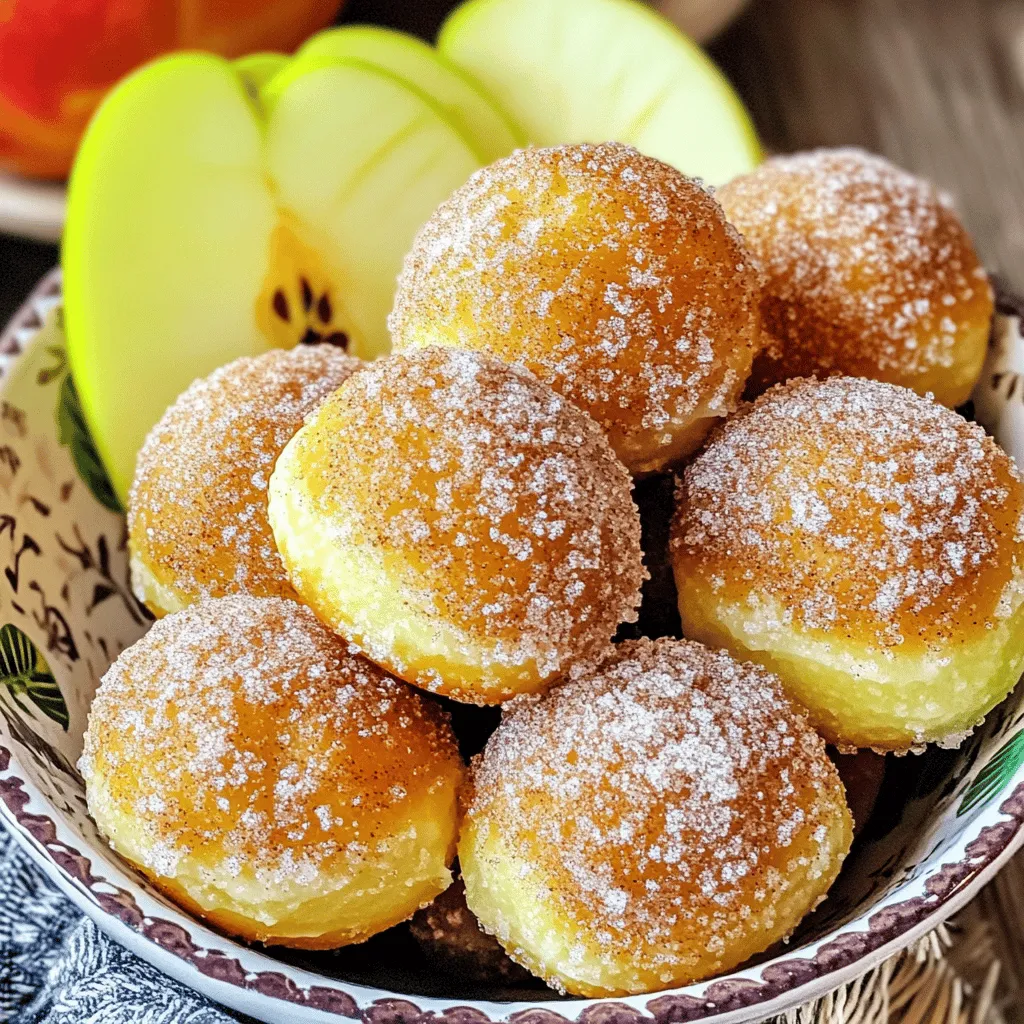 - 1 cup apple cider - 2 cups all-purpose flour - 1 cup granulated sugar (divided) - 2 teaspoons baking powder - 1 teaspoon baking soda - 1 teaspoon ground cinnamon (plus additional for rolling) - 1/2 teaspoon ground nutmeg - 1/2 teaspoon salt - 1/2 cup unsweetened applesauce - 1 large egg, at room temperature - 1 teaspoon vanilla extract - 1/4 cup unsalted butter, melted and cooled slightly - 1/2 cup granulated sugar (for rolling) - 1 tablespoon ground cinnamon (for rolling) Apple cider is the star here. It gives flavor and moisture to the doughnut holes. Reducing it concentrates the taste, making each bite a burst of apple goodness. All-purpose flour provides the base structure. It helps the doughnut holes rise and stay fluffy. Granulated sugar adds sweetness and helps achieve that lovely cinnamon sugar crust. Baking powder and baking soda are leaveners. They create bubbles when heated, making the doughnut holes light and airy. Other important players include ground cinnamon and nutmeg. They add warmth and spice, perfect for fall. Applesauce keeps the doughnut holes moist without adding extra fat. The egg binds everything together, while vanilla extract gives a lovely aroma. Lastly, melted butter enriches the doughnut holes, making them tender. If you don’t have apple cider, you can use apple juice. It won’t be as rich but works in a pinch. For a gluten-free option, try a gluten-free flour blend. You can swap unsweetened applesauce with mashed banana or yogurt for a different flavor. If you’re out of granulated sugar, brown sugar can add a deeper flavor. Lastly, for a dairy-free version, use coconut oil instead of butter. First, you need to set your oven to 350°F (175°C). This step is key for even baking. Lightly grease a mini muffin pan or use a silicone mold. This helps the doughnut holes pop out easily after baking. Next, pour your apple cider into a small saucepan. Heat it over medium heat until it gently boils. Once it boils, lower the heat and let it simmer for about 10-15 minutes. You want the cider to reduce to about 1/2 cup. Afterward, remove it from the heat and let it cool a bit. In a large bowl, whisk together the flour, 1 cup of granulated sugar, baking powder, baking soda, ground cinnamon, nutmeg, and salt. Make sure they blend well. In another bowl, mix the applesauce, egg, vanilla extract, and melted butter. Once the reduced apple cider cools slightly, add it to the wet ingredients. Mix everything until it is well combined. Now, gradually pour the wet mixture into the dry ingredients. Stir gently with a spatula, but don't overmix. A few lumps are perfectly fine. Use a small cookie scoop or spoon to fill each mold about two-thirds full. Bake them for 10-12 minutes. To check for doneness, insert a toothpick. If it comes out clean, they are ready. Let the doughnut holes cool in the pan for about 5 minutes, then move them to a wire rack. While the doughnut holes cool, mix the remaining 1/2 cup of sugar with 1 tablespoon of cinnamon in a shallow bowl. While the doughnut holes are still warm, roll each one in the cinnamon-sugar mixture. This adds a sweet touch. Serve them warm or let them cool. Enjoy every bite of these baked cinnamon sugar apple cider doughnut holes! For the full recipe, refer back to the main section. For the best doughnut holes, use fresh apple cider. It adds a rich taste. Reduce the cider well for a concentrated flavor. I often let it simmer until it thickens slightly. This gives your doughnut holes a delightful apple punch. Mix dry ingredients thoroughly to ensure even flavor. When mixing wet and dry, stir gently. Overmixing makes them tough, which we want to avoid. To bake evenly, fill each mold two-thirds full. This helps them rise properly. If you use a mini muffin pan, rotate it halfway through baking. This step ensures even heat. A toothpick test is key. Insert it in the center; it should come out clean. If it’s sticky, give them a few more minutes. Store any leftover doughnut holes in an airtight container. They stay fresh for a few days at room temperature. If you want them crispy again, warm them briefly in the oven. You can also freeze them for later. Just place cooled doughnut holes in a freezer bag. They can last up to three months. When ready, thaw and warm them. Enjoy them fresh like the day you made them! For the full recipe, check it out [Full Recipe]. {{image_4}} You can make these doughnut holes even sweeter with a tasty glaze. A simple glaze of powdered sugar and milk works well. Just mix one cup of powdered sugar with two tablespoons of milk until smooth. Drizzle this over your doughnut holes for a lovely finish. You can also add vanilla or almond extract for extra flavor. If you prefer frosting, a cream cheese frosting pairs nicely. Just blend cream cheese, powdered sugar, and a splash of vanilla for a rich topping. Feel free to get creative with flavors! Try adding a teaspoon of orange zest to the batter for a citrus twist. You can also use other spices like cardamom or ginger for a unique taste. Another option is to mix in chocolate chips or nuts, like walnuts or pecans. These additions can make your doughnut holes more exciting and personal. If you need gluten-free doughnut holes, use almond or coconut flour instead of all-purpose flour. Make sure to adjust the liquid as needed since these flours absorb moisture differently. For vegan options, you can replace the egg with a flaxseed egg. Just mix one tablespoon of ground flaxseed with three tablespoons of water and let it sit for a few minutes. Replace the butter with coconut oil or a vegan butter substitute. These swaps help everyone enjoy these delicious treats! For the full recipe, check out the section above. To make your baked cinnamon sugar apple cider doughnut holes shine, choose a beautiful bowl or plate. Arrange the doughnut holes in a circle or pyramid shape. This adds a nice touch. Dust them with extra cinnamon sugar to catch the eye. Add fresh apple slices around the doughnuts for color and freshness. These doughnut holes go well with many drinks. Hot apple cider enhances the apple flavor. A cup of coffee or chai tea also pairs nicely. For a fun twist, serve with a scoop of vanilla ice cream. It creates a tasty dessert combo that everyone will love. At your next party, serve these doughnut holes in mini paper bags. This makes for a cute, grab-and-go treat. You can also create a doughnut hole bar. Offer different toppings like chocolate sauce or sprinkles. Encourage guests to personalize their doughnut holes for added fun. You can make the doughnut holes in advance. After baking, let them cool completely. Store them in an airtight container. They stay fresh for about two days at room temperature. If you want to keep them longer, put them in the fridge for up to a week. You can reheat them in the oven for a few minutes before serving. Leftover apple cider has many uses. You can make a warm apple cider drink by heating it with spices. Use it in pancakes or waffles for added flavor. You can also add it to marinades for meats. Another fun idea is to freeze it in ice cube trays. These cubes can spice up your drinks later! Yes, you can freeze baked doughnut holes. Allow them to cool down first. Place them in a single layer on a baking sheet. Freeze them for about an hour, then transfer to a freezer bag. They can last for up to three months. To enjoy, thaw them in the fridge overnight and warm them up in the oven. Yes, this recipe contains common allergens. It has wheat (from flour), eggs, and dairy (from butter). If you are allergic to any of these, you can make swaps. Use gluten-free flour for wheat, applesauce for eggs, and a dairy-free butter alternative. Always check labels for hidden allergens. To check if the doughnut holes are baked, insert a toothpick into the center. If it comes out clean, they are done. The doughnut holes should feel firm to the touch. If they are still doughy, bake them for an extra minute or two. Keep an eye on them to avoid overbaking. This article covered how to make tasty apple cider doughnut holes. You learned about the key ingredients, preparation steps, and useful tips for great texture. We explored fun variations and serving ideas, ensuring every bite is special. Now, you have all the tools to create your own delicious treats. Enjoy baking and sharing your doughnut holes with friends and family!