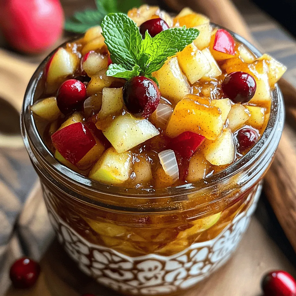 To make a tasty apple chutney, you will need the following: - 4 medium apples, peeled, cored, and diced into small chunks - 1 cup onion, finely chopped - 1 cup brown sugar, packed - 1/2 cup apple cider vinegar - 1 teaspoon freshly grated ginger - 1 teaspoon ground cinnamon - 1/2 teaspoon ground allspice - 1/2 teaspoon ground cloves - 1/2 teaspoon mustard seeds - Salt, to taste - 1 cup dried cranberries - 1 tablespoon olive oil You can also add optional ingredients for extra flavor, like chopped nuts or a pinch of chili flakes. These can add a nice crunch or a bit of heat, making your chutney even more delightful. This full recipe gives you all the details to create a flavorful dish you’ll love. Start by heating the olive oil in a large saucepan over medium heat. Wait until it shimmers, then add your finely chopped onions. Sauté the onions for about five minutes. Stir them often to keep them from browning. The goal is to make them soft and clear. This step is key for building flavor. If the heat is too high, the onions may burn, which can ruin the taste of your chutney. Once the onions are ready, it’s time to add the diced apples. Stir them in well. Next, add the brown sugar, apple cider vinegar, freshly grated ginger, ground cinnamon, ground allspice, ground cloves, and mustard seeds. Mix everything together so the flavors blend. Increase the heat to bring the mixture to a gentle boil. When it bubbles, reduce the heat to low. You will simmer it uncovered for 30 to 40 minutes. Stir it every so often. The apples will soften, and the chutney will thicken. Look for the apples to break down and the mixture to coat the back of a spoon. About ten minutes before you finish cooking, add the dried cranberries to the pan. Stir them in well. This timing is important. Adding them too soon can make them mushy. When you add them later, they stay chewy and enhance the flavor and texture. The chutney will become even more delicious with their sweet tang. To make your apple chutney truly shine, you need to balance sweetness and acidity. I suggest starting with the brown sugar. You want it sweet but not overly so. If the chutney feels too sweet, add a splash of apple cider vinegar. This will add a nice tang. Spices can make a big difference too. Ground cinnamon is a must. It gives warmth. I love adding ground allspice and cloves for depth. If you want more heat, try mustard seeds or a pinch of cayenne pepper. Each spice brings its own flair. You need a few essential tools to make this chutney. A large saucepan is key for cooking. A wooden spoon helps you stir and mix well. You also need a sharp knife and cutting board for chopping. When it comes to storage, use clean glass jars with tight lids. They keep the chutney fresh. You can also use freezer-safe containers if you want to freeze some. Make sure to leave space at the top, as chutney expands when frozen. {{image_4}} You can change up your apple chutney with different fruits or spices. Try adding pears or peaches instead of apples. You can mix in some dried apricots for a sweet twist. If you want more heat, add a few diced jalapeños or a pinch of cayenne pepper. For a sweeter chutney, use extra brown sugar or mix in honey. This lets you make the chutney fit your taste perfectly. Making this chutney gluten-free is easy. All the ingredients are naturally gluten-free. Just check any spice blends you use to ensure they are safe. To make it vegan, simply replace the brown sugar with coconut sugar or maple syrup. This keeps the chutney tasting great. If you're watching your sugar intake, you can reduce the amount of brown sugar. You might want to add extra apples or cranberries to keep it flavorful. To keep your apple chutney fresh, use glass or plastic jars. Glass jars work best as they do not absorb flavors. Make sure the containers are clean and dry before filling them. Store the chutney in the fridge for up to two weeks. If you can the chutney, it can last for a year or more when sealed properly. Freezing apple chutney is easy. First, let the chutney cool completely. Next, pour it into freezer-safe bags or containers. Make sure to leave some space for expansion. Seal the bags tight and label them with the date. When you want to use it, take the chutney out of the freezer. Thaw it in the fridge overnight for best results. You can also thaw it in a bowl of cold water if you need it sooner. After thawing, give it a good stir before using. Enjoy your tasty chutney with your favorite dishes! Apple chutney pairs well with many dishes. It works great with: - Grilled meats like chicken or pork - Cheese platters, especially sharp cheeses - Sandwiches, adding a tasty zing - Savory pastries for extra flavor - Curries, enhancing the spice profile This chutney adds a sweet and tangy kick to your meals. Homemade apple chutney can last quite a while. When stored in the fridge, it stays fresh for about 2 to 3 weeks. If you can it properly, it can last for up to a year when kept in a cool, dark place. Be sure to check for any signs of spoilage before using. Yes, making apple chutney ahead of time is a great idea. You can prepare it up to a week in advance. Store it in airtight jars in the fridge. This allows the flavors to meld together, making it even tastier. Just be sure to let it cool completely before sealing. Apple chutney and apple sauce are not the same. Chutney is thicker, with chunks of fruit. It has spices and vinegar, giving it a sweet, tangy, and spicy flavor. Apple sauce is smooth and sweet, often eaten as a dessert or snack. Use chutney to add flavor to savory dishes, while apple sauce is best for sweet treats. This blog post covered how to make apple chutney from scratch. I shared detailed ingredient lists and step-by-step cooking instructions. You learned how to adjust flavors, use the right tools, and explore variations to suit your taste. Proper storage tips ensure your chutney stays fresh. Apple chutney is a fun way to add flavor to meals. Try making it your own with different fruits or spices. Enjoy your tasty creation!