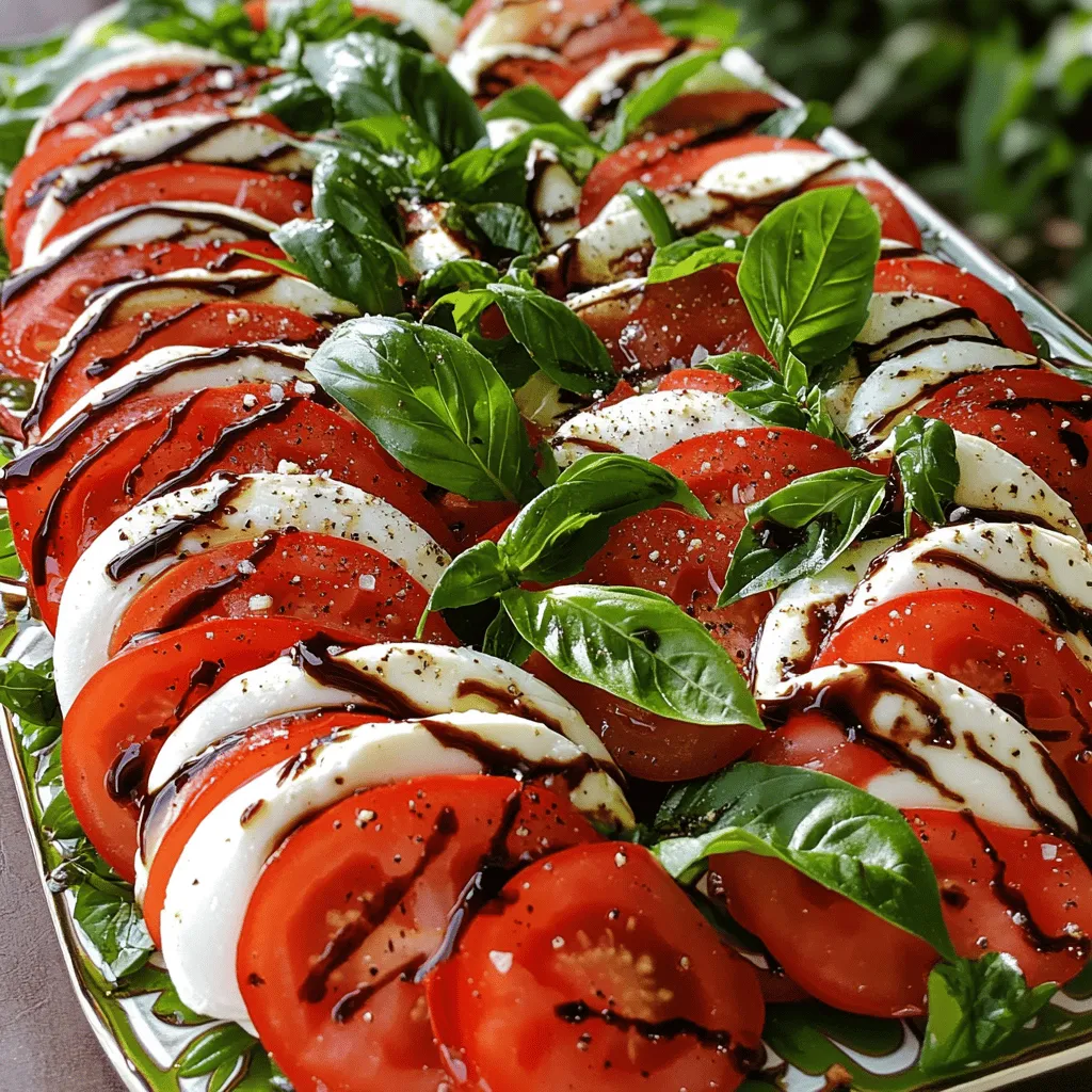 To create a perfect Caprese salad, you need fresh ingredients. Here’s what you’ll need: - 4 ripe tomatoes, sliced into 1/4-inch thick rounds - 8 ounces fresh mozzarella cheese, sliced into 1/4-inch thick rounds - 1 cup fresh basil leaves, washed and patted dry - 1/4 cup balsamic glaze, for drizzling - 2 tablespoons extra virgin olive oil, for drizzling - Sea salt and freshly ground black pepper, to taste For the best flavor, choose ripe, juicy tomatoes. Look for tomatoes that feel heavy for their size. Varieties like heirloom or beefsteak work great. Their taste is rich and sweet. When it comes to mozzarella, fresh is key. Look for mozzarella packed in water or brine. It should feel soft and moist. Avoid pre-shredded mozzarella, as it lacks flavor and texture. Not all balsamic glazes are created equal. Look for a glaze that is thick and sweet. A good balsamic glaze should have a rich flavor and not be overly vinegary. Check the label for quality ingredients. For a homemade option, you can reduce balsamic vinegar on the stove until it thickens. This process enhances the flavor and gives a nice touch to your salad. For the complete recipe, check out the Full Recipe. Start with ripe tomatoes. They should be firm but slightly soft to the touch. Slice them into 1/4-inch thick rounds. Next, grab fresh mozzarella cheese. Slice it the same way, also into 1/4-inch thick rounds. The key here is to have even slices. This helps with looks and taste. Take a large platter. Begin to lay down the tomato and mozzarella slices. Alternate each slice and slightly overlap them. It creates a lovely visual. Once you have a good base, tuck fresh basil leaves between the slices. The bright green looks great and adds an amazing smell. Now comes the fun part! Drizzle extra virgin olive oil over the salad. Do it evenly to cover all the slices. Then, use a spoon to drizzle balsamic glaze in a zigzag pattern. This adds sweetness and makes it pretty. Lastly, sprinkle some sea salt and freshly ground black pepper. This step boosts the natural flavors. Let the salad sit for about 5 minutes. This allows the flavors to blend nicely. For the full recipe, check out the details above. To make the best Caprese salad, use fresh ingredients. Choose ripe tomatoes. They should smell sweet and feel slightly soft. For mozzarella, select fresh, creamy cheese. Look for the type packed in water. This keeps it moist and flavorful. Always slice the cheese and tomatoes evenly. This helps the salad look appealing. Tuck in the basil leaves gently. They add color and great aroma. Avoid using bland tomatoes. They ruin the dish's taste. Skip pre-sliced mozzarella too. It often lacks flavor and texture. Don’t forget to drizzle olive oil and balsamic glaze. These add richness and depth. Lastly, don’t over-season. A little salt and pepper go a long way. Caprese salad pairs well with crusty bread. A toasted baguette enhances the experience. Serve it with a light white wine, like Pinot Grigio. This balances the salad's flavors. For a fun twist, add fresh fruit like peaches or strawberries. They bring a sweet note to the dish. Try these ideas to elevate your Caprese salad. For the full recipe, check out the Caprese Delight section. {{image_4}} You can easily add pesto to your Caprese salad. Just drizzle some over the top. This adds a rich, herb flavor that enhances the tomatoes and mozzarella. Use fresh basil pesto for the best taste. If you want a twist, try sun-dried tomato pesto. It gives a unique, tangy flavor. Grilling can bring new life to your Caprese salad. You can grill the tomato slices for a smoky taste. Just brush them with olive oil before grilling. Grilled mozzarella adds a nice, melted texture. You can even grill the basil leaves for a charred taste. This mix of flavors makes a fun summer dish! Don't be afraid to mix things up! You can use heirloom tomatoes for different colors. They can add red, yellow, and even purple hues to your dish. You can swap mozzarella for burrata for a creamier texture. For added crunch, try adding sliced cucumbers or bell peppers. These changes keep the dish fresh and exciting. Check out the Full Recipe for more ideas! To keep your Caprese salad fresh, store it in an airtight container. This helps prevent moisture loss. If you have leftover slices, use parchment paper to separate them. This keeps the tomato and mozzarella from sticking together. Always refrigerate your salad to keep it cool and tasty. For the best flavor, use fresh ingredients. Keep tomatoes at room temperature for better taste. Store mozzarella in its liquid in the refrigerator. Basil should stay in a glass of water, like a bouquet. Cover it lightly with a plastic bag. This keeps it fresh and vibrant. You can get creative with any leftover ingredients. Use spare mozzarella in sandwiches or wraps. Toss leftover tomatoes into pasta or omelets. Basil can add flavor to sauces or soups. These ideas help you waste less and enjoy more delicious meals! For the complete recipe, check out the Full Recipe. The best type of mozzarella for Caprese salad is fresh mozzarella. This cheese has a soft texture and rich taste. Look for mozzarella packed in water or whey. This keeps it moist and flavorful. You can find it in most grocery stores. Burrata is another great option if you want creaminess. You can make Caprese salad a bit ahead of time. However, I recommend waiting to add the balsamic glaze and olive oil until serving. This keeps the salad fresh and prevents sogginess. You can slice the tomatoes and mozzarella in advance. Just store them in the fridge until you are ready to serve. Making balsamic glaze at home is easy. Start with one cup of balsamic vinegar. Pour it into a small saucepan over medium heat. Let it simmer, stirring often, until it reduces by half. This usually takes about 10 to 15 minutes. The glaze should be thick and syrupy. Allow it to cool before drizzling over your Caprese salad. For the full recipe, check out the Caprese Delight section above. You've learned how to make a great Caprese salad. We covered fresh ingredients, quality tomatoes, and the best mozzarella. I shared tips on preparation and beautiful presentation. You now know about common mistakes and how to store your salad. Remember, you can try variations like pesto or grilled options for fun flavors. Enjoy your salad making! Fresh ingredients and smart tips will take your dish to the next level. Happy cooking!